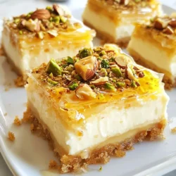 - 1 cup crushed phyllo dough - 1/2 cup unsalted butter, melted - 1/2 cup finely chopped walnuts - 1/2 cup finely chopped pistachios - 1 teaspoon ground cinnamon - 1 cup cream cheese, softened - 3/4 cup granulated sugar - 2 large eggs - 1 teaspoon vanilla extract - 1/2 cup Greek yogurt - 1/4 cup honey - 1/4 cup water - Extra nuts for garnish (optional) To make Baklava Cheesecake Bars, you need a few key ingredients. First, crushed phyllo dough gives the bars a crunchy base. You will blend this with melted unsalted butter to create a rich crust. Next, use finely chopped walnuts and pistachios to add texture and flavor. Ground cinnamon brings warmth and spice to the mix. For the creamy filling, soften cream cheese before combining it with granulated sugar. This mix adds sweetness and a smooth texture. You will also need large eggs to help set the cheesecake. Vanilla extract and Greek yogurt will enhance the flavor and creaminess. Finally, make a sweet honey syrup with honey and water. Drizzling this over the bars adds a sticky, sweet finish. Optional garnishes can include extra nuts for a lovely touch and extra crunch. Gather these ingredients, and you are ready to create a delicious treat! {{ingredient_image_1}} 1. Preheat your oven to 350°F (175°C). Line an 8x8-inch baking pan with parchment paper. Leave some paper hanging for easy removal later. 2. Create the phyllo crust. In a bowl, mix 1 cup of crushed phyllo dough and 1/2 cup of melted unsalted butter. Press the mixture firmly into the bottom of your pan. Make sure it is even and tightly packed. 3. Prepare the nut mixture. In another bowl, combine 1/2 cup of finely chopped walnuts, 1/2 cup of finely chopped pistachios, and 1 teaspoon of ground cinnamon. Sprinkle half of this mixture over the phyllo crust. 1. Mix the cream cheese filling. In a large bowl, beat 1 cup of softened cream cheese with 3/4 cup of granulated sugar until smooth. 2. Add the eggs one at a time, mixing well after each one. Then stir in 1 teaspoon of vanilla extract and 1/2 cup of Greek yogurt. Make sure everything is well combined. 3. Pour the filling over the crust in the baking pan. Spread it evenly with a spatula. 1. Top with nuts and bake. Sprinkle the remaining nut mixture over the cream cheese filling. Bake in the preheated oven for 30-35 minutes. Look for the edges to be set while the center jiggles slightly. 2. Make the honey syrup. In a small saucepan, mix 1/4 cup of honey and 1/4 cup of water. Bring it to a boil. Reduce the heat and let it simmer for about 5 minutes. Set it aside to cool. 3. Cool and cut the bars. Once the cheesecake is done baking, let it cool completely in the pan. Drizzle the honey syrup over the top while it's still warm. This helps the syrup soak in. After cooling, refrigerate for at least 2 hours. Finally, lift out using the parchment paper and slice into squares or bars. To get the best texture, keep an eye on the baking time. Bake these bars for 30 to 35 minutes. You want the edges set, while the center should still jiggle slightly. This keeps them creamy and rich. Avoid overbaking. If you leave them in too long, they become dry. Check a few minutes before the timer goes off. Trust me; a little jiggling is good! Adding spices can boost the flavor. Try a pinch of nutmeg for warmth or cardamom for a twist. Vanilla extract also adds depth; use a high-quality brand for the best taste. You can customize the nuts in your bars. If you love almonds, swap them for walnuts. Pecans also work well. Mix and match to find your favorite combo! To make your bars look nice, serve them on a pretty platter. Top with chopped nuts for crunch and a drizzle of honey for sweetness. This adds a nice touch and makes them more appealing. For extra flair, sprinkle some cinnamon on top. You can also add fresh mint leaves for color. These little details make your Baklava Cheesecake Bars shine! Pro Tips Use Fresh Ingredients: For the best flavor, make sure your cream cheese and yogurt are fresh. This will enhance the creaminess and overall taste of your cheesecake bars. Perfect the Phyllo Crust: When pressing the phyllo dough, ensure it's tightly packed to prevent it from becoming too crumbly after baking. A firm crust will hold the filling better. Chill Before Serving: Allow the bars to set in the refrigerator for at least two hours. This helps the flavors meld and makes slicing easier. Garnish Creatively: Don’t hesitate to get creative with your garnishes! Additional chopped nuts, a sprinkle of cinnamon, or a dollop of whipped cream can elevate the presentation and flavor. {{image_2}} You can easily make gluten-free Baklava Cheesecake Bars. Instead of phyllo dough, use gluten-free pastry dough. This swap keeps your crust crispy and delicious. For a dairy-free option, replace the cream cheese with a plant-based cream cheese. You can also use coconut yogurt instead of Greek yogurt. These changes let everyone enjoy this treat. You can switch up the nuts in this recipe. Try using almonds, pecans, or hazelnuts instead of walnuts and pistachios. Each nut brings a unique taste. For a fruity twist, add fresh berries or sliced peaches to the cream cheese layer. You can also try adding orange or lemon zest to brighten the flavor. These bars go well with a cup of coffee or tea. Serve them with a scoop of vanilla ice cream for a fun dessert. For a touch of elegance, plate them with fresh mint leaves. You can also drizzle extra honey on top for sweetness. Try serving them at parties for a delightful treat that will impress your guests. To keep your Baklava Cheesecake Bars fresh, store them in the fridge. Place the bars in an airtight container. This keeps them moist and tasty. If you plan to eat them later, you can freeze them. Cut the bars into squares first. Wrap each square in plastic wrap and then place them in a freezer bag. This way, they stay safe and won’t get freezer burn. How long do Baklava Cheesecake Bars last? When stored in the fridge, they can last up to one week. If you freeze them, they can stay good for about three months. Just remember to thaw them in the fridge overnight before eating. To enjoy your Baklava Cheesecake Bars warm, reheat them gently. Preheat your oven to 300°F (150°C). Place the bars on a baking sheet. Heat them for about 10-15 minutes. This method helps keep the texture creamy and delicious. Avoid using the microwave, as it can make the bars too soft or soggy. Enjoy your sweet treat! Can I make this recipe ahead of time? Yes, you can make these bars a day ahead. Just store them in the fridge. This allows the flavors to blend. What’s the best way to cut chewy cheesecake bars? Use a sharp knife. Dip it in hot water and wipe it dry. This helps make clean cuts. How can I make my cheesecake bars less sweet? You can reduce the sugar. Try cutting it by a quarter cup. Adding more Greek yogurt also helps balance the sweetness. Is it normal for my cheesecake to jiggle? Yes, it is. A slight jiggle in the center shows it is not overbaked. The bars will firm up as they cool. Can I substitute Greek yogurt? Yes, you can use sour cream instead. It gives a similar tangy flavor and smooth texture. What can I use instead of phyllo dough? You can use crushed graham crackers or shortbread cookies. They make a tasty base for your bars. What should I do if my cheesecake cracks? If it cracks, don’t worry! You can cover it with toppings like nuts or honey. This hides the cracks. How can I tell when cheesecake is done baking? Check the edges. They should be set while the center is still slightly jiggly. This means it is done. You learned the key ingredients for Baklava Cheesecake Bars. We covered preparation, filling, and baking steps. Tips shared help ensure perfect texture and flavor. You now know how to store leftovers and answer common questions. These bars are fun to make and share. With your new skills, impress your friends and family. Enjoy your delicious creation! Happy baking!