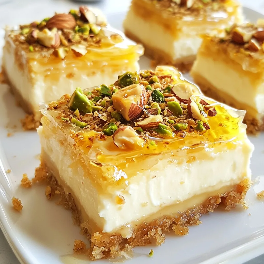 - 1 cup crushed phyllo dough - 1/2 cup unsalted butter, melted - 1/2 cup finely chopped walnuts - 1/2 cup finely chopped pistachios - 1 teaspoon ground cinnamon - 1 cup cream cheese, softened - 3/4 cup granulated sugar - 2 large eggs - 1 teaspoon vanilla extract - 1/2 cup Greek yogurt - 1/4 cup honey - 1/4 cup water - Extra nuts for garnish (optional) To make Baklava Cheesecake Bars, you need a few key ingredients. First, crushed phyllo dough gives the bars a crunchy base. You will blend this with melted unsalted butter to create a rich crust. Next, use finely chopped walnuts and pistachios to add texture and flavor. Ground cinnamon brings warmth and spice to the mix. For the creamy filling, soften cream cheese before combining it with granulated sugar. This mix adds sweetness and a smooth texture. You will also need large eggs to help set the cheesecake. Vanilla extract and Greek yogurt will enhance the flavor and creaminess. Finally, make a sweet honey syrup with honey and water. Drizzling this over the bars adds a sticky, sweet finish. Optional garnishes can include extra nuts for a lovely touch and extra crunch. Gather these ingredients, and you are ready to create a delicious treat! {{ingredient_image_1}} 1. Preheat your oven to 350°F (175°C). Line an 8x8-inch baking pan with parchment paper. Leave some paper hanging for easy removal later. 2. Create the phyllo crust. In a bowl, mix 1 cup of crushed phyllo dough and 1/2 cup of melted unsalted butter. Press the mixture firmly into the bottom of your pan. Make sure it is even and tightly packed. 3. Prepare the nut mixture. In another bowl, combine 1/2 cup of finely chopped walnuts, 1/2 cup of finely chopped pistachios, and 1 teaspoon of ground cinnamon. Sprinkle half of this mixture over the phyllo crust. 1. Mix the cream cheese filling. In a large bowl, beat 1 cup of softened cream cheese with 3/4 cup of granulated sugar until smooth. 2. Add the eggs one at a time, mixing well after each one. Then stir in 1 teaspoon of vanilla extract and 1/2 cup of Greek yogurt. Make sure everything is well combined. 3. Pour the filling over the crust in the baking pan. Spread it evenly with a spatula. 1. Top with nuts and bake. Sprinkle the remaining nut mixture over the cream cheese filling. Bake in the preheated oven for 30-35 minutes. Look for the edges to be set while the center jiggles slightly. 2. Make the honey syrup. In a small saucepan, mix 1/4 cup of honey and 1/4 cup of water. Bring it to a boil. Reduce the heat and let it simmer for about 5 minutes. Set it aside to cool. 3. Cool and cut the bars. Once the cheesecake is done baking, let it cool completely in the pan. Drizzle the honey syrup over the top while it's still warm. This helps the syrup soak in. After cooling, refrigerate for at least 2 hours. Finally, lift out using the parchment paper and slice into squares or bars. To get the best texture, keep an eye on the baking time. Bake these bars for 30 to 35 minutes. You want the edges set, while the center should still jiggle slightly. This keeps them creamy and rich. Avoid overbaking. If you leave them in too long, they become dry. Check a few minutes before the timer goes off. Trust me; a little jiggling is good! Adding spices can boost the flavor. Try a pinch of nutmeg for warmth or cardamom for a twist. Vanilla extract also adds depth; use a high-quality brand for the best taste. You can customize the nuts in your bars. If you love almonds, swap them for walnuts. Pecans also work well. Mix and match to find your favorite combo! To make your bars look nice, serve them on a pretty platter. Top with chopped nuts for crunch and a drizzle of honey for sweetness. This adds a nice touch and makes them more appealing. For extra flair, sprinkle some cinnamon on top. You can also add fresh mint leaves for color. These little details make your Baklava Cheesecake Bars shine! Pro Tips Use Fresh Ingredients: For the best flavor, make sure your cream cheese and yogurt are fresh. This will enhance the creaminess and overall taste of your cheesecake bars. Perfect the Phyllo Crust: When pressing the phyllo dough, ensure it's tightly packed to prevent it from becoming too crumbly after baking. A firm crust will hold the filling better. Chill Before Serving: Allow the bars to set in the refrigerator for at least two hours. This helps the flavors meld and makes slicing easier. Garnish Creatively: Don’t hesitate to get creative with your garnishes! Additional chopped nuts, a sprinkle of cinnamon, or a dollop of whipped cream can elevate the presentation and flavor. {{image_2}} You can easily make gluten-free Baklava Cheesecake Bars. Instead of phyllo dough, use gluten-free pastry dough. This swap keeps your crust crispy and delicious. For a dairy-free option, replace the cream cheese with a plant-based cream cheese. You can also use coconut yogurt instead of Greek yogurt. These changes let everyone enjoy this treat. You can switch up the nuts in this recipe. Try using almonds, pecans, or hazelnuts instead of walnuts and pistachios. Each nut brings a unique taste. For a fruity twist, add fresh berries or sliced peaches to the cream cheese layer. You can also try adding orange or lemon zest to brighten the flavor. These bars go well with a cup of coffee or tea. Serve them with a scoop of vanilla ice cream for a fun dessert. For a touch of elegance, plate them with fresh mint leaves. You can also drizzle extra honey on top for sweetness. Try serving them at parties for a delightful treat that will impress your guests. To keep your Baklava Cheesecake Bars fresh, store them in the fridge. Place the bars in an airtight container. This keeps them moist and tasty. If you plan to eat them later, you can freeze them. Cut the bars into squares first. Wrap each square in plastic wrap and then place them in a freezer bag. This way, they stay safe and won’t get freezer burn. How long do Baklava Cheesecake Bars last? When stored in the fridge, they can last up to one week. If you freeze them, they can stay good for about three months. Just remember to thaw them in the fridge overnight before eating. To enjoy your Baklava Cheesecake Bars warm, reheat them gently. Preheat your oven to 300°F (150°C). Place the bars on a baking sheet. Heat them for about 10-15 minutes. This method helps keep the texture creamy and delicious. Avoid using the microwave, as it can make the bars too soft or soggy. Enjoy your sweet treat! Can I make this recipe ahead of time? Yes, you can make these bars a day ahead. Just store them in the fridge. This allows the flavors to blend. What’s the best way to cut chewy cheesecake bars? Use a sharp knife. Dip it in hot water and wipe it dry. This helps make clean cuts. How can I make my cheesecake bars less sweet? You can reduce the sugar. Try cutting it by a quarter cup. Adding more Greek yogurt also helps balance the sweetness. Is it normal for my cheesecake to jiggle? Yes, it is. A slight jiggle in the center shows it is not overbaked. The bars will firm up as they cool. Can I substitute Greek yogurt? Yes, you can use sour cream instead. It gives a similar tangy flavor and smooth texture. What can I use instead of phyllo dough? You can use crushed graham crackers or shortbread cookies. They make a tasty base for your bars. What should I do if my cheesecake cracks? If it cracks, don’t worry! You can cover it with toppings like nuts or honey. This hides the cracks. How can I tell when cheesecake is done baking? Check the edges. They should be set while the center is still slightly jiggly. This means it is done. You learned the key ingredients for Baklava Cheesecake Bars. We covered preparation, filling, and baking steps. Tips shared help ensure perfect texture and flavor. You now know how to store leftovers and answer common questions. These bars are fun to make and share. With your new skills, impress your friends and family. Enjoy your delicious creation! Happy baking!