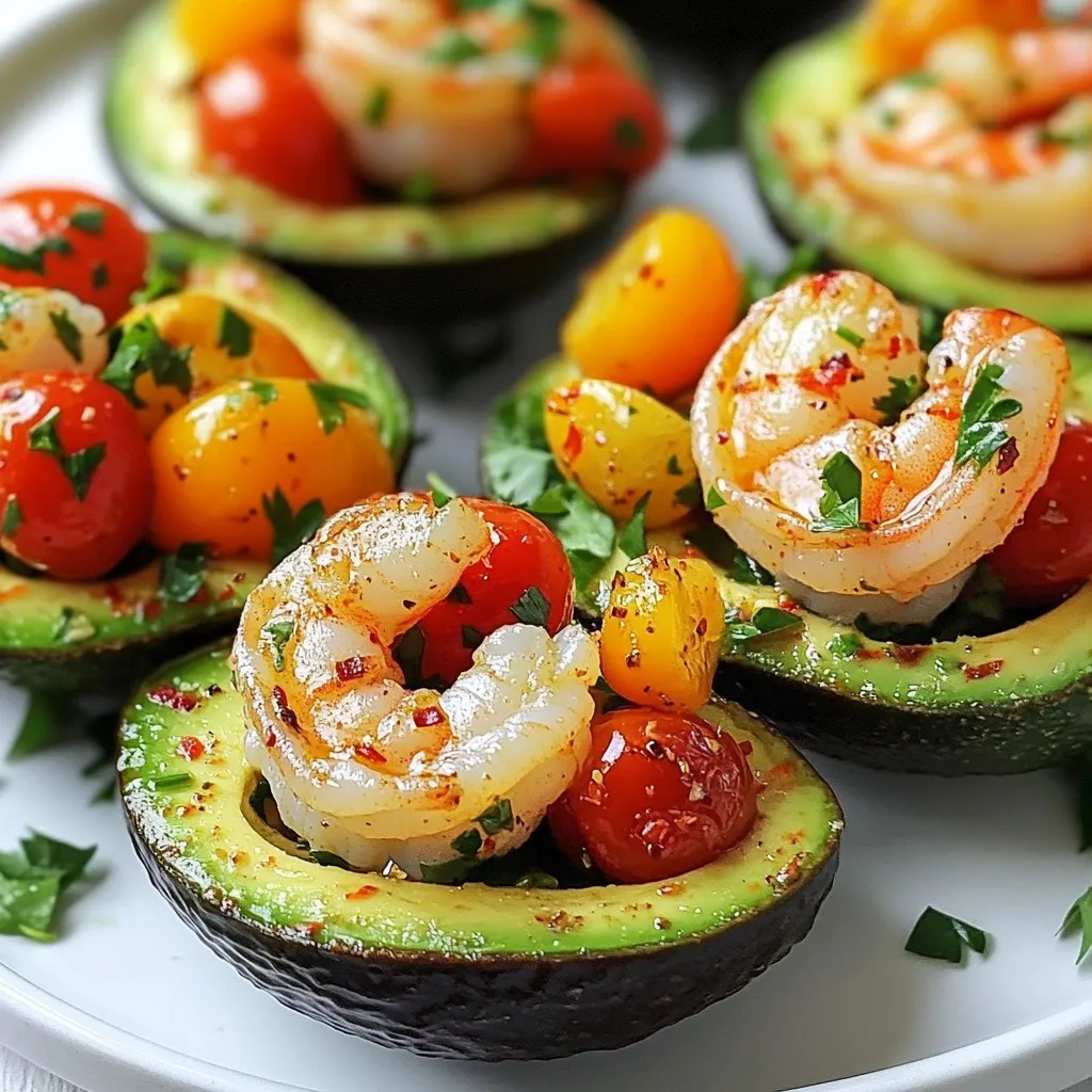 - 2 ripe avocados - 1 pound large shrimp, peeled and deveined - 4 cloves garlic, minced - 1 tablespoon olive oil - 1 tablespoon lemon juice - 1/2 teaspoon red pepper flakes - Salt and black pepper to taste - 1/4 cup cherry tomatoes, quartered - 2 tablespoons fresh cilantro, chopped - 1/4 teaspoon paprika (for garnish) To make the best garlic shrimp stuffed avocados, use fresh and high-quality ingredients. Choose ripe avocados that yield slightly to pressure. This means they are ready to eat. For shrimp, look for large, firm, and translucent pieces. Fresh shrimp should smell like the sea, not fishy. Minced garlic adds a strong flavor. Use fresh garlic cloves for the best taste. Cherry tomatoes should be bright and firm for a sweet burst. Lastly, pick fresh cilantro for a vibrant touch. You can customize your stuffed avocados easily. For a spicy kick, add more red pepper flakes or diced jalapeños. If you want a different flavor, try lime juice instead of lemon juice. For a creamy texture, mix in some Greek yogurt or sour cream. If you prefer a vegetarian option, use chickpeas instead of shrimp. You can also swap the cherry tomatoes for diced bell peppers or corn for a sweeter taste. {{ingredient_image_1}} First, gather your shrimp and ingredients. Place the peeled and deveined shrimp in a medium bowl. Add the olive oil, minced garlic, lemon juice, red pepper flakes, salt, and black pepper. Mix everything well. This step ensures every shrimp gets good flavor. Heat a skillet over medium-high heat. Add the shrimp and cook for 2-3 minutes on each side. The shrimp should turn pink and opaque. Once cooked, remove them from heat and let them cool slightly. Next, take your ripe avocados. Cut each avocado in half lengthwise. Carefully remove the pits. Use a spoon to scoop out some flesh. This creates space for your shrimp filling. Set the scooped-out avocado flesh aside. You’ll mix it back into the shrimp later. Now, it’s time to put it all together. Chop the scooped avocado flesh. Add it to the bowl with the shrimp. Toss in the quartered cherry tomatoes and chopped cilantro. Stir gently to combine all ingredients. Take each avocado half and fill it with the shrimp mixture. Pack it in gently for a nice presentation. Finally, sprinkle paprika on top to add color and flavor. Enjoy your delicious garlic shrimp stuffed avocados! To cook shrimp well, heat your skillet to medium-high first. This helps shrimp cook evenly. You want them pink and opaque, which takes about 2-3 minutes on each side. Don’t overcrowd the pan; cook in batches if needed. This keeps the shrimp juicy and tender. After cooking, let them cool slightly before mixing with the avocado. Select ripe avocados for this dish. They should feel soft but not mushy when you gently squeeze them. If they are too hard, they won’t scoop easily. If they are too soft, they may be overripe. When you cut them, look for a nice green color inside. This means they are fresh and ready to use. To make your stuffed avocados even tastier, think about adding extras. You can mix in some diced red onion or bell peppers for crunch. A splash of lime juice adds a nice zing. If you like heat, increase the red pepper flakes. Fresh herbs like parsley or basil can also bring new flavors to the mix. Experiment and find what you enjoy most! Pro Tips Choose Ripe Avocados: Make sure your avocados are ripe for the best flavor and texture. They should yield slightly to gentle pressure when squeezed. Perfectly Cooked Shrimp: Avoid overcooking the shrimp; they should be just pink and opaque. Remove them from heat as soon as they reach this stage. Customize the Heat: Adjust the amount of red pepper flakes according to your spice preference. You can also add fresh jalapeños for an extra kick! Chill for Flavor: For a refreshing dish, chill the stuffed avocados in the refrigerator for 15-30 minutes before serving to enhance the flavors. {{image_2}} You can change the heat of the dish easily. If you like it mild, skip the red pepper flakes. For more heat, add more flakes or a dash of hot sauce. You can also use diced jalapeños for a fresh kick. Taste the mixture before stuffing. Adjust as needed to fit your taste. If you want a vegetarian or vegan option, swap shrimp for black beans or chickpeas. Cook them in olive oil, garlic, and lemon juice for flavor. Add the same spices to keep it tasty. You can also use sautéed mushrooms for a meaty texture. The avocado pairs well with these flavors. Toppings can add a fun twist to your dish. Try sliced radishes for crunch or diced red onion for bite. A squeeze of lime juice can brighten the dish. You can also sprinkle some feta cheese or avocado slices on top. Fresh herbs like parsley or dill offer great flavor, too. To keep your garlic shrimp stuffed avocados fresh, store them in an airtight container. Keep the shrimp mixture separate from the avocado halves. This will help prevent the avocados from browning. If you must mix them, add a little lemon juice to slow browning. Use the leftovers within two days for best taste. When stored correctly, garlic shrimp stuffed avocados last about one to two days in the fridge. After this time, the avocados may become mushy. The shrimp will still be safe to eat, but the flavor won't be as great. Always check for any off smells or changes in texture before eating. Freezing avocado dishes is tricky. Avocados do not freeze well because they lose texture and flavor. However, you can freeze the shrimp mixture. Place it in a freezer-safe bag, removing as much air as possible. It will last about three months in the freezer. When ready to use, thaw it in the fridge overnight. Then, prepare fresh avocados to enjoy the dish. Yes, you can prep the shrimp and mix before serving. However, wait to stuff the avocados. The avocado can brown if left too long. To keep them fresh, store the shrimp mixture in the fridge. Stuff the avocados just before serving to keep them bright and tasty. I recommend using large shrimp for better texture. They hold up well when cooked. Look for fresh, peeled, and deveined shrimp. You can also use frozen shrimp, just make sure to thaw them first. Fresh shrimp adds great flavor, but frozen works fine too. If you need ripe avocados fast, place them in a brown paper bag. The bag traps the ethylene gas, speeding up the ripening. You can also add an apple or banana in the bag. This can help the avocados ripen in a day or two. Check them often to avoid overripening. This blog post covered how to make tasty garlic shrimp stuffed avocados. We explored the best ingredients and how to pick fresh ones. You learned step-by-step instructions for preparing shrimp and avocados. I shared tips for cooking shrimp perfectly and enhancing flavors. We discussed fun variations to customize your dish and offered storage advice to keep leftovers fresh. Now you have all the tools to create this dish. Enjoy your cooking and savor every bite!