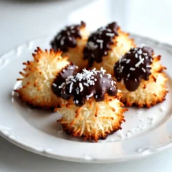 - 2 ½ cups shredded unsweetened coconut - 1 cup sweetened condensed milk - 1 teaspoon vanilla extract - ½ teaspoon almond extract - ½ cup dark chocolate chips - 2 tablespoons coconut oil - Pinch of salt To make Chocolate Coconut Macaroons, you need simple ingredients. Each item plays a key role in taste and texture. 1. Shredded unsweetened coconut gives that classic chewy bite. Look for high-quality coconut for the best flavor. 2. Sweetened condensed milk adds sweetness and binds everything. It makes the macaroons rich and creamy. 3. Vanilla extract and almond extract enhance the flavor. They add warm, nutty notes that balance the coconut. 4. Dark chocolate chips provide a rich contrast. They melt beautifully and add a deep chocolate flavor. 5. Coconut oil helps the chocolate melt smoothly. It also adds a hint of coconut flavor. 6. A pinch of salt brightens all the flavors. It rounds out the sweetness and adds depth. Gather these ingredients before you start. Having everything ready makes the cooking process smooth and enjoyable. Each step in making these macaroons is simple, and the results are delicious! {{ingredient_image_1}} 1. Preheat your oven to 325°F (160°C). This helps the macaroons bake evenly. 2. Line a baking sheet with parchment paper. This keeps the macaroons from sticking. 3. In a large mixing bowl, add 2 ½ cups of shredded unsweetened coconut. 4. Pour in 1 cup of sweetened condensed milk. This adds sweetness and moisture. 5. Add 1 teaspoon of vanilla extract and ½ teaspoon of almond extract. These flavors brighten your treat. 6. Toss in a pinch of salt. It enhances all the flavors. 7. Mix everything thoroughly until well combined. You want a sticky mixture. 8. Use a tablespoon or a small cookie scoop. Portion out the mixture and shape it into small mounds. 9. Place the mounds on the prepared baking sheet. Leave about one inch between each one. 1. Bake in the preheated oven for 20 to 25 minutes. Watch for golden brown tops. 2. Remove the baking sheet from the oven. Let the macaroons cool for about 10 minutes. 3. Transfer them to a wire rack to cool completely. This step prevents sogginess. 1. While the macaroons cool, prepare the chocolate. In a microwave-safe bowl, add ½ cup of dark chocolate chips and 2 tablespoons of coconut oil. 2. Melt the mixture in the microwave. Heat in 30-second intervals, stirring in between until smooth. 3. Once the macaroons are cool, dip either the bottoms or the tops into the melted chocolate. 4. Place the dipped macaroons back on the parchment-lined baking sheet. 5. Allow the chocolate to set for at least 15 to 20 minutes. For a fun touch, drizzle any leftover chocolate over the macaroons. To get the best chocolate coconut macaroons, focus on moisture. If your macaroons are too dry, they lack that chewy bite. Make sure you use enough sweetened condensed milk. This ingredient adds both sweetness and moisture. On the flip side, if they are too wet, they can fall apart. To balance this, you can add a little more coconut. A few extra tablespoons can help absorb excess moisture. Baking evenly is key. To ensure this, space the macaroons at least an inch apart on the baking sheet. This allows heat to circulate well. Check them halfway through baking. If they are browning unevenly, rotate the baking sheet for even heat. Making your macaroons look great is fun! Arrange them on a nice plate for serving. A colorful plate makes them pop. You can also sprinkle some extra shredded coconut or cocoa powder on top. This adds a nice touch and makes them look fancy. For a special twist, drizzle extra melted chocolate over the tops. Use a fork for more control while drizzling. This adds flair and enhances the chocolate flavor. One common mistake is over mixing the ingredients. Mix just until combined. If you mix too much, the macaroons may become tough. Pay attention to baking times. Baking them too long can lead to dry macaroons. Start checking at the 20-minute mark. You want them golden brown, but not burned. If they look too dark, take them out right away! Pro Tips Use Fresh Coconut: For an enhanced flavor, consider using fresh shredded coconut instead of packaged. It adds a delightful texture and taste. Chill Before Dipping: Chilling the macaroons in the refrigerator for a few minutes before dipping in chocolate helps the chocolate set more effectively. Experiment with Flavors: Don't hesitate to mix in other extracts like coconut or mint for a unique twist on the classic macaroon flavor. Store Properly: Keep your macaroons in an airtight container at room temperature or in the fridge to maintain their freshness and texture. {{image_2}} To make these macaroons vegan, I swap sweetened condensed milk. Use full-fat coconut milk instead. This keeps the creamy texture. You can also add a little maple syrup for extra sweetness. For binding, I suggest using a tablespoon of ground flaxseed mixed with water. Let it sit for five minutes to thicken. This helps hold the macaroons together without eggs. These macaroons are naturally gluten-free. Just ensure the coconut you use is labeled gluten-free. Some brands can have traces of gluten. When making these, use clean utensils to avoid cross-contamination. This is key for gluten-free baking. Also, check the chocolate chips to confirm they are gluten-free. You can have fun by adding nuts or dried fruits. Try chopped almonds or walnuts for a crunchy twist. Dried cherries or apricots bring a nice sweetness. You can also experiment with extracts. Swap vanilla for coconut or peppermint for a fresh flavor. Even a dash of espresso powder can enhance the chocolate taste. To keep your macaroons fresh, store them in an airtight container. This will keep them moist and tasty. You can use a glass jar or a plastic container with a tight lid. If you have extra space, add a piece of bread inside. The bread will help keep the macaroons soft. You can freeze macaroons to enjoy later. Place them in a single layer on a baking sheet. Freeze them for about one hour. Then, move them to a freezer bag or container. Make sure to remove as much air as possible. They can stay frozen for up to three months. When you want to eat them, thaw them in the fridge overnight. Chocolate coconut macaroons last about one week at room temperature. If you store them in the fridge, they can last up to two weeks. Watch for signs that they are going bad. If they smell off or have a dry texture, it is best to toss them. Keeping an eye on your treats helps you enjoy them at their best! Chocolate coconut macaroons are sweet, chewy treats made with coconut and chocolate. They have a crispy exterior and a soft center. The main ingredients include shredded coconut, sweetened condensed milk, and chocolate. They are simple to make and perfect for any occasion. Yes, you can make macaroons in advance. They stay fresh for about a week at room temperature. You can also freeze them for up to three months. Just thaw them before serving. This makes them great for parties or surprise guests. Serve chocolate coconut macaroons on a decorative plate. You can garnish them with a sprinkle of shredded coconut or cocoa powder. Pair them with a cup of coffee or tea for a delightful treat. They also go well with fresh fruit, like berries or bananas. These chocolate coconut macaroons are easy to make and taste amazing. We covered all the steps, from mixing the simple ingredients to dipping them in rich chocolate. I shared tips to get the texture just right and avoid common mistakes. You can also try variations like vegan or gluten-free versions. Store them properly for the best taste and freshness. Enjoy making and sharing these treats with others. You’ll impress everyone with your baking skills!