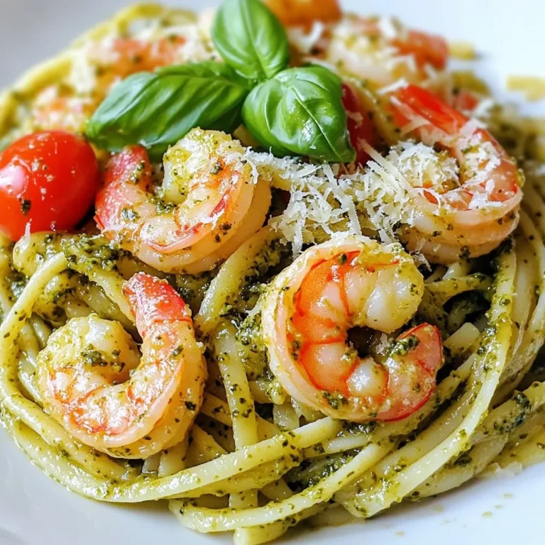 - 8 oz linguine or spaghetti - 1 lb large shrimp, peeled and deveined - 1 cup fresh basil pesto - 1 cup cherry tomatoes, halved - 2 cloves garlic, minced - 3 tablespoons olive oil - 1/4 teaspoon red pepper flakes (optional) - Salt and pepper to taste - Grated Parmesan cheese for serving - Fresh basil leaves for garnish Using fresh ingredients makes a big difference in taste. Choose shrimp that look moist and have a clean smell. Fresh basil should be vibrant and fragrant. For pasta, I suggest using high-quality brands for the best texture. Fresh garlic packs more flavor than powdered garlic. The pesto should be bright green and made from real basil. For shrimp, I like to use Wild American Shrimp. If you prefer a frozen option, look for shrimp that are raw and peeled. For pesto, brands like Classico or homemade are great. If you need a nut-free option, try sun-dried tomato spread instead of pesto. You can swap linguine for spaghetti or even gluten-free pasta if needed. {{ingredient_image_1}} To make pesto shrimp pasta, follow these steps carefully. First, boil a large pot of salted water. Add 8 oz of linguine or spaghetti. Cook it until it is al dente, about 8-10 minutes. Remember to reserve 1 cup of pasta water before draining. Set the pasta aside. Next, heat 2 tablespoons of olive oil in a large skillet over medium heat. Add 2 cloves of minced garlic. Sauté it for about 30 seconds until it smells good. Then, raise the heat to medium-high. Add 1 lb of large shrimp, seasoned with salt, pepper, and red pepper flakes if you want some heat. Cook the shrimp for 2-3 minutes on each side. They should turn pink and opaque. Now, add 1 cup of halved cherry tomatoes to the skillet. Cook them for an extra 2 minutes until they soften. After that, stir in 1 cup of fresh basil pesto. Mix everything well. Finally, add the drained linguine to the skillet. If the pasta looks dry, add some reserved pasta water until it is creamy. Toss it all together so every strand of pasta gets coated. For perfect pasta, use plenty of water. This helps the pasta cook evenly. Always add salt to the water. It enhances the pasta's flavor. Stir the pasta occasionally while it cooks. This keeps it from sticking together. Make sure to check the pasta a minute or two before the package time. It should be firm but tender, known as al dente. To cook shrimp properly, look for color change. Raw shrimp are grey and translucent. Cooked shrimp should be pink and opaque. They also curl slightly when done. Avoid overcooking; it makes shrimp tough. Cook them just until they reach this perfect state, which usually takes 2-3 minutes per side. To keep your pasta firm, cook it until it's al dente. This means it should be slightly firm to the bite. Make sure to boil it in plenty of salted water. Stir it often to prevent sticking. After draining, don’t rinse the pasta. Rinsing removes the starch that helps sauce stick. Seasoning is key to making your dish pop. Use salt and pepper well while cooking. A pinch of red pepper flakes adds a nice kick. You can also add fresh herbs like parsley or basil at the end for a burst of flavor. Don’t forget to taste as you go! Shrimp cooks fast, so timing is important. Heat your skillet to medium-high before adding shrimp. Cook them for 2-3 minutes per side. Look for that pink color and opaque look. Overcooking can make shrimp tough, so keep an eye on them. Pro Tips Use Fresh Ingredients: Fresh basil and quality shrimp make a significant difference in flavor. Always opt for fresh over frozen whenever possible. Don't Overcook the Shrimp: Shrimp cooks quickly; overcooking can make it rubbery. Cook just until pink and opaque for the best texture. Adjusting Creaminess: If the pasta seems dry, add the reserved pasta water a little at a time to achieve your desired creaminess without making it soupy. Garnish for Flavor: A sprinkle of fresh basil and grated Parmesan cheese not only enhances presentation but adds a burst of flavor at the end. {{image_2}} If you want a vegetarian twist, swap the shrimp for mushrooms. Use hearty types like portobello or cremini. For a vegan option, choose plant-based pesto. Look for brands that don’t use cheese. You can also blend your own with basil, nuts, and nutritional yeast. This keeps the fresh taste while making it plant-friendly. You can boost this meal by adding more proteins. Chicken works well; just grill or pan-sear it first. Tofu is another great option. Cut it into cubes and sauté until golden. Scallops or even crab can bring a fancy touch. Just be mindful of cooking times to avoid overcooking anything. While I love linguine or spaghetti, you can get creative with pasta shapes. Penne or fusilli hold sauces nicely too. If you want a gluten-free meal, try chickpea or lentil pasta. Whole wheat pasta adds fiber and a nutty taste. Just ensure you adapt cooking times for different types. To store your leftover pesto shrimp pasta, let it cool first. Use an airtight container. Keep it in the fridge for up to three days. Make sure it’s sealed tightly to keep flavors fresh. When you’re ready to enjoy your leftovers, reheat them gently. Use a skillet over low heat. Add a splash of water or olive oil to keep it moist. Stir well until heated through. You can also microwave it in short bursts. Heat for 30 seconds, then check and stir. You can freeze pesto shrimp pasta for later. Pack it in a freezer-safe container. Leave some space at the top, as it will expand when frozen. It can last for up to three months in the freezer. To use, thaw it in the fridge overnight and reheat as mentioned above. If you don't have basil pesto, try using sun-dried tomato pesto or arugula pesto. Both add a unique twist to your dish. You can also make a simple herb blend with parsley, garlic, and walnuts. Mix these with olive oil for a fresh taste. Yes, you can use frozen shrimp! Just make sure to thaw them first. Place them in cold water for about 15 minutes. This will help them cook evenly and taste fresh. To add heat, sprinkle in more red pepper flakes. You can also add diced jalapeños or a few drops of hot sauce. Start small, then taste as you go. A crisp white wine, like Pinot Grigio or Sauvignon Blanc, works great. These wines enhance the flavors without overpowering the dish. If you prefer red, a light Pinot Noir is a good choice too. This blog post covered essential ingredients, tips, and cooking steps for Pesto Shrimp Pasta. You learned about ingredient quality and the best brands to use. I shared cooking tips to avoid soggy pasta and ensure shrimp is cooked just right. Variations allow you to adjust the dish to your taste, whether you want vegetarian options or different pasta types. Finally, proper storage and reheating help maintain flavor and texture. Enjoy making this pasta dish, and feel free to get creative with it!