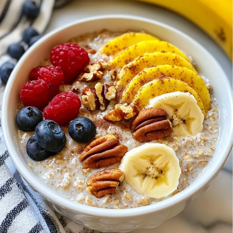- 1 cup rolled oats - 2 cups almond milk (or any milk of choice) - 2 tablespoons maple syrup - 1/4 cup pecans, chopped - 1/2 teaspoon vanilla extract - 1/2 teaspoon ground cinnamon - Pinch of salt - Fresh fruit for topping (e.g., banana slices, berries) You need one cup of rolled oats. This is the base of the dish. For the liquid, use two cups of almond milk. You can swap this for any milk you like. Add two tablespoons of pure maple syrup for sweetness. Chopped pecans give a nice crunch, so use a quarter cup. For flavor, add half a teaspoon of vanilla extract and half a teaspoon of ground cinnamon. A small pinch of salt makes all the flavors pop. You can get creative with toppings! Fresh fruit is a great choice. Try banana slices or a mix of berries. If you want extra crunch, sprinkle more chopped pecans on top. A drizzle of maple syrup adds sweetness and a lovely shine. {{ingredient_image_1}} Start with a medium bowl or jar. Add 1 cup of rolled oats and 2 cups of almond milk. Stir well until all oats are soaked. This step is key to making creamy oats. Now, add 2 tablespoons of maple syrup. This gives the oats a sweet taste. Next, add 1/2 teaspoon of vanilla extract and 1/2 teaspoon of ground cinnamon. Don’t forget a pinch of salt to balance the flavors. Mix everything until it is well combined. Gently fold in 1/4 cup of chopped pecans. Save a few for later topping. Cover the bowl or jar tightly. Use a lid or plastic wrap to seal it. Place it in the fridge overnight. Letting it soak for at least 4 hours helps the oats absorb the milk. This makes them soft and tasty. In the morning, take out your oats. Give them a good stir. If they are too thick, add a splash of almond milk. Serve in bowls and top with more pecans. Add fresh fruit like banana slices or berries. Drizzle extra maple syrup on top for more sweetness, if you’d like. Enjoy your delicious Maple Pecan Overnight Oats! To get the best texture for your oats, choose rolled oats. They soak up liquid well and stay chewy. Mix the oats and almond milk well to make sure every oat gets soaked. After soaking overnight, stir the oats in the morning. If they seem thick, add a splash of almond milk. This will help you reach that creamy, smooth texture you want. Maple syrup gives a nice sweetness to your oats. You can adjust the sweetness to fit your taste. If you like it sweeter, add more maple syrup. If you prefer less sweetness, use less syrup. You can also try honey or agave syrup as a substitute. Just remember to taste as you go, so you get it just right. To boost the flavor, use fresh spices like ground cinnamon. You can add other spices too, like nutmeg or ginger. Adding fruits like bananas or berries makes your oats even better. They add natural sweetness and freshness. Try different nuts or seeds for extra crunch and flavor. Mix it up and find what you love most! Pro Tips Tip Title: Use Steel-Cut Oats for More Texture: If you prefer a chewier texture, consider using steel-cut oats instead of rolled oats. Just make sure to soak them longer, ideally overnight, for the best results. Tip Title: Experiment with Nut Butters: For added creaminess and flavor, try stirring in a tablespoon of your favorite nut butter, like almond or cashew, before refrigerating. Tip Title: Customize Your Sweetness: Adjust the amount of maple syrup to your taste. If you like it sweeter, feel free to add more, or substitute with honey or agave syrup. Tip Title: Add Chia Seeds for Extra Nutrition: Incorporate a tablespoon of chia seeds into the mix for a boost of fiber and omega-3 fatty acids. They will help thicken the oats as well. {{image_2}} You can use any milk you like for this recipe. Almond milk is my favorite, but you can try oat, soy, or coconut milk too. Each milk brings a unique flavor. If you want a creamier texture, use whole milk. For a nut-free option, go for oat or soy milk. If you don’t have pecans, walnuts or almonds work great. They give a nice crunch and flavor. You can also use seeds like sunflower or pumpkin seeds if you want a nut-free version. They add a different taste and nutrition too. You can jazz up your oats with extra flavors. Fresh fruit like bananas or berries adds sweetness. You can also try spices like nutmeg or ginger for a warm taste. A drizzle of honey or agave syrup can boost the sweetness. Mix it up and find what you love! You can store your Maple Pecan Overnight Oats in any airtight container. A glass jar works great here. Make sure to keep the oats in the fridge. This keeps them fresh and ready to eat. If you want to add toppings, store them separately. This keeps the oats from getting soggy. These oats last for about five days in the fridge. After that, they may lose their taste and texture. Always check for any signs of spoilage before eating. If you see any weird smells or colors, it's best to toss them out. Freshness matters for the best flavor. You can eat these oats cold, but if you prefer warm oats, reheat them easily. Just add a splash of almond milk to the oats in a bowl. Microwave for about 30 seconds. Stir well and check the heat. If it's not warm enough, heat for another 15 seconds. Enjoy your warm, tasty oats! Yes, you can make Maple Pecan Overnight Oats in advance. This recipe is perfect for meal prep. You can prepare it the night before and let it soak in the fridge. It saves time in the morning. Just remember to stir it well before serving. If it’s too thick, add a splash of almond milk. If you need nut-free options, try using sunflower seeds or pumpkin seeds. You can also skip the nuts and use extra fruit for texture. Another choice is to use coconut flakes. They give a nice flavor and crunch without nuts. Just make sure the milk you use is also nut-free. This recipe is already vegan if you use plant-based milk. Almond milk is great, but other plant milks work too. Just check your milk choice to ensure it’s dairy-free. The maple syrup adds sweetness, so you don’t need honey. Enjoy your vegan oats with fresh fruit on top. You can use quick oats, but the texture will change. Quick oats absorb liquid faster and may become mushy. If you prefer a smoother texture, they work fine. Just remember to reduce the soaking time. Check them after a few hours to see if they are ready. You now have a clear plan for making Maple Pecan Overnight Oats. We covered ingredients, measurements, and optional toppings. I shared step-by-step instructions, helpful tips, and various ways to customize your oats. Remember, you can store them easily for quick breakfasts. Experiment with flavors and ingredients to fit your taste. Enjoy creating your delicious oats and have fun exploring different recipes!