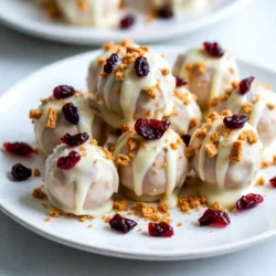 - 8 oz cream cheese, softened - 2 cups powdered sugar - 1 cup dried cranberries, chopped The main ingredients make this treat special. The cream cheese gives a rich, creamy base. Powdered sugar adds sweetness and helps bind the mixture. Chopped dried cranberries bring a tangy burst of flavor. Together, they create a delicious blend that you will love. - 1 tablespoon coconut oil - Sea salt You can add coconut oil to make the chocolate smoother. It helps the chocolate melt better. A sprinkle of sea salt on top adds a nice contrast to the sweetness. This little touch makes each bite even more enjoyable. - 1 cup white chocolate chips - ½ cup crushed graham crackers White chocolate chips coat each truffle, giving them a sweet layer. The crushed graham crackers add a crunchy texture. This combination makes them look and taste amazing. You can even drizzle more melted chocolate on top for extra flair. {{ingredient_image_1}} To start, take 8 ounces of softened cream cheese and 2 cups of powdered sugar. In a medium bowl, mix them together. You can use a hand mixer or a spatula. Blend until smooth and creamy. This is the base of your truffle mixture. Next, add in 1 cup of chopped dried cranberries and 1 teaspoon of vanilla extract. Stir well until everything is mixed. The mixture should feel thick and a bit sticky. This texture helps hold the truffles together. Now comes the fun part! Use your hands to scoop small portions of the mixture. Roll each portion into bite-sized balls. Place these balls on a parchment-lined baking sheet. Once you've shaped all the truffles, it's time to chill them. Put the baking sheet in the refrigerator for about 30 minutes. This step helps the truffles firm up and makes them easier to coat later. While the truffles chill, melt 1 cup of white chocolate chips. You can add 1 tablespoon of coconut oil to make it smoother. Use a microwave-safe bowl and heat in 30-second intervals. Stir between each interval until the chocolate is creamy and smooth. After the truffles are firm, dip each one into the melted white chocolate. Make sure to let any excess chocolate drip off. Then, place them back on the parchment-lined sheet. For a tasty twist, roll the truffles in ½ cup of crushed graham crackers. This adds a crunchy texture. Alternatively, you can sprinkle a pinch of sea salt on top for a sweet and salty flavor. Finally, refrigerate the truffles again for about 15 minutes. This helps the chocolate coating set. Enjoy your delicious Cranberry Bliss Truffles! To make the best truffles, start with the cream cheese. Ensure it is fully softened; this makes mixing easier. If it’s too cold, your truffle mixture will be lumpy. Aim for a smooth, thick, and slightly sticky texture. When you roll the truffles, wet your hands slightly. This helps prevent the mixture from sticking to your fingers, making it easier to form perfect balls. Melting white chocolate can be tricky. Use a microwave-safe bowl and heat in 30-second bursts. Stir well after each interval. This method helps avoid burning the chocolate. If you want a smoother finish, add a tablespoon of coconut oil. It gives the chocolate a nice sheen and helps it coat the truffles better. Presentation is key for these truffles. Arrange them on a pretty plate. Drizzle extra melted white chocolate on top for flair. You can also add a few dried cranberries for color. A sprinkle of sea salt on each truffle gives a lovely sweet-salty taste. These touches make your truffles not just tasty, but also a beautiful holiday treat! Pro Tips Chill Time Matters: Allow the truffles to chill thoroughly before dipping. This helps maintain their shape and ensures a smooth chocolate coating. Use Quality Chocolate: For the best flavor and texture, choose high-quality white chocolate chips. They melt more uniformly and taste better. Experiment with Coatings: While graham crackers are delicious, try rolling the truffles in crushed nuts, coconut flakes, or even sprinkles for a fun twist. Perfect Size: Aim for consistent sizes when rolling the truffles to ensure even coating and presentation. A small cookie scoop can help achieve this. {{image_2}} You can change the flavor of your Cranberry Bliss Truffles easily. Adding nuts, like chopped walnuts or pecans, gives a nice crunch. You might also add other dried fruits, such as apricots or raisins, for more sweetness. Infusing the truffles with different extracts can also add fun flavors. Try using almond extract or orange zest. Each option brings a fresh twist to this classic treat. If you want to make a dairy-free version, swap the cream cheese for a dairy-free alternative. Many brands offer great options that taste just as creamy. For a gluten-free version, simply use gluten-free graham crackers. These small changes keep your truffles tasty and suitable for everyone. While graham crackers are great, you can get creative with your coatings. Try rolling the truffles in crushed nuts or shredded coconut for a tropical vibe. You could also use colorful sprinkles or cocoa powder for a fun look. Each coating adds a unique flavor and texture to your truffles. To keep your Cranberry Bliss Truffles fresh, store them in the fridge. Place them in an airtight container. This helps maintain their flavor and texture. You can enjoy them cold or let them warm up a bit before eating. If you want to save some for later, freezing is a great option. Roll the truffles and freeze them on a baking sheet first. Once frozen, transfer them to a bag or container. This method prevents them from sticking together. Cranberry Bliss Truffles can last in the fridge for about one week. If you freeze them, they can stay good for up to three months. Just remember to thaw them in the fridge overnight before enjoying. After refrigeration, your truffles may lose some shine. To revive them, gently melt more white chocolate. Dip the truffles again for a fresh coat. This will help restore their look and add a lovely, creamy layer. Cranberry Bliss Truffles are creamy, sweet bites. They blend cream cheese, dried cranberries, and white chocolate. Each truffle has a rich taste and a soft texture. You coat them in graham crackers for crunch. The sprinkle of sea salt adds a nice touch. They are perfect for holiday treats or gifts. Yes, you can make these truffles in advance. Prepare them a day or two before you serve. Just store them in the fridge. This helps the flavors blend well. If you want to keep them longer, freeze them. They will stay fresh for weeks. Just remember to let them thaw in the fridge before serving. You can find pre-made Cranberry Bliss Truffles at many cafes and bakeries. Some grocery stores also carry them during the holiday season. Look for local shops that specialize in desserts. You might also check online for delivery options. These treats are popular, so they may sell out quickly. Cranberry Bliss Truffles are easy and fun to make. You start with cream cheese, powdered sugar, and cranberries, then shape them into bites. Melt white chocolate for dipping, and add graham crackers for crunch. You can even try different flavors or dietary changes. Store them right, and they stay tasty longer. Now, get creative and enjoy these sweet treats whenever you like!