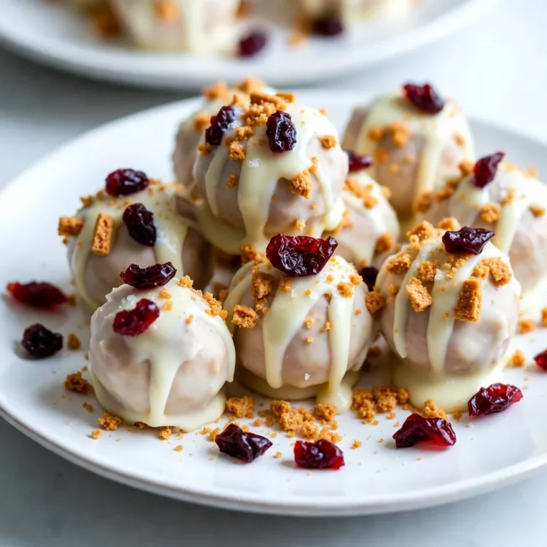 - 8 oz cream cheese, softened - 2 cups powdered sugar - 1 cup dried cranberries, chopped The main ingredients make this treat special. The cream cheese gives a rich, creamy base. Powdered sugar adds sweetness and helps bind the mixture. Chopped dried cranberries bring a tangy burst of flavor. Together, they create a delicious blend that you will love. - 1 tablespoon coconut oil - Sea salt You can add coconut oil to make the chocolate smoother. It helps the chocolate melt better. A sprinkle of sea salt on top adds a nice contrast to the sweetness. This little touch makes each bite even more enjoyable. - 1 cup white chocolate chips - ½ cup crushed graham crackers White chocolate chips coat each truffle, giving them a sweet layer. The crushed graham crackers add a crunchy texture. This combination makes them look and taste amazing. You can even drizzle more melted chocolate on top for extra flair. {{ingredient_image_1}} To start, take 8 ounces of softened cream cheese and 2 cups of powdered sugar. In a medium bowl, mix them together. You can use a hand mixer or a spatula. Blend until smooth and creamy. This is the base of your truffle mixture. Next, add in 1 cup of chopped dried cranberries and 1 teaspoon of vanilla extract. Stir well until everything is mixed. The mixture should feel thick and a bit sticky. This texture helps hold the truffles together. Now comes the fun part! Use your hands to scoop small portions of the mixture. Roll each portion into bite-sized balls. Place these balls on a parchment-lined baking sheet. Once you've shaped all the truffles, it's time to chill them. Put the baking sheet in the refrigerator for about 30 minutes. This step helps the truffles firm up and makes them easier to coat later. While the truffles chill, melt 1 cup of white chocolate chips. You can add 1 tablespoon of coconut oil to make it smoother. Use a microwave-safe bowl and heat in 30-second intervals. Stir between each interval until the chocolate is creamy and smooth. After the truffles are firm, dip each one into the melted white chocolate. Make sure to let any excess chocolate drip off. Then, place them back on the parchment-lined sheet. For a tasty twist, roll the truffles in ½ cup of crushed graham crackers. This adds a crunchy texture. Alternatively, you can sprinkle a pinch of sea salt on top for a sweet and salty flavor. Finally, refrigerate the truffles again for about 15 minutes. This helps the chocolate coating set. Enjoy your delicious Cranberry Bliss Truffles! To make the best truffles, start with the cream cheese. Ensure it is fully softened; this makes mixing easier. If it’s too cold, your truffle mixture will be lumpy. Aim for a smooth, thick, and slightly sticky texture. When you roll the truffles, wet your hands slightly. This helps prevent the mixture from sticking to your fingers, making it easier to form perfect balls. Melting white chocolate can be tricky. Use a microwave-safe bowl and heat in 30-second bursts. Stir well after each interval. This method helps avoid burning the chocolate. If you want a smoother finish, add a tablespoon of coconut oil. It gives the chocolate a nice sheen and helps it coat the truffles better. Presentation is key for these truffles. Arrange them on a pretty plate. Drizzle extra melted white chocolate on top for flair. You can also add a few dried cranberries for color. A sprinkle of sea salt on each truffle gives a lovely sweet-salty taste. These touches make your truffles not just tasty, but also a beautiful holiday treat! Pro Tips Chill Time Matters: Allow the truffles to chill thoroughly before dipping. This helps maintain their shape and ensures a smooth chocolate coating. Use Quality Chocolate: For the best flavor and texture, choose high-quality white chocolate chips. They melt more uniformly and taste better. Experiment with Coatings: While graham crackers are delicious, try rolling the truffles in crushed nuts, coconut flakes, or even sprinkles for a fun twist. Perfect Size: Aim for consistent sizes when rolling the truffles to ensure even coating and presentation. A small cookie scoop can help achieve this. {{image_2}} You can change the flavor of your Cranberry Bliss Truffles easily. Adding nuts, like chopped walnuts or pecans, gives a nice crunch. You might also add other dried fruits, such as apricots or raisins, for more sweetness. Infusing the truffles with different extracts can also add fun flavors. Try using almond extract or orange zest. Each option brings a fresh twist to this classic treat. If you want to make a dairy-free version, swap the cream cheese for a dairy-free alternative. Many brands offer great options that taste just as creamy. For a gluten-free version, simply use gluten-free graham crackers. These small changes keep your truffles tasty and suitable for everyone. While graham crackers are great, you can get creative with your coatings. Try rolling the truffles in crushed nuts or shredded coconut for a tropical vibe. You could also use colorful sprinkles or cocoa powder for a fun look. Each coating adds a unique flavor and texture to your truffles. To keep your Cranberry Bliss Truffles fresh, store them in the fridge. Place them in an airtight container. This helps maintain their flavor and texture. You can enjoy them cold or let them warm up a bit before eating. If you want to save some for later, freezing is a great option. Roll the truffles and freeze them on a baking sheet first. Once frozen, transfer them to a bag or container. This method prevents them from sticking together. Cranberry Bliss Truffles can last in the fridge for about one week. If you freeze them, they can stay good for up to three months. Just remember to thaw them in the fridge overnight before enjoying. After refrigeration, your truffles may lose some shine. To revive them, gently melt more white chocolate. Dip the truffles again for a fresh coat. This will help restore their look and add a lovely, creamy layer. Cranberry Bliss Truffles are creamy, sweet bites. They blend cream cheese, dried cranberries, and white chocolate. Each truffle has a rich taste and a soft texture. You coat them in graham crackers for crunch. The sprinkle of sea salt adds a nice touch. They are perfect for holiday treats or gifts. Yes, you can make these truffles in advance. Prepare them a day or two before you serve. Just store them in the fridge. This helps the flavors blend well. If you want to keep them longer, freeze them. They will stay fresh for weeks. Just remember to let them thaw in the fridge before serving. You can find pre-made Cranberry Bliss Truffles at many cafes and bakeries. Some grocery stores also carry them during the holiday season. Look for local shops that specialize in desserts. You might also check online for delivery options. These treats are popular, so they may sell out quickly. Cranberry Bliss Truffles are easy and fun to make. You start with cream cheese, powdered sugar, and cranberries, then shape them into bites. Melt white chocolate for dipping, and add graham crackers for crunch. You can even try different flavors or dietary changes. Store them right, and they stay tasty longer. Now, get creative and enjoy these sweet treats whenever you like!