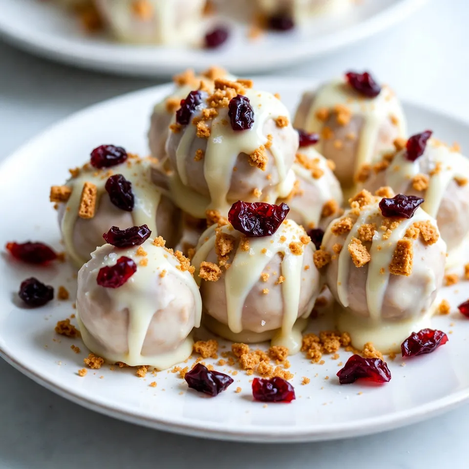 - 8 oz cream cheese, softened - 2 cups powdered sugar - 1 cup dried cranberries, chopped The main ingredients make this treat special. The cream cheese gives a rich, creamy base. Powdered sugar adds sweetness and helps bind the mixture. Chopped dried cranberries bring a tangy burst of flavor. Together, they create a delicious blend that you will love. - 1 tablespoon coconut oil - Sea salt You can add coconut oil to make the chocolate smoother. It helps the chocolate melt better. A sprinkle of sea salt on top adds a nice contrast to the sweetness. This little touch makes each bite even more enjoyable. - 1 cup white chocolate chips - ½ cup crushed graham crackers White chocolate chips coat each truffle, giving them a sweet layer. The crushed graham crackers add a crunchy texture. This combination makes them look and taste amazing. You can even drizzle more melted chocolate on top for extra flair. {{ingredient_image_1}} To start, take 8 ounces of softened cream cheese and 2 cups of powdered sugar. In a medium bowl, mix them together. You can use a hand mixer or a spatula. Blend until smooth and creamy. This is the base of your truffle mixture. Next, add in 1 cup of chopped dried cranberries and 1 teaspoon of vanilla extract. Stir well until everything is mixed. The mixture should feel thick and a bit sticky. This texture helps hold the truffles together. Now comes the fun part! Use your hands to scoop small portions of the mixture. Roll each portion into bite-sized balls. Place these balls on a parchment-lined baking sheet. Once you've shaped all the truffles, it's time to chill them. Put the baking sheet in the refrigerator for about 30 minutes. This step helps the truffles firm up and makes them easier to coat later. While the truffles chill, melt 1 cup of white chocolate chips. You can add 1 tablespoon of coconut oil to make it smoother. Use a microwave-safe bowl and heat in 30-second intervals. Stir between each interval until the chocolate is creamy and smooth. After the truffles are firm, dip each one into the melted white chocolate. Make sure to let any excess chocolate drip off. Then, place them back on the parchment-lined sheet. For a tasty twist, roll the truffles in ½ cup of crushed graham crackers. This adds a crunchy texture. Alternatively, you can sprinkle a pinch of sea salt on top for a sweet and salty flavor. Finally, refrigerate the truffles again for about 15 minutes. This helps the chocolate coating set. Enjoy your delicious Cranberry Bliss Truffles! To make the best truffles, start with the cream cheese. Ensure it is fully softened; this makes mixing easier. If it’s too cold, your truffle mixture will be lumpy. Aim for a smooth, thick, and slightly sticky texture. When you roll the truffles, wet your hands slightly. This helps prevent the mixture from sticking to your fingers, making it easier to form perfect balls. Melting white chocolate can be tricky. Use a microwave-safe bowl and heat in 30-second bursts. Stir well after each interval. This method helps avoid burning the chocolate. If you want a smoother finish, add a tablespoon of coconut oil. It gives the chocolate a nice sheen and helps it coat the truffles better. Presentation is key for these truffles. Arrange them on a pretty plate. Drizzle extra melted white chocolate on top for flair. You can also add a few dried cranberries for color. A sprinkle of sea salt on each truffle gives a lovely sweet-salty taste. These touches make your truffles not just tasty, but also a beautiful holiday treat! Pro Tips Chill Time Matters: Allow the truffles to chill thoroughly before dipping. This helps maintain their shape and ensures a smooth chocolate coating. Use Quality Chocolate: For the best flavor and texture, choose high-quality white chocolate chips. They melt more uniformly and taste better. Experiment with Coatings: While graham crackers are delicious, try rolling the truffles in crushed nuts, coconut flakes, or even sprinkles for a fun twist. Perfect Size: Aim for consistent sizes when rolling the truffles to ensure even coating and presentation. A small cookie scoop can help achieve this. {{image_2}} You can change the flavor of your Cranberry Bliss Truffles easily. Adding nuts, like chopped walnuts or pecans, gives a nice crunch. You might also add other dried fruits, such as apricots or raisins, for more sweetness. Infusing the truffles with different extracts can also add fun flavors. Try using almond extract or orange zest. Each option brings a fresh twist to this classic treat. If you want to make a dairy-free version, swap the cream cheese for a dairy-free alternative. Many brands offer great options that taste just as creamy. For a gluten-free version, simply use gluten-free graham crackers. These small changes keep your truffles tasty and suitable for everyone. While graham crackers are great, you can get creative with your coatings. Try rolling the truffles in crushed nuts or shredded coconut for a tropical vibe. You could also use colorful sprinkles or cocoa powder for a fun look. Each coating adds a unique flavor and texture to your truffles. To keep your Cranberry Bliss Truffles fresh, store them in the fridge. Place them in an airtight container. This helps maintain their flavor and texture. You can enjoy them cold or let them warm up a bit before eating. If you want to save some for later, freezing is a great option. Roll the truffles and freeze them on a baking sheet first. Once frozen, transfer them to a bag or container. This method prevents them from sticking together. Cranberry Bliss Truffles can last in the fridge for about one week. If you freeze them, they can stay good for up to three months. Just remember to thaw them in the fridge overnight before enjoying. After refrigeration, your truffles may lose some shine. To revive them, gently melt more white chocolate. Dip the truffles again for a fresh coat. This will help restore their look and add a lovely, creamy layer. Cranberry Bliss Truffles are creamy, sweet bites. They blend cream cheese, dried cranberries, and white chocolate. Each truffle has a rich taste and a soft texture. You coat them in graham crackers for crunch. The sprinkle of sea salt adds a nice touch. They are perfect for holiday treats or gifts. Yes, you can make these truffles in advance. Prepare them a day or two before you serve. Just store them in the fridge. This helps the flavors blend well. If you want to keep them longer, freeze them. They will stay fresh for weeks. Just remember to let them thaw in the fridge before serving. You can find pre-made Cranberry Bliss Truffles at many cafes and bakeries. Some grocery stores also carry them during the holiday season. Look for local shops that specialize in desserts. You might also check online for delivery options. These treats are popular, so they may sell out quickly. Cranberry Bliss Truffles are easy and fun to make. You start with cream cheese, powdered sugar, and cranberries, then shape them into bites. Melt white chocolate for dipping, and add graham crackers for crunch. You can even try different flavors or dietary changes. Store them right, and they stay tasty longer. Now, get creative and enjoy these sweet treats whenever you like!