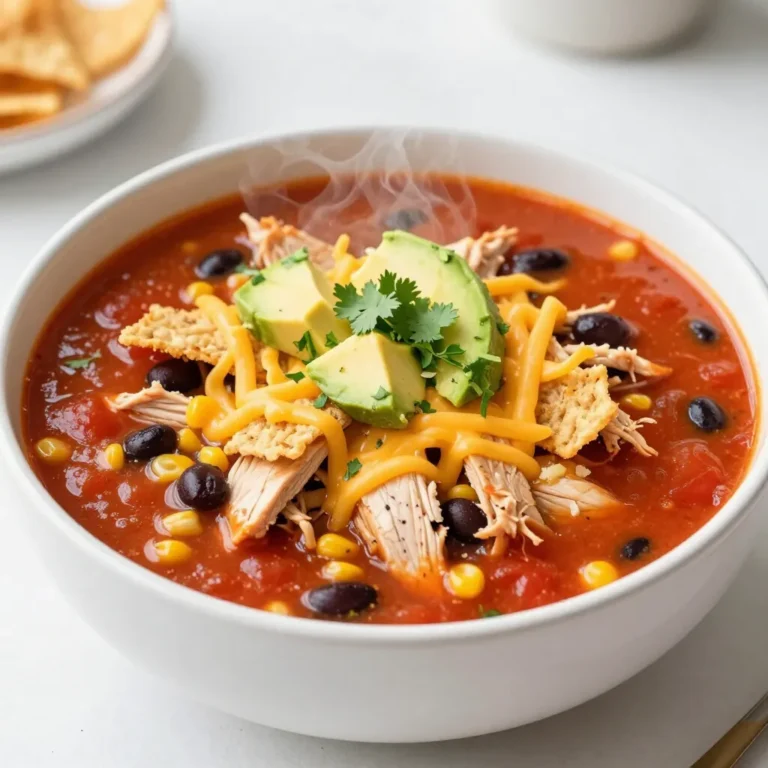 For this Chicken Enchilada Soup, you will need: - 1 lb boneless, skinless chicken breast - 1 tablespoon olive oil - 1 medium onion, chopped - 2 cloves garlic, minced - 1 bell pepper, diced (any color) - 1 can (14 oz) diced tomatoes with green chilies - 4 cups chicken broth - 1 can (15 oz) black beans, drained and rinsed - 1 cup corn (fresh, frozen, or canned) These ingredients form the base of our soup, giving it a hearty and rich flavor. To elevate the taste, add: - 1 tablespoon chili powder - 1 teaspoon cumin - Salt and pepper to taste Chili powder and cumin bring warmth and depth to the soup. Adjust salt and pepper as you like. Once your soup is ready, garnish it with: - 1 cup shredded cheddar cheese - 1 avocado, diced - Fresh cilantro, chopped - Tortilla strips These garnishes add texture and flavor. The cheese melts into the soup, while the avocado offers creaminess. Cilantro adds a fresh kick, and tortilla strips give a nice crunch. {{ingredient_image_1}} Start by gathering all your ingredients. You need one pound of chicken breast, olive oil, onion, garlic, and bell pepper. You also need diced tomatoes, chicken broth, black beans, corn, chili powder, cumin, salt, and pepper. Finally, gather shredded cheese, avocado, cilantro, and tortilla strips. Next, chop the onion and bell pepper. Mince the garlic. This makes cooking faster. I like to have everything ready to go. In a large pot, heat one tablespoon of olive oil over medium heat. Add the chopped onion and sauté for about three to four minutes until it softens. Then, stir in the minced garlic and diced bell pepper. Cook these for another two to three minutes until fragrant. Now, add the chicken breast to the pot. Pour in the can of diced tomatoes with their juices. Add four cups of chicken broth, black beans, corn, chili powder, cumin, salt, and pepper. Stir everything well. Bring the mixture to a boil, which takes a few minutes. Once it's boiling, reduce the heat to low and cover the pot. Let it simmer for about 20 to 25 minutes. This cooks the chicken through and blends the flavors. After 20 to 25 minutes, check the chicken. It should be cooked all the way. Carefully remove the chicken from the pot. Use two forks to shred it into bite-sized pieces. Now, return the shredded chicken back to the pot. Stir to combine everything. Taste the soup and adjust the seasoning if needed. Let it simmer uncovered for another five to ten minutes. This helps the soup thicken slightly. Now your Chicken Enchilada Soup is ready to serve! Enjoy your hearty meal topped with cheese, avocado, cilantro, and crispy tortilla strips. To make your chicken enchilada soup burst with flavor, try these tips: - Use fresh spices. They pack more punch than old ones. - Add a squeeze of lime juice for zest. It brightens the soup. - Experiment with smoked paprika. It gives a unique taste. - Mix in a splash of hot sauce for heat if you like. - Top your soup with fresh cilantro and avocado for a fresh touch. I know we’re all busy, so here are some quick tips: - Chop veggies in advance. Store them in the fridge for easy use. - Use rotisserie chicken instead of cooking the chicken breast yourself. - Make a double batch and save some for later. It’s great for meals! - Use canned corn and beans. They save time and are just as good. Avoid these pitfalls for a perfect soup: - Don’t skip the sauté step. It builds flavor in the base. - Make sure to taste as you go. Adjust salt and spices for balance. - Avoid overcooking the chicken. It should be juicy, not dry. - Don’t rush the simmer. Letting it cook longer deepens the flavors. - Garnish just before serving. This keeps toppings fresh and tasty. Pro Tips Use Rotisserie Chicken: For a quicker meal, consider using pre-cooked rotisserie chicken. Simply shred it and add it to the soup for a time-saving option. Customize Spice Level: Adjust the spiciness by adding more or less chili powder or incorporating fresh jalapeños for an extra kick. Fresh Herbs Boost Flavor: Enhance the flavor by adding fresh herbs like oregano or thyme during simmering for a more aromatic soup. Thickening the Soup: If you prefer a thicker soup, mash some of the black beans before adding them to the pot for added creaminess. {{image_2}} You can make Chicken Enchilada Soup in a slow cooker. Start by adding the chicken, onion, garlic, bell pepper, diced tomatoes, chicken broth, black beans, corn, chili powder, cumin, salt, and pepper into the slow cooker. Set it on low for 6-8 hours or high for 3-4 hours. When done, shred the chicken and stir it back in. This method is great for busy days. To use an Instant Pot, add all ingredients to the pot, just like the stove method. Seal the lid and cook on high pressure for 10 minutes. Let it naturally release pressure for 10 minutes before opening. Shred the chicken inside the pot, and give it a good stir. This makes for a quick and hearty meal. You can easily adjust this recipe for different diets. For a gluten-free option, ensure your broth and other canned goods are gluten-free. To make it vegetarian, replace chicken with extra beans or veggies. A plant-based broth works well too. You can also use tofu for protein. Each variation keeps the soup tasty and filling. You can store leftover Chicken Enchilada Soup in an airtight container. Let the soup cool first. Then, place it in the fridge. The soup will stay fresh for about 3 to 4 days. If you want to keep it longer, freezing is a great option. To freeze the soup, use a freezer-safe container. Leave some space at the top, as the soup will expand when frozen. You can freeze the soup for up to 3 months. Just make sure to label the container with the date. This way, you know how long it has been in the freezer. When you're ready to eat the soup, thaw it overnight in the fridge. You can also use the microwave or stovetop to reheat it. If using the stovetop, heat it on medium-low until warm. Stir it often to avoid burning. Add a splash of chicken broth if it’s too thick after thawing. Enjoy your delicious soup again! To add heat to your Chicken Enchilada Soup, use more chili powder. You can also add diced jalapeños or hot sauce. For extra flavor, try adding a dash of cayenne pepper. Each of these options brings a nice kick. You can taste and adjust the heat as you cook. This way, you can find the perfect spice level for you. Yes, you can use other proteins in this recipe. Shredded beef or pork works well too. If you want a meat-free option, try black beans or lentils. Both options keep the soup hearty and filling. Just remember to adjust cooking times based on your choice of protein. This way, you’ll still have a tasty soup. Chicken Enchilada Soup pairs well with many sides. You can serve it with tortilla chips for crunch. A fresh salad adds a nice balance. You might also enjoy it with cornbread for something warm and comforting. Adding a dollop of sour cream or guacamole on top is a great idea too. These options make your meal even more satisfying. This blog post covered the key ingredients for Chicken Enchilada Soup, from the main components to spices and garnishes. We walked through clear steps for preparation and cooking, plus ways to enhance flavor. Tips for saving time and avoiding common mistakes helped streamline your process. Variations, such as slow cooker and Instant Pot options, provide flexibility. Lastly, storage info ensures your meal lasts longer. Enjoy making this delicious soup your way!