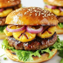- 1 pound ground beef or turkey - 1/4 cup teriyaki sauce - 1 teaspoon garlic powder - 1 teaspoon onion powder - Salt and pepper to taste - 4 slices fresh pineapple - 4 burger buns (brioche or whole grain work well) - 1/2 cup sliced red onion - 1/2 cup lettuce or spinach - Optional: sliced jalapeños for heat - Sesame seeds for garnish - Grill or grill pan - Mixing bowl - Spatula When I make grilled pineapple teriyaki burgers, I choose the freshest ingredients. For the meat, I often use ground beef, but turkey works great too. I mix in teriyaki sauce, garlic powder, and onion powder for flavor. This blend makes each burger juicy and tasty. I also love using fresh pineapple slices. Grilling them adds a sweet, smoky flavor. The caramelized pineapple pairs well with the savory meat. For the buns, brioche or whole grain adds texture and taste. Don't forget the toppings! I add sliced red onion and fresh greens like lettuce or spinach. If you like heat, jalapeños can spice things up. A sprinkle of sesame seeds on top adds a nice touch. For cooking, I recommend using a grill or grill pan. Both give good results. A mixing bowl helps combine the meat and seasonings. A spatula is handy for flipping the burgers without falling apart. With these ingredients, you set yourself up for a delicious meal. Each bite offers a mix of sweet, savory, and juicy flavors. This burger is sure to impress! {{ingredient_image_1}} To start, grab a large bowl. Mix 1 pound of ground beef or turkey with 1/4 cup of teriyaki sauce. Add 1 teaspoon each of garlic powder and onion powder. Season with salt and pepper. Use your hands to mix gently. Don't overwork the meat; this keeps it tender. Once mixed, form the meat into four equal patties. Make them about 3/4 inch thick for even cooking. Next, preheat your grill to medium-high heat. If you use a grill pan, heat it over medium on the stove. Once hot, place the pineapple slices on the grill. Grill them for about 3-4 minutes on each side. Look for nice grill marks and a bit of caramelization. This adds great flavor. Once done, take them off the grill and set them aside. Now it’s time for the burgers. Place the patties on the hot grill. Cook them for about 5-6 minutes on one side. Flip the patties over and add a grilled pineapple slice on top of each. Cook for another 5-6 minutes for a juicy, medium doneness. Use a meat thermometer if you want to check the internal temp; it should be 160°F. While the burgers finish cooking, take your burger buns. Toast them for a minute or two on the grill, cut side down. This makes them crispy and helps them hold the toppings. Efficient use of grill space is key; check the buns often to avoid burning. Let's put it all together! Start by spreading a thin layer of teriyaki sauce on the bottom half of each toasted bun. Next, add lettuce or spinach. Place the burger patty with the pineapple on top of the greens. Add sliced red onion and jalapeños for some heat if you like. Drizzle more teriyaki sauce over everything. Finally, sprinkle sesame seeds for a nice touch. Close the burger with the top bun and get ready to enjoy! To boost flavor, try adding more spices. You can use black pepper, paprika, or even a pinch of cayenne for some heat. Each spice adds a different taste that makes your burger unique. Quality ingredients matter. Use fresh ground beef or turkey for the best taste. Fresh pineapple gives a sweet contrast to savory meat. Choose ripe, juicy pineapple for grilling. It caramelizes well, adding depth to your burger. Grilling burgers evenly can be tricky. Always preheat your grill to medium-high heat. This helps your patties cook through without burning. For even cooking, press down gently on the patties with a spatula. For thicker patties, use indirect heat. Move the patties to a cooler side of the grill after searing. This keeps them juicy while cooking through. When serving your burgers, a beautiful plate makes a difference. Stack your burger high with layers. Place the burger in the center of the plate. Arrange fries or a salad around it for color. Garnishes add the final touch. Sprinkle sesame seeds on top for crunch. Fresh herbs like cilantro or parsley also brighten the dish. A drizzle of extra teriyaki sauce adds flavor and looks great too. Pro Tips Choose the Right Meat: For a juicier burger, opt for ground beef with a higher fat content, such as 80/20. If using turkey, consider the dark meat for added moisture. Marinate the Pineapple: For an enhanced flavor, marinate the pineapple slices in a bit of teriyaki sauce for 30 minutes before grilling. Don’t Overcook the Patties: To achieve the perfect medium burger, avoid pressing down on the patties while they cook, which can release juices and dry them out. Customize Your Toppings: Feel free to get creative with your toppings! Consider adding sliced avocado, grilled bell peppers, or even a spicy aioli for extra flavor. {{image_2}} You can switch up the meat in grilled pineapple teriyaki burgers. You can use plant-based options like lentil patties or veggie burgers. They soak up the teriyaki sauce well and taste great. For a different twist, try chicken or pork. Chicken thighs work well for juicy flavor. Pork patties can add a nice sweetness too. Both options pair well with grilled pineapple. If you're looking for gluten-free options, choose gluten-free buns. Many stores offer tasty alternatives made from rice or almond flour. Your burger will still be fun and delicious! For a vegan option, skip the meat and use black bean patties. You can also top the burger with avocado slices instead of cheese. This keeps it fresh and creamy. Try unique toppings to make your burger stand out. Add mango salsa for a tropical flair. Or, sprinkle feta cheese for a salty twist. You can also explore different teriyaki sauce flavors. Some brands offer spicy or garlic-infused versions. These can change the whole taste of your burger, making it even more exciting! To keep your grilled pineapple teriyaki burgers fresh, store them in the fridge. Place the burgers in an airtight container. You can also wrap the patties in plastic wrap. The best practice is to separate the patties from the buns and toppings. This way, the bread stays fresh. Leftovers can last for up to three days in the fridge. When reheating, you want to keep the flavor and texture. You can use a skillet or an oven. Heat the skillet over medium heat. Add a splash of water to create steam. This keeps the burgers moist. If using the oven, wrap the burgers in foil. Bake at 350°F for about 10 minutes. Avoid microwaving them, as this can make them dry. Freezing is a great way to save extra burgers. To freeze patties, wrap each one in plastic wrap. Place them in a freezer-safe bag. Grilled pineapple can also be frozen. Just wrap each slice in foil. When you are ready to eat, thaw the burgers in the fridge overnight. For best results, grill them straight from the freezer. This keeps the flavor fresh and delicious. To make these burgers, start by mixing the ground beef or turkey with teriyaki sauce, garlic powder, onion powder, salt, and pepper. Form the mixture into four patties. Preheat your grill to medium-high heat. Grill the pineapple slices for about 3-4 minutes on each side. Next, cook the patties for 5-6 minutes on one side, then flip them. Place a grilled pineapple slice on each patty and cook for another 5-6 minutes. Toast the burger buns on the grill for a minute. Assemble the burgers by spreading teriyaki sauce on the bottom bun, adding lettuce, the patty with pineapple, sliced red onion, jalapeños, and more teriyaki sauce. Top with sesame seeds and enjoy! Yes, you can prepare these burgers ahead. Mix the meat and seasonings and form the patties. Wrap them in plastic wrap and store them in the fridge for up to a day. You can also grill the pineapple in advance. Keep the grilled slices in an airtight container in the fridge. Just reheat the pineapple on the grill or in a pan before serving. This saves time and helps with meal prep! These burgers pair well with various side dishes. Consider serving them with sweet potato fries, coleslaw, or a fresh salad. You can also add grilled corn on the cob for a fun touch. If you want something lighter, try serving them with sliced cucumbers or a fruit salad. These sides complement the sweet and savory flavors of the teriyaki burgers. If you like spice, add sliced jalapeños to your burgers. You can mix diced jalapeños into the meat for a spicy kick. Another option is to use a spicy teriyaki sauce. If you prefer less heat, skip the jalapeños. You can also balance the spice with creamy toppings, like mayonnaise or avocado. This way, you can adjust the heat to your taste. Yes, you can use other sauces! BBQ sauce adds a smoky flavor. Hoisin sauce gives a sweet and savory taste. If you want something tangy, try a sriracha mayo mix. Each sauce brings a new flavor profile to your burger. Feel free to experiment and discover what you love best! Grilled Pineapple Teriyaki Burgers mix tasty ingredients for a fun meal. We covered main components, cooking steps, and helpful tips. You can switch up flavors and proteins for your taste. Remember, using good ingredients makes a big difference in flavor. Store leftovers properly for next time. Enjoy your burger creations, and let your grill skills shine!