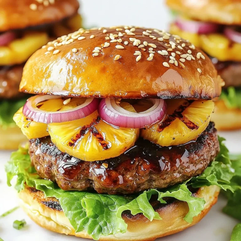 - 1 pound ground beef or turkey - 1/4 cup teriyaki sauce - 1 teaspoon garlic powder - 1 teaspoon onion powder - Salt and pepper to taste - 4 slices fresh pineapple - 4 burger buns (brioche or whole grain work well) - 1/2 cup sliced red onion - 1/2 cup lettuce or spinach - Optional: sliced jalapeños for heat - Sesame seeds for garnish - Grill or grill pan - Mixing bowl - Spatula When I make grilled pineapple teriyaki burgers, I choose the freshest ingredients. For the meat, I often use ground beef, but turkey works great too. I mix in teriyaki sauce, garlic powder, and onion powder for flavor. This blend makes each burger juicy and tasty. I also love using fresh pineapple slices. Grilling them adds a sweet, smoky flavor. The caramelized pineapple pairs well with the savory meat. For the buns, brioche or whole grain adds texture and taste. Don't forget the toppings! I add sliced red onion and fresh greens like lettuce or spinach. If you like heat, jalapeños can spice things up. A sprinkle of sesame seeds on top adds a nice touch. For cooking, I recommend using a grill or grill pan. Both give good results. A mixing bowl helps combine the meat and seasonings. A spatula is handy for flipping the burgers without falling apart. With these ingredients, you set yourself up for a delicious meal. Each bite offers a mix of sweet, savory, and juicy flavors. This burger is sure to impress! {{ingredient_image_1}} To start, grab a large bowl. Mix 1 pound of ground beef or turkey with 1/4 cup of teriyaki sauce. Add 1 teaspoon each of garlic powder and onion powder. Season with salt and pepper. Use your hands to mix gently. Don't overwork the meat; this keeps it tender. Once mixed, form the meat into four equal patties. Make them about 3/4 inch thick for even cooking. Next, preheat your grill to medium-high heat. If you use a grill pan, heat it over medium on the stove. Once hot, place the pineapple slices on the grill. Grill them for about 3-4 minutes on each side. Look for nice grill marks and a bit of caramelization. This adds great flavor. Once done, take them off the grill and set them aside. Now it’s time for the burgers. Place the patties on the hot grill. Cook them for about 5-6 minutes on one side. Flip the patties over and add a grilled pineapple slice on top of each. Cook for another 5-6 minutes for a juicy, medium doneness. Use a meat thermometer if you want to check the internal temp; it should be 160°F. While the burgers finish cooking, take your burger buns. Toast them for a minute or two on the grill, cut side down. This makes them crispy and helps them hold the toppings. Efficient use of grill space is key; check the buns often to avoid burning. Let's put it all together! Start by spreading a thin layer of teriyaki sauce on the bottom half of each toasted bun. Next, add lettuce or spinach. Place the burger patty with the pineapple on top of the greens. Add sliced red onion and jalapeños for some heat if you like. Drizzle more teriyaki sauce over everything. Finally, sprinkle sesame seeds for a nice touch. Close the burger with the top bun and get ready to enjoy! To boost flavor, try adding more spices. You can use black pepper, paprika, or even a pinch of cayenne for some heat. Each spice adds a different taste that makes your burger unique. Quality ingredients matter. Use fresh ground beef or turkey for the best taste. Fresh pineapple gives a sweet contrast to savory meat. Choose ripe, juicy pineapple for grilling. It caramelizes well, adding depth to your burger. Grilling burgers evenly can be tricky. Always preheat your grill to medium-high heat. This helps your patties cook through without burning. For even cooking, press down gently on the patties with a spatula. For thicker patties, use indirect heat. Move the patties to a cooler side of the grill after searing. This keeps them juicy while cooking through. When serving your burgers, a beautiful plate makes a difference. Stack your burger high with layers. Place the burger in the center of the plate. Arrange fries or a salad around it for color. Garnishes add the final touch. Sprinkle sesame seeds on top for crunch. Fresh herbs like cilantro or parsley also brighten the dish. A drizzle of extra teriyaki sauce adds flavor and looks great too. Pro Tips Choose the Right Meat: For a juicier burger, opt for ground beef with a higher fat content, such as 80/20. If using turkey, consider the dark meat for added moisture. Marinate the Pineapple: For an enhanced flavor, marinate the pineapple slices in a bit of teriyaki sauce for 30 minutes before grilling. Don’t Overcook the Patties: To achieve the perfect medium burger, avoid pressing down on the patties while they cook, which can release juices and dry them out. Customize Your Toppings: Feel free to get creative with your toppings! Consider adding sliced avocado, grilled bell peppers, or even a spicy aioli for extra flavor. {{image_2}} You can switch up the meat in grilled pineapple teriyaki burgers. You can use plant-based options like lentil patties or veggie burgers. They soak up the teriyaki sauce well and taste great. For a different twist, try chicken or pork. Chicken thighs work well for juicy flavor. Pork patties can add a nice sweetness too. Both options pair well with grilled pineapple. If you're looking for gluten-free options, choose gluten-free buns. Many stores offer tasty alternatives made from rice or almond flour. Your burger will still be fun and delicious! For a vegan option, skip the meat and use black bean patties. You can also top the burger with avocado slices instead of cheese. This keeps it fresh and creamy. Try unique toppings to make your burger stand out. Add mango salsa for a tropical flair. Or, sprinkle feta cheese for a salty twist. You can also explore different teriyaki sauce flavors. Some brands offer spicy or garlic-infused versions. These can change the whole taste of your burger, making it even more exciting! To keep your grilled pineapple teriyaki burgers fresh, store them in the fridge. Place the burgers in an airtight container. You can also wrap the patties in plastic wrap. The best practice is to separate the patties from the buns and toppings. This way, the bread stays fresh. Leftovers can last for up to three days in the fridge. When reheating, you want to keep the flavor and texture. You can use a skillet or an oven. Heat the skillet over medium heat. Add a splash of water to create steam. This keeps the burgers moist. If using the oven, wrap the burgers in foil. Bake at 350°F for about 10 minutes. Avoid microwaving them, as this can make them dry. Freezing is a great way to save extra burgers. To freeze patties, wrap each one in plastic wrap. Place them in a freezer-safe bag. Grilled pineapple can also be frozen. Just wrap each slice in foil. When you are ready to eat, thaw the burgers in the fridge overnight. For best results, grill them straight from the freezer. This keeps the flavor fresh and delicious. To make these burgers, start by mixing the ground beef or turkey with teriyaki sauce, garlic powder, onion powder, salt, and pepper. Form the mixture into four patties. Preheat your grill to medium-high heat. Grill the pineapple slices for about 3-4 minutes on each side. Next, cook the patties for 5-6 minutes on one side, then flip them. Place a grilled pineapple slice on each patty and cook for another 5-6 minutes. Toast the burger buns on the grill for a minute. Assemble the burgers by spreading teriyaki sauce on the bottom bun, adding lettuce, the patty with pineapple, sliced red onion, jalapeños, and more teriyaki sauce. Top with sesame seeds and enjoy! Yes, you can prepare these burgers ahead. Mix the meat and seasonings and form the patties. Wrap them in plastic wrap and store them in the fridge for up to a day. You can also grill the pineapple in advance. Keep the grilled slices in an airtight container in the fridge. Just reheat the pineapple on the grill or in a pan before serving. This saves time and helps with meal prep! These burgers pair well with various side dishes. Consider serving them with sweet potato fries, coleslaw, or a fresh salad. You can also add grilled corn on the cob for a fun touch. If you want something lighter, try serving them with sliced cucumbers or a fruit salad. These sides complement the sweet and savory flavors of the teriyaki burgers. If you like spice, add sliced jalapeños to your burgers. You can mix diced jalapeños into the meat for a spicy kick. Another option is to use a spicy teriyaki sauce. If you prefer less heat, skip the jalapeños. You can also balance the spice with creamy toppings, like mayonnaise or avocado. This way, you can adjust the heat to your taste. Yes, you can use other sauces! BBQ sauce adds a smoky flavor. Hoisin sauce gives a sweet and savory taste. If you want something tangy, try a sriracha mayo mix. Each sauce brings a new flavor profile to your burger. Feel free to experiment and discover what you love best! Grilled Pineapple Teriyaki Burgers mix tasty ingredients for a fun meal. We covered main components, cooking steps, and helpful tips. You can switch up flavors and proteins for your taste. Remember, using good ingredients makes a big difference in flavor. Store leftovers properly for next time. Enjoy your burger creations, and let your grill skills shine!