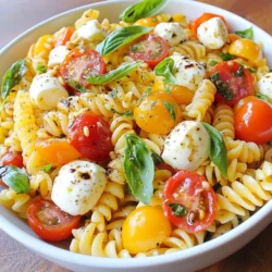 - 8 oz fusilli or penne pasta - 1 cup cherry tomatoes, halved - 1 cup fresh mozzarella balls (bocconcini) - 1/2 cup fresh basil leaves, torn - 1/4 cup extra virgin olive oil - 2 tablespoons balsamic vinegar - 1 clove garlic, minced - Salt and pepper to taste - 1/4 cup pine nuts, toasted When making Caprese Pasta Salad, I focus on fresh, quality ingredients. The pasta is the base. Fusilli or penne holds the dressing well. I like to use cherry tomatoes. Their sweet taste brightens the dish. Fresh mozzarella balls add creaminess and texture. I always include torn basil leaves for that signature flavor. For the dressing, I whisk extra virgin olive oil and balsamic vinegar. Adding minced garlic gives it a nice kick. I season it with salt and pepper. This dressing brings all the flavors together. You can also toast pine nuts for a crunchy touch. They add a nutty note that's delightful. By using these fresh ingredients, you create a colorful and tasty dish. You will impress your friends and family with this easy recipe. {{ingredient_image_1}} To start, bring a large pot of salted water to a boil. Add 8 oz of fusilli or penne pasta. Follow the package instructions for cooking time, usually about 8-10 minutes. You want the pasta to be al dente. Once cooked, drain the pasta and rinse it under cold water. This stops the cooking process and cools it down. Set the pasta aside to continue cooling. Next, we make the dressing. In a small bowl, combine 1/4 cup of extra virgin olive oil, 2 tablespoons of balsamic vinegar, and 1 clove of minced garlic. Add salt and pepper to taste. Use a whisk to mix everything together until well blended. This simple dressing adds a delicious flavor to the salad. Now it’s time to combine the ingredients. In a large mixing bowl, add the cooled pasta. Then, toss in 1 cup of halved cherry tomatoes, 1 cup of fresh mozzarella balls, and 1/2 cup of torn basil leaves. Pour the dressing over the pasta mixture. Gently toss everything together until all the ingredients are evenly coated in the dressing. If you want to add a crunchy element, consider toasting pine nuts. In a dry skillet, place 1/4 cup of pine nuts over medium heat. Stir frequently for 3-4 minutes until they turn a light golden color. Watch them closely, as they can burn quickly. Once toasted, let them cool before sprinkling them over the salad. For the best flavor, let the salad chill in the fridge for at least 20 minutes. This time allows the flavors to meld together. After chilling, your Caprese Pasta Salad will be fresh, vibrant, and ready to serve. To get the best texture, cook your pasta until al dente. This means it should be firm but not hard. Here’s how to do it: - Bring a large pot of salted water to a boil. - Add 8 oz of fusilli or penne pasta. - Check the package for cooking time. Start tasting a minute before the time is up. - Drain the pasta and rinse it under cold water. This stops the cooking and keeps it from getting mushy. You can boost the taste of your Caprese Pasta Salad with extra herbs and spices. Here are some ideas: - Add a pinch of crushed red pepper for heat. - Try fresh oregano or thyme for a different twist. - Consider a squeeze of lemon juice for brightness. - A sprinkle of parmesan cheese adds a savory touch. Serving your salad in a pretty way makes it even more appealing. Here are some tips to impress your guests: - Use a large bowl for a family-style serving. - For individual servings, use clear cups or small bowls. - Garnish with extra basil leaves on top. - Drizzle some balsamic reduction over the salad for a nice finish. Pro Tips Cook Pasta Al Dente: Make sure to cook the pasta just until al dente to maintain its texture and prevent it from becoming mushy in the salad. Rinse with Cold Water: After boiling, rinse the pasta under cold water to stop the cooking process and cool it down quickly for the salad. Fresh Ingredients Matter: Use the freshest basil and mozzarella you can find, as they will greatly enhance the flavor of your pasta salad. Let it Chill: Allow the salad to sit for at least 20 minutes before serving; this helps the flavors meld together beautifully. {{image_2}} You can switch the mozzarella for feta cheese or a dairy-free cheese. If you want a different pasta, use rotini or farfalle. These pasta types hold the sauce well. You can even try whole wheat pasta for more fiber. If you want more protein, add grilled chicken or shrimp. Cook the chicken in olive oil and season it well. Shrimp cooks quickly and adds a nice touch. For a meatless option, you can use chickpeas or black beans. Just rinse and drain the beans before adding them to the salad. To make a vegan Caprese Pasta Salad, skip the cheese. Use avocado or a cashew cream instead. You can also add extra vegetables, like bell peppers or zucchini. These add color and taste. Make sure to use a vegan-friendly dressing, too. A mix of olive oil and lemon juice works great! To keep your Caprese Pasta Salad fresh, store it in the fridge. Use a clean, airtight container. This helps maintain flavor and texture. It will last for about 3 to 5 days. Make sure to check for any signs of spoilage before eating. If the salad has been out for more than two hours, it’s best to toss it. Freezing Caprese Pasta Salad is not the best option. The fresh ingredients, like tomatoes and basil, do not freeze well. If you must freeze it, remove those ingredients. Store the pasta and dressing separately. When you thaw it, add fresh tomatoes and basil later. This way, your salad stays flavorful and vibrant. Yes, you can use other types of pasta. While I love fusilli or penne, you can try rotini, farfalle, or even whole wheat pasta. These shapes hold the dressing well and add fun texture. Just remember to cook them until al dente for the best bite. Caprese Pasta Salad lasts about 3 to 4 days in the fridge. Store it in an airtight container to keep it fresh. If you see any moisture or changes in the smell, it's best to discard it. Yes, you can make it ahead of time. Preparing the salad a few hours before serving allows the flavors to mix well. Just remember to keep it chilled in the fridge. If you add fresh basil, wait until just before serving to add it. This keeps the leaves vibrant and fresh. This blog post covered an easy-to-make Caprese Pasta Salad. You learned about the key ingredients and step-by-step instructions. I shared tips for perfect pasta and presentation ideas. You can customize the salad with proteins or keep it vegan. Remember to store your leftovers properly. In the end, this salad is fresh, tasty, and simple. You can enjoy it at any gathering.