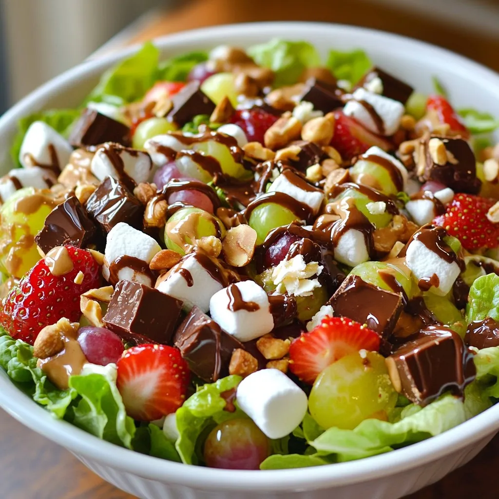 - Fresh green leaf lettuce - Snickers bars - Grapes - Strawberries - Mini marshmallows - Whipped topping - Creamy peanut butter - Powdered sugar - Lemon juice - 4 cups fresh green leaf lettuce, chopped - 3 large Snickers bars, chopped into bite-sized pieces - 1 cup grapes, halved - 1 cup strawberries, sliced - 1 cup mini marshmallows - 1 cup whipped topping - ½ cup creamy peanut butter - ¼ cup powdered sugar - 1 tablespoon lemon juice If you have allergies or preferences, there are great swaps. You can use spinach instead of lettuce for a different green. Try using almond butter instead of peanut butter for a nut-free option. If you want a dairy-free version, use coconut cream instead of whipped topping. For a healthier option, you can replace Snickers with dark chocolate or use fresh fruit only. These changes can create a fun twist on the classic Snickers salad while keeping the dessert tasty and enjoyable! {{ingredient_image_1}} First, gather all your ingredients. You need fresh green leaf lettuce, Snickers bars, grapes, strawberries, mini marshmallows, whipped topping, creamy peanut butter, powdered sugar, and lemon juice. Wash the grapes and strawberries well. Chop the lettuce into bite-sized pieces. Cut the Snickers bars into small chunks. This is where the fun begins! In a large mixing bowl, add the chopped lettuce. Toss in the Snickers pieces, halved grapes, sliced strawberries, and mini marshmallows. Use your hands or a large spoon to mix gently. You want all the ingredients to blend, but be careful not to squish the fruit. This salad should look colorful and inviting! In a separate bowl, combine the whipped topping, creamy peanut butter, powdered sugar, and lemon juice. Mix these together until the dressing is smooth and creamy. This dressing is what makes the salad so tasty! Pour the peanut butter dressing over the salad mixture. Gently fold everything together until the lettuce and fruit are well coated. If you want it sweeter, add more powdered sugar. Now, let the salad chill in the fridge for at least 30 minutes. This helps the flavors mix well. Before serving, give it a gentle stir. Enjoy your delicious Snickers salad! To make your Snickers salad great, use fresh ingredients. Always choose crisp lettuce and ripe fruit. The crunch from the lettuce and the sweetness of the fruit make this dish shine. Chop the Snickers bars into bite-sized pieces. This way, every spoonful has a mix of flavors and textures. Taste your salad before serving. If you want it sweeter, add more powdered sugar. Start with a small amount and mix well. You can also add a touch more peanut butter for a richer flavor. Just remember, you can always add, but you cannot take away! Make your salad look pretty for guests. Use a large bowl or individual cups. Top with some chopped nuts or extra Snickers pieces for crunch. A drizzle of chocolate syrup on top adds flair. This dessert is not just tasty; it should look inviting too! Pro Tips Chill for Best Flavor: Allow the salad to chill in the refrigerator for at least 30 minutes before serving to enhance the flavor and texture. Fruit Variations: Feel free to substitute or add other fruits like apples or bananas for a different flavor profile. Peanut Butter Swap: For a healthier option, consider using almond butter or sunflower seed butter instead of creamy peanut butter. Presentation Matters: Garnish with additional Snickers pieces or a drizzle of chocolate syrup for an eye-catching presentation. {{image_2}} You can switch up the Snickers salad to keep it fun. Try different candy bars for unique tastes. Milky Way bars add a caramel twist. Reese’s cups give a peanut butter punch. You can also mix in nuts like almonds or pecans for crunch. If you want a lighter dish, use Greek yogurt instead of whipped topping. It adds creaminess and protein. You can also swap out Snickers for dark chocolate pieces. Add more fruit, like apples or oranges, to increase fiber and vitamins. Seasonal fruits can make this salad pop. In spring, use fresh berries for a burst of color. In summer, add peaches or cherries for sweetness. Come fall, try diced apples and pears. Each season brings new flavors to enjoy! To store leftover Snickers salad, place it in an airtight container. Make sure to cover it well. This keeps out air and moisture. Store it in the fridge. The salad will stay fresh for up to three days. To keep the Snickers salad fresh, do not mix it too early. Wait until just before serving to combine the dressing. This helps the lettuce stay crisp. If you notice the salad getting soggy, try to eat it sooner. You do not need to heat Snickers salad. Enjoy it cold for the best taste. If you want to use leftovers, consider adding more fresh fruit. This adds extra flavor and crunch. Snickers Salad is a fun and sweet dessert. It mixes fresh lettuce, candy, fruit, and a creamy dressing. You use Snickers bars, grapes, strawberries, and mini marshmallows. The salad is a surprising treat that is both crunchy and soft. Yes, you can make Snickers Salad ahead of time. It tastes better when it chills in the fridge. Just make sure to mix the salad a bit before serving. This will help the flavors blend. Snickers Salad can be gluten-free. Snickers bars are gluten-free, but check the label. Use gluten-free whipped topping too. If using any substitutes, ensure they are gluten-free. Snickers Salad lasts about 2 to 3 days in the fridge. Keep it in an airtight container. The salad may get soggy after a few days, so enjoy it fresh! Absolutely! You can use other candy bars to change the flavor. Try Milky Way or Reese's for a twist. Just chop them into small pieces like the Snickers bars. In this article, we explored the fun world of Snickers Salad. We listed fresh ingredients, showed how to mix it, and crafted a rich peanut butter dressing. We shared tips for sweetness, presentation, and even healthier swaps. Remember, you can store leftovers easily and keep that fresh taste. Snickers Salad is adaptable and perfect for every season. Enjoy making this tasty treat for your next gathering!
