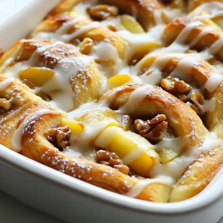 To make this delightful bake, you will need a few key items: - 2 cans of refrigerated cinnamon roll dough - 3 medium apples, peeled, cored, and diced (Granny Smith is best) - 1 teaspoon ground cinnamon - 1/2 teaspoon nutmeg - 1/4 cup brown sugar - 1/2 cup walnuts, chopped (optional) - 1/2 cup raisins (optional) - 1 cup powdered sugar - 2 tablespoons milk - 1/2 teaspoon vanilla extract These ingredients create a warm, cozy dish. The apples add natural sweetness. Cinnamon and nutmeg provide a comforting aroma. The dough makes it easy and fun to prepare. You can customize this recipe with some fun add-ins. Try adding: - Chopped pecans instead of walnuts for a different crunch. - Dried cranberries instead of raisins for a tart twist. - A splash of maple syrup in the apple mixture for extra flavor. If you want to avoid dairy, use almond milk in the icing. You can also swap the cinnamon roll dough for a gluten-free option if needed. Accurate measurements ensure your bake turns out great. Use a kitchen scale for precision. If you don’t have one, use measuring cups. Here are tips for specific ingredients: - When measuring brown sugar, pack it tightly into the cup. - For chopped nuts and fruits, chop them evenly for consistent cooking. - Use a liquid measuring cup for milk and vanilla to avoid spills. These tips help make your Apple Cinnamon Roll Bake a success! {{ingredient_image_1}} First, you need to preheat your oven to 375°F (190°C). This step is key for even baking. While it warms up, grab a 9x13 inch baking dish. Lightly grease it to prevent sticking. I like to use butter or cooking spray for this. Now, let’s make the filling. Take three medium apples. Peel, core, and dice them. I prefer Granny Smith apples for their tartness. In a large mixing bowl, add the diced apples. Sprinkle in one teaspoon of ground cinnamon and half a teaspoon of nutmeg. Add a quarter cup of brown sugar for sweetness. If you want, you can mix in half a cup of chopped walnuts and half a cup of raisins. Stir everything together until well combined. Set this mixture aside while you prepare the cinnamon rolls. Open the two cans of refrigerated cinnamon roll dough. Carefully separate each roll and cut them into quarters. This makes it easier to layer. Place half of the quartered cinnamon roll pieces at the bottom of your greased baking dish. Next, spread the apple mixture evenly over these pieces. Finally, add the rest of the quartered cinnamon roll pieces on top of the apples. This layering gives you a nice texture when baked. Now, it’s time to bake! Place the dish in the preheated oven. Bake for about 25-30 minutes. You want the rolls to be golden brown and cooked through. While it bakes, prepare the icing. In a small bowl, mix one cup of powdered sugar, two tablespoons of milk, and half a teaspoon of vanilla extract until smooth. When the bake is done, take it out and let it cool for a few minutes. Drizzle the icing over the top and enjoy this warm, cozy treat! To cut cinnamon rolls for even baking, use a sharp knife. Press down and avoid sawing. Cut each roll into four equal pieces. This helps them bake evenly. You want each piece to have the same size. Smaller pieces cook faster and form a nice crust. Granny Smith apples are my top choice for this bake. They are tart and hold their shape well. Other good options include Honeycrisp and Fuji. These apples add sweetness and a crisp bite. Choose firm apples for the best texture in your bake. You can prepare this dish the night before. Assemble it, then cover and chill in the fridge. When ready to bake, let it sit at room temperature for 30 minutes. Preheat the oven and bake as usual. For reheating, warm individual portions in the microwave for about 30 seconds. This keeps it soft and gooey. Pro Tips Use Firm Apples: Opt for firm apples like Granny Smith to ensure they hold their shape and provide a nice tartness to balance the sweetness of the cinnamon rolls. Enhance the Flavor: Add a splash of lemon juice to the apple mixture for a fresh zing that complements the cinnamon and nutmeg. Let it Cool: Allow the bake to cool for a few minutes before drizzling the icing to prevent it from melting into the dish. Customize Your Toppings: Feel free to experiment with different nuts, such as pecans or almonds, or add dried cranberries for an extra burst of flavor. {{image_2}} You can mix things up by adding other fruits. Try diced pears for a sweet twist. Berries, like blueberries or raspberries, add a nice tartness. Peaches work well, too. Just remember to adjust the spices to match your fruit choice. For example, peaches pair nicely with a hint of ginger. This way, you can create your own unique flavor. If you want to take it up a notch, use homemade cinnamon roll dough. Making your own dough gives you control over the texture and taste. You can add extra spices to your dough for a richer flavor. Roll it out, spread butter, cinnamon, and sugar, then roll it up. Cut it into pieces just like the store-bought dough. Homemade dough provides a fresh and warm taste, enhancing your bake. The icing can change the whole dish. Instead of vanilla icing, try cream cheese icing for a tangy bite. You can also mix in maple syrup for a cozy flavor. A touch of lemon juice brightens the icing and adds zest. For a chocolate twist, melt chocolate and drizzle it on top. These variations let you personalize your Apple Cinnamon Roll Bake, making it your own. Store any leftover Apple Cinnamon Roll Bake in an airtight container. Keep it in the fridge. It stays fresh for up to three days. Make sure it cools before sealing. This helps keep the texture nice. You can freeze this bake for future enjoyment. Let it cool completely. Wrap it tightly in plastic wrap, then in foil. Store it in the freezer for up to two months. When you’re ready to eat, thaw it in the fridge overnight. Reheat it in the oven for best results. For the best taste, serve it fresh from the oven. The warm cinnamon rolls and apples taste the best. If you have leftovers, enjoy them within three days. This way, you get the full flavor and texture. Yes, you can use other types of roll dough. You might try using biscuit dough for a flakier texture. You can also use puff pastry for a more layered look. Just keep an eye on the baking time. Different doughs may need different times to cook. To make it healthier, you can swap regular cinnamon roll dough for whole wheat dough. You can reduce the sugar in the apple mix. Add extra apples for more fiber and nutrients. You could also use a sugar-free icing recipe. Serve it warm for the best taste. You can add a scoop of vanilla ice cream or whipped cream. A sprinkle of cinnamon on top adds a nice touch. Pair it with a cup of coffee or tea for a cozy treat. Yes, you can make this dessert gluten-free. Look for gluten-free cinnamon roll dough at your local store. Be sure to check the labels to avoid gluten. You can also make your own gluten-free dough at home if you prefer. In this blog post, we explored how to make a delicious Apple Cinnamon Roll Bake. We covered key ingredients, tips for great results, and step-by-step instructions. You learned how to customize this recipe with fun variations and how to store leftovers properly. This dish is easy to make and great for any occasion. With simple tweaks, you can make it your own. I hope you feel inspired to try this recipe and enjoy a warm, tasty treat!