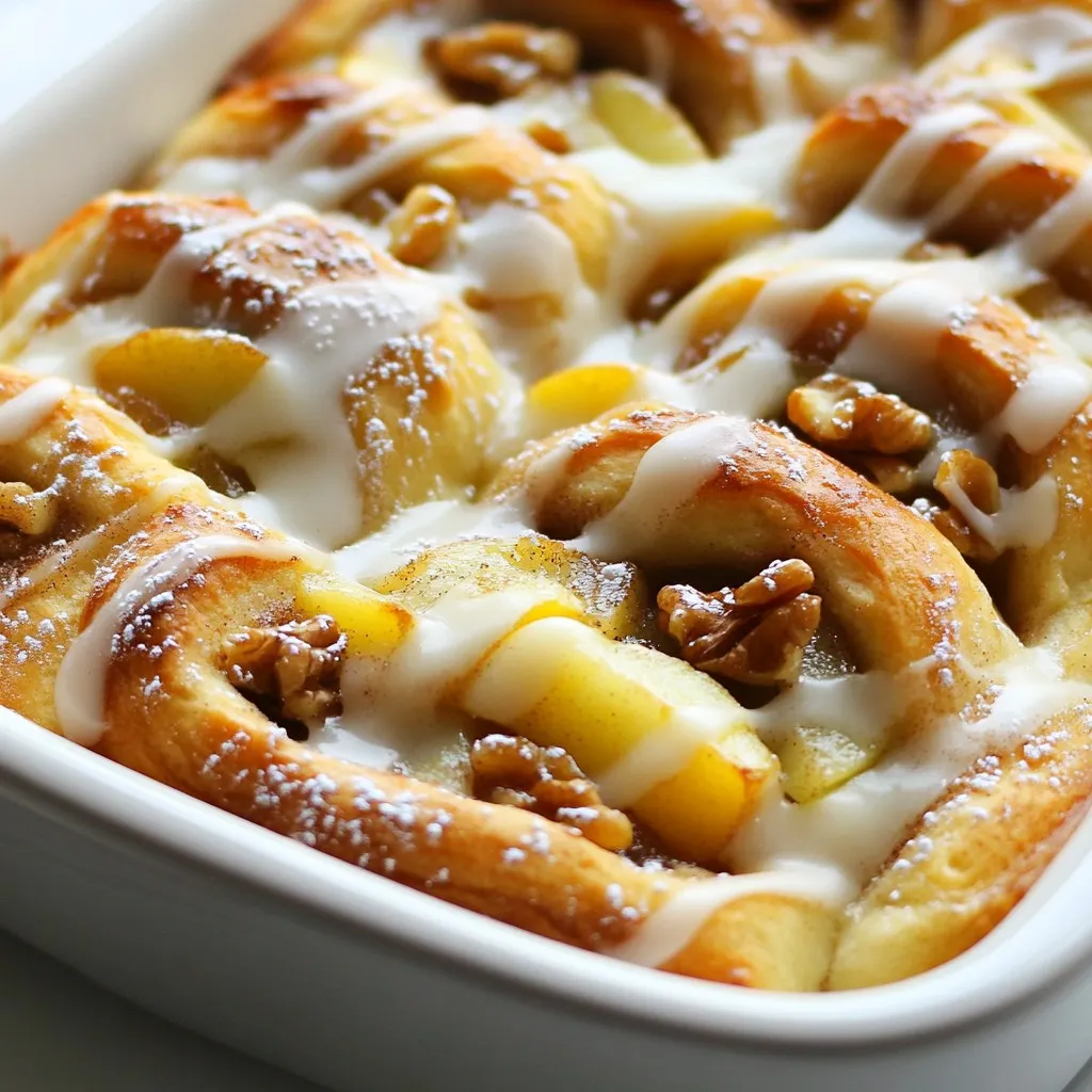 To make this delightful bake, you will need a few key items: - 2 cans of refrigerated cinnamon roll dough - 3 medium apples, peeled, cored, and diced (Granny Smith is best) - 1 teaspoon ground cinnamon - 1/2 teaspoon nutmeg - 1/4 cup brown sugar - 1/2 cup walnuts, chopped (optional) - 1/2 cup raisins (optional) - 1 cup powdered sugar - 2 tablespoons milk - 1/2 teaspoon vanilla extract These ingredients create a warm, cozy dish. The apples add natural sweetness. Cinnamon and nutmeg provide a comforting aroma. The dough makes it easy and fun to prepare. You can customize this recipe with some fun add-ins. Try adding: - Chopped pecans instead of walnuts for a different crunch. - Dried cranberries instead of raisins for a tart twist. - A splash of maple syrup in the apple mixture for extra flavor. If you want to avoid dairy, use almond milk in the icing. You can also swap the cinnamon roll dough for a gluten-free option if needed. Accurate measurements ensure your bake turns out great. Use a kitchen scale for precision. If you don’t have one, use measuring cups. Here are tips for specific ingredients: - When measuring brown sugar, pack it tightly into the cup. - For chopped nuts and fruits, chop them evenly for consistent cooking. - Use a liquid measuring cup for milk and vanilla to avoid spills. These tips help make your Apple Cinnamon Roll Bake a success! {{ingredient_image_1}} First, you need to preheat your oven to 375°F (190°C). This step is key for even baking. While it warms up, grab a 9x13 inch baking dish. Lightly grease it to prevent sticking. I like to use butter or cooking spray for this. Now, let’s make the filling. Take three medium apples. Peel, core, and dice them. I prefer Granny Smith apples for their tartness. In a large mixing bowl, add the diced apples. Sprinkle in one teaspoon of ground cinnamon and half a teaspoon of nutmeg. Add a quarter cup of brown sugar for sweetness. If you want, you can mix in half a cup of chopped walnuts and half a cup of raisins. Stir everything together until well combined. Set this mixture aside while you prepare the cinnamon rolls. Open the two cans of refrigerated cinnamon roll dough. Carefully separate each roll and cut them into quarters. This makes it easier to layer. Place half of the quartered cinnamon roll pieces at the bottom of your greased baking dish. Next, spread the apple mixture evenly over these pieces. Finally, add the rest of the quartered cinnamon roll pieces on top of the apples. This layering gives you a nice texture when baked. Now, it’s time to bake! Place the dish in the preheated oven. Bake for about 25-30 minutes. You want the rolls to be golden brown and cooked through. While it bakes, prepare the icing. In a small bowl, mix one cup of powdered sugar, two tablespoons of milk, and half a teaspoon of vanilla extract until smooth. When the bake is done, take it out and let it cool for a few minutes. Drizzle the icing over the top and enjoy this warm, cozy treat! To cut cinnamon rolls for even baking, use a sharp knife. Press down and avoid sawing. Cut each roll into four equal pieces. This helps them bake evenly. You want each piece to have the same size. Smaller pieces cook faster and form a nice crust. Granny Smith apples are my top choice for this bake. They are tart and hold their shape well. Other good options include Honeycrisp and Fuji. These apples add sweetness and a crisp bite. Choose firm apples for the best texture in your bake. You can prepare this dish the night before. Assemble it, then cover and chill in the fridge. When ready to bake, let it sit at room temperature for 30 minutes. Preheat the oven and bake as usual. For reheating, warm individual portions in the microwave for about 30 seconds. This keeps it soft and gooey. Pro Tips Use Firm Apples: Opt for firm apples like Granny Smith to ensure they hold their shape and provide a nice tartness to balance the sweetness of the cinnamon rolls. Enhance the Flavor: Add a splash of lemon juice to the apple mixture for a fresh zing that complements the cinnamon and nutmeg. Let it Cool: Allow the bake to cool for a few minutes before drizzling the icing to prevent it from melting into the dish. Customize Your Toppings: Feel free to experiment with different nuts, such as pecans or almonds, or add dried cranberries for an extra burst of flavor. {{image_2}} You can mix things up by adding other fruits. Try diced pears for a sweet twist. Berries, like blueberries or raspberries, add a nice tartness. Peaches work well, too. Just remember to adjust the spices to match your fruit choice. For example, peaches pair nicely with a hint of ginger. This way, you can create your own unique flavor. If you want to take it up a notch, use homemade cinnamon roll dough. Making your own dough gives you control over the texture and taste. You can add extra spices to your dough for a richer flavor. Roll it out, spread butter, cinnamon, and sugar, then roll it up. Cut it into pieces just like the store-bought dough. Homemade dough provides a fresh and warm taste, enhancing your bake. The icing can change the whole dish. Instead of vanilla icing, try cream cheese icing for a tangy bite. You can also mix in maple syrup for a cozy flavor. A touch of lemon juice brightens the icing and adds zest. For a chocolate twist, melt chocolate and drizzle it on top. These variations let you personalize your Apple Cinnamon Roll Bake, making it your own. Store any leftover Apple Cinnamon Roll Bake in an airtight container. Keep it in the fridge. It stays fresh for up to three days. Make sure it cools before sealing. This helps keep the texture nice. You can freeze this bake for future enjoyment. Let it cool completely. Wrap it tightly in plastic wrap, then in foil. Store it in the freezer for up to two months. When you’re ready to eat, thaw it in the fridge overnight. Reheat it in the oven for best results. For the best taste, serve it fresh from the oven. The warm cinnamon rolls and apples taste the best. If you have leftovers, enjoy them within three days. This way, you get the full flavor and texture. Yes, you can use other types of roll dough. You might try using biscuit dough for a flakier texture. You can also use puff pastry for a more layered look. Just keep an eye on the baking time. Different doughs may need different times to cook. To make it healthier, you can swap regular cinnamon roll dough for whole wheat dough. You can reduce the sugar in the apple mix. Add extra apples for more fiber and nutrients. You could also use a sugar-free icing recipe. Serve it warm for the best taste. You can add a scoop of vanilla ice cream or whipped cream. A sprinkle of cinnamon on top adds a nice touch. Pair it with a cup of coffee or tea for a cozy treat. Yes, you can make this dessert gluten-free. Look for gluten-free cinnamon roll dough at your local store. Be sure to check the labels to avoid gluten. You can also make your own gluten-free dough at home if you prefer. In this blog post, we explored how to make a delicious Apple Cinnamon Roll Bake. We covered key ingredients, tips for great results, and step-by-step instructions. You learned how to customize this recipe with fun variations and how to store leftovers properly. This dish is easy to make and great for any occasion. With simple tweaks, you can make it your own. I hope you feel inspired to try this recipe and enjoy a warm, tasty treat!