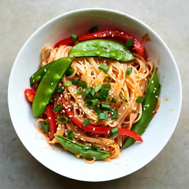 - 300g of rice noodles - 3 tablespoons sweet chili sauce - 2 cloves garlic, minced - 1 tablespoon soy sauce - 1 bell pepper, sliced (red or yellow) - 1 cup snap peas, trimmed - 2 green onions, sliced - 1 tablespoon sesame oil - 1 tablespoon sesame seeds - Salt and pepper to taste When I make Sweet Chili Garlic Noodles, I love to start with the main ingredients. The rice noodles are key. They soak up the sauce well and add a nice texture. Sweet chili sauce brings that perfect balance of sweet and spicy. I always add minced garlic for a punch of flavor, along with soy sauce for depth. Next, I pick fresh vegetables. A bell pepper adds color and crunch. Red or yellow works well; both taste great. I also use snap peas, which add a nice snap. Sliced green onions are a must for freshness and a little zing. For seasoning, I use sesame oil to give a nutty flavor. It makes the dish richer. Sesame seeds are great as a garnish; they add a nice look and extra crunch. Finally, salt and pepper finish it off, bringing all the flavors together. {{ingredient_image_1}} To cook rice noodles al dente, start by boiling water in a large pot. Add the noodles and cook according to the package instructions, usually 5 to 7 minutes. You want them soft but with a slight bite. Once they are done, drain them and rinse under cold water. This stops the cooking process and keeps them from sticking. Set the noodles aside. Next, grab a large skillet or wok. Heat the sesame oil over medium heat. This oil adds a nice nutty flavor. Once hot, add 2 cloves of minced garlic. Sauté for about 1 minute until it smells great. Be careful not to let it burn. Then, add the sliced bell pepper and snap peas. Stir-fry for 3 to 4 minutes. You want the veggies tender but still crisp. Now it’s time to bring it all together. Pour in 3 tablespoons of sweet chili sauce and 1 tablespoon of soy sauce. Stir well to mix everything. Let the sauce simmer gently for a minute. Then, add the cooked rice noodles to the skillet. Toss everything together until the noodles are coated with sauce. Season with salt and pepper to taste. When it’s all heated through, remove from heat. Sprinkle sliced green onions and sesame seeds on top. Toss gently again. Your savory sweet chili garlic noodles are ready to serve hot! To make perfect noodles, cook them until they are al dente. This means they should be firm to the bite. Overcooking will make them mushy. After cooking, rinse the noodles under cold water. This stops the cooking and keeps them from sticking. When it comes to storing leftover noodles, place them in an airtight container. They can last in the fridge for up to three days. To reheat, use a pan with a bit of water. This helps keep them moist. To boost flavor, consider adding more sauces. Hoisin sauce or a splash of lime juice works great. You can also try adding a pinch of red pepper flakes for heat. Fresh herbs enhance the dish too. Cilantro or basil adds a nice touch when you garnish your noodles. One common mistake is burning the garlic. Garlic cooks quickly, so watch it closely. If it burns, it will taste bitter. Stir it often and remove it from heat once it’s fragrant. Another mistake is overcooking vegetables. They should be tender-crisp. This keeps them bright and fresh. Stir-fry them just until they are vibrant and still have a bite. Pro Tips Use Fresh Ingredients: Fresh vegetables not only enhance the flavor but also add a vibrant color to the dish. Always choose crisp and colorful produce for the best results. Adjust the Spice Level: If you prefer your noodles spicier, consider adding a dash of Sriracha or red pepper flakes when you mix in the sweet chili sauce. Perfectly Cooked Noodles: To achieve the best texture, cook the rice noodles just until al dente, as they will continue to soften when mixed with the hot sauce and vegetables. Garnish for Flavor: Adding fresh cilantro or a squeeze of lime juice as a garnish will elevate the dish and provide a refreshing contrast to the sweet chili sauce. {{image_2}} You can easily boost the flavor of Sweet Chili Garlic Noodles by adding protein. Shrimp and chicken work great here. To use shrimp, cook them until they turn pink. Toss them in with the garlic. For chicken, cut it into small pieces and stir-fry until it’s fully cooked. If you prefer a vegetarian option, tofu is a fantastic choice. Use firm tofu, press it to remove extra water, and cut it into cubes. Sauté the tofu until golden brown before adding it to the noodles. This adds a nice texture and absorbs the sauce well. If you want to change up the veggies, there are many great swaps. Instead of bell peppers, you can use carrots or zucchini. These add a nice crunch and color. For snap peas, try green beans or broccoli florets. They cook well and add nutrients. Mixing in seasonal vegetables can also enhance the dish. Think of asparagus in spring or roasted pumpkin in fall. This keeps your meal fresh and exciting, no matter the season. If you need gluten-free noodles, rice noodles are the perfect choice. They are light and easy to digest. You can also look for gluten-free pasta made from rice or quinoa. For sauces, check labels for gluten-free soy sauce. You can also use tamari as a great alternative. It has a similar flavor and keeps your dish gluten-free. Enjoy these options without missing out on taste! To store Sweet Chili Garlic Noodles, let them cool down first. Place them in airtight containers. You want to keep the noodles fresh and tasty. Glass or plastic containers work great. Make sure to seal them well to avoid air. This helps prevent the noodles from drying out. When reheating, use a skillet or a microwave. For the skillet, add a splash of water and heat on low. Stir gently to warm the noodles evenly. In the microwave, heat in short bursts. This helps keep the noodles from getting soggy. Always check the heat to avoid overcooking. Yes, you can freeze Sweet Chili Garlic Noodles. To freeze, let them cool completely. Then, portion them into freezer-safe bags. Remove as much air as you can before sealing. For thawing, place them in the fridge overnight. Reheat them gently on the stove or in the microwave. This keeps them tasty and fresh. Sweet chili garlic noodles are a quick and tasty dish. They mix rice noodles with sweet chili sauce and garlic. The dish is colorful and bright. You see vibrant bell peppers, snap peas, and green onions. The sweet and savory sauce coats the noodles well. This comfort food is perfect for any meal. Yes, you can make these noodles ahead of time. Cook the noodles and veggies, then store them separately. Keep the sauce in a jar. When you are ready to eat, just combine everything. This way, the noodles stay fresh. You can store them in the fridge for up to three days. These noodles pair well with many sides. Here are some great options: - Grilled chicken for protein - Steamed broccoli for added greens - Crispy spring rolls for a crunchy touch - A light salad to balance the meal These sides will enhance your dining experience and make it even better. Sweet Chili Garlic Noodles bring together great flavors and textures. You learned the main ingredients, like rice noodles and fresh veggies. Cooking tips help you avoid mistakes and enhance taste. You can try different proteins or make it gluten-free. In conclusion, this dish is simple yet tasty. Feel free to customize it to fit your taste. Enjoy creating your own version of Sweet Chili Garlic Noodles and delight in satisfying meals at home.