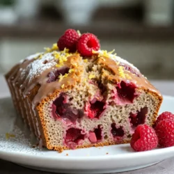 - 1 ½ cups all-purpose flour - 1 teaspoon baking powder - ½ teaspoon baking soda - ¼ teaspoon salt - ½ cup unsalted butter, softened - 1 cup granulated sugar - 2 large eggs - 1 teaspoon vanilla extract - Zest of 1 lemon - ½ cup buttermilk - 1 cup fresh raspberries (or frozen, thawed) - 2 tablespoons lemon juice - Powdered sugar for dusting What can I use instead of buttermilk? You can mix one cup of milk with one tablespoon of vinegar or lemon juice. Let it sit for five minutes. This gives you a good buttermilk substitute. What raspberries should I use? Fresh raspberries taste best in this recipe. If fresh ones are not available, use frozen raspberries. Make sure to thaw them before mixing. How do I choose the best lemons? Pick firm lemons with smooth skin. The heavier they are, the juicier they will be. Look for bright yellow color with no green spots. {{ingredient_image_1}} 1. Preheat your oven to 350°F (175°C). This step ensures even baking. 2. Grease and flour a 9x5-inch loaf pan. This helps the cake to release easily. 3. In a medium bowl, whisk together the flour, baking powder, baking soda, and salt. Set it aside for later use. 1. In a large mixing bowl, cream the softened butter and granulated sugar. Use an electric mixer and mix until light and fluffy. This should take about 3-5 minutes. 2. Add the eggs one at a time. Mix well after each addition. This helps to incorporate air. 3. Next, mix in the vanilla extract and lemon zest. This adds a bright, fresh flavor. 1. Gradually add the dry ingredients to the wet mixture. Alternate with the buttermilk. Start and end with the flour mixture. Mix until just combined. 2. Gently fold in the fresh raspberries. Be careful not to crush them. This keeps the raspberries whole for bursts of flavor. 3. Pour the batter into the prepared loaf pan. Smooth the top with a spatula. 4. Bake in the preheated oven for 50-60 minutes. Check doneness by inserting a toothpick into the center. It should come out clean. 5. While the loaf bakes, make the lemon glaze. Mix the lemon juice with a tablespoon of granulated sugar. This will add a sweet and tangy finish. 6. After baking, cool the loaf in the pan for 10 minutes. Then transfer it to a wire rack. Drizzle the lemon glaze over the top while it’s still warm. 7. Allow the loaf to cool completely. Dust with powdered sugar before slicing. - How to test for doneness: Insert a toothpick into the center of the loaf. If it comes out clean, the cake is ready. You can also gently press the top; it should spring back. - Avoiding common baking mistakes: Make sure to measure your ingredients correctly. Too much flour can make the cake dry. Also, do not overmix the batter. Mix just until combined. - Serving suggestions for a special touch: Serve slices on a decorative plate. Add fresh raspberries and lemon zest on top for a beautiful look. You can also pair it with a scoop of vanilla ice cream. - Decorative ways to dust with powdered sugar: Use a fine mesh sieve to sprinkle powdered sugar evenly. For a fun design, create a stencil with a lemon shape or a heart. - Adding additional fruit or extracts: You can mix in blueberries or chopped strawberries for added flavor. A teaspoon of almond extract also pairs well with lemon and raspberry. - Using herbs for a unique twist: Try adding fresh basil or mint leaves to the batter. This gives the loaf a fresh, herby taste that surprises your guests. Pro Tips Fresh Raspberries: Use fresh raspberries for the best flavor and texture. If using frozen, ensure they are fully thawed and drained to prevent excess moisture in the batter. Room Temperature Ingredients: Make sure your eggs and butter are at room temperature before starting. This helps create a smoother batter and a lighter loaf. Let It Cool: Allow the loaf to cool completely before slicing to ensure clean cuts and retain moisture. This prevents the loaf from crumbling. Flavor Variations: Experiment with other berries or citrus zests to customize the flavor. Blueberries or orange zest can be delightful alternatives to raspberries and lemon. {{image_2}} You can change the fruit in this cake. Blueberries work great. They add sweetness and color. Cranberries are another option. They give a nice tartness that balances the sweetness. You can also play with flavors. Coconut can bring a lovely tropical twist. Just add shredded coconut to the batter. Almond extract is another great choice. It pairs well with lemon and raspberry. Use half the amount of almond extract instead of vanilla for a unique taste. If you need a gluten-free version, swap the all-purpose flour for a gluten-free blend. Make sure it includes xanthan gum for the best texture. This way, everyone can enjoy this cake. For a vegan option, replace the eggs with flax eggs. Mix one tablespoon of flaxseed meal with three tablespoons of water. Let it sit for five minutes to thicken. Use a plant-based butter instead of unsalted butter. For buttermilk, mix plant-based milk with vinegar for a quick substitute. Change the cake with the seasons. In fall, add a pinch of cinnamon or nutmeg. This will warm up the flavors. In spring, top the cake with fresh berries or edible flowers. They add a pop of color and freshness. In summer, a light lemon glaze on top can brighten the cake. You can also add lemon zest for extra zing. To keep your raspberry lemon loaf fresh, you have two main options: room temperature or refrigerator. If you plan to eat it within a few days, store it at room temperature. Wrap it in plastic wrap or place it in an airtight container. This method keeps the loaf soft and moist. If you want to keep it longer, use the fridge. The cool air slows down spoilage. Just remember to wrap it well to avoid drying out. No one likes a dry cake! Freezing leftover slices is a great way to save your raspberry lemon loaf. First, let the loaf cool completely. Then, slice it into pieces. Wrap each slice in plastic wrap. After that, place the wrapped slices in a freezer bag. This keeps them fresh for up to three months. When you want to enjoy a slice, take it out and let it thaw at room temperature. For the best texture, avoid using a microwave. Instead, let it sit for a couple of hours or overnight in the fridge. Your raspberry lemon loaf stays fresh for about 3 to 4 days at room temperature. If stored in the fridge, it can last up to a week. If you freeze it, remember to consume it within three months for the best flavor and texture. Always check for any signs of spoilage before you eat. Enjoy your cake while it’s fresh! Can I use frozen raspberries instead of fresh? Yes, you can use frozen raspberries. Just thaw and drain them before adding to the batter. This way, they won’t add too much moisture. It’s a great option when fresh berries are not available. How can I make this recipe dairy-free? To make this recipe dairy-free, replace buttermilk with a dairy-free milk. You can use almond milk or oat milk. Add a splash of lemon juice to mimic the tang of buttermilk. Use dairy-free butter for a complete swap. What to do if the cake sinks in the middle? If your cake sinks, it may have been underbaked. Always check with a toothpick. If it comes out wet, bake longer. Overmixing the batter can also cause sinking. Mix gently to avoid this. Why is my loaf dry or crumbly? A dry loaf may be due to overbaking or too much flour. Measure flour carefully and use the spoon-and-level method. Be sure to check the oven temperature with a thermometer for accuracy. How many servings does this loaf provide? This loaf makes about 8 to 10 slices. It’s perfect for sharing or for small gatherings. Suggestions for portion sizes Serve each slice about an inch thick. This size allows for a nice balance of flavor and texture. You can also add a dollop of whipped cream for extra fun. We've covered key ingredients, steps, and tips for your baking success. You learned how to choose the best fruits and adapt the recipe to fit your needs. Remember to store leftovers properly to enjoy this cake over time. Don't hesitate to experiment with flavors or alternatives. Cooking is about joy and exploration. Always trust your taste and have fun in the kitchen!