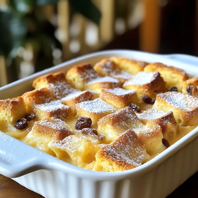 To make a tasty RumChata bread pudding, you need these main ingredients: - 6 cups of day-old brioche bread, cut into cubes - 4 large eggs - 2 cups whole milk - 1 cup RumChata - 1 cup granulated sugar - 1 teaspoon ground cinnamon - 1/2 teaspoon nutmeg - 1 teaspoon vanilla extract Each ingredient plays a vital role. The brioche gives a soft, rich texture. The eggs bind everything together. RumChata brings a creamy and sweet flavor, while milk adds moisture. Sugar balances the spices and adds sweetness. Cinnamon and nutmeg provide warmth and depth to the dish. Lastly, vanilla extract enhances the overall taste. For added flavor and texture, consider these optional ingredients: - 1/4 cup raisins - 1/4 cup chopped pecans or walnuts Raisins add a chewy sweetness. Nuts bring a nice crunch. You can mix and match based on your taste. Want a tropical twist? Try adding shredded coconut for a fun surprise! If you don’t have RumChata, you can make a simple substitute. Use 1 cup of milk mixed with 1 teaspoon vanilla and 1 teaspoon cinnamon. This blend mimics the flavors of RumChata well. If you want to swap the brioche, feel free to use challah or even French bread. Each option will still yield a delightful pudding. {{ingredient_image_1}} First, set your oven to 350°F (175°C). This is the perfect temperature for baking. Next, take a 9x13 inch baking dish and grease it well. Use butter or cooking spray to coat the dish. This step helps the bread pudding not to stick. In a large bowl, whisk together 4 large eggs and 1 cup of granulated sugar. Mix these until they are smooth. Then, add 2 cups of whole milk and 1 cup of RumChata. If you need a substitute for RumChata, mix 1 cup of milk with 1 teaspoon of vanilla and 1 teaspoon of cinnamon. Add 1 teaspoon of vanilla extract, 1 teaspoon of ground cinnamon, and 1/2 teaspoon of nutmeg. Stir this mixture until it is well combined. Now, take 6 cups of day-old brioche bread. Cut it into cubes and add it to the egg mixture. Stir gently to coat all the bread pieces. This is key for the best texture. If you like, you can fold in 1/4 cup of raisins and 1/4 cup of chopped pecans or walnuts. Let the mixture sit for about 10-15 minutes. This allows the bread to soak up the liquid. After the bread has soaked, pour the mixture into the greased baking dish. Spread it out evenly. Bake in the preheated oven for 40-45 minutes. Keep an eye on it. The top should be golden brown, and the center should be set. To check, insert a knife in the center. If it comes out clean, it is ready. Once baked, remove it from the oven and let it cool for about 10 minutes. Dust with confectioners' sugar before serving. Enjoy your delicious RumChata bread pudding! To make the best RumChata bread pudding, use day-old brioche bread. It soaks up the liquid well. Cut the bread into cubes, but don't make them too small. Keep them around one-inch. This size helps maintain a good texture. Whisk your eggs and sugar until they blend well. This step ensures a creamy and rich flavor. When you add the milk and RumChata, stir gently. You want everything to mix but not foam. Let the bread soak for about 10 to 15 minutes. This time helps it absorb all the tasty liquid. For an extra touch, use a sprinkle of nutmeg with your cinnamon. It adds a warm, cozy flavor. One common mistake is overbaking the pudding. Keep an eye on it; you want a light golden top. If the knife comes out clean, it’s done. Another mistake is not letting it cool before serving. Ten minutes of cooling lets the flavors settle. Also, don’t skip the dusting of confectioners' sugar. It gives a nice sweet touch. Serve your RumChata bread pudding warm for the best taste. A scoop of vanilla ice cream on top makes it extra special. If you want to elevate it further, drizzle with homemade caramel sauce. You can also add fresh berries for a burst of freshness. These fruits add color and a tangy flavor that pairs well with the pudding. Enjoy sharing this treat with family and friends! Pro Tips Use Day-Old Bread: Using day-old brioche will ensure that your bread pudding has the perfect texture, soaking up the custard without becoming too mushy. Let it Soak: Allowing the bread to soak for at least 10-15 minutes ensures that every piece is infused with flavor and moisture, resulting in a richer pudding. Experiment with Nuts: Feel free to switch up the nuts used in this recipe or omit them altogether. Almonds or hazelnuts can add a delightful twist. Serve Warm: This dish is best enjoyed warm. Consider serving it with a scoop of vanilla ice cream or a drizzle of caramel sauce for extra indulgence. {{image_2}} You can change the taste of RumChata bread pudding in fun ways. Try using other liqueurs like Kahlua or Bailey's for a new flavor. Each liqueur adds its own twist. For spices, think about adding ginger or allspice. They give warmth and depth to the dish. Mix and match to find your favorite combo. If you need gluten-free options, use gluten-free bread. There are many types on the market today. For dairy-free, swap whole milk for almond or oat milk. Use a dairy-free cream for the RumChata substitute. You can still enjoy this dessert without the gluten or dairy. Make RumChata bread pudding special for the holidays. Add dried cranberries or chopped apples for a festive touch. You can also sprinkle in some pumpkin spice for fall. During winter, try adding peppermint extract to the mix. Each season brings a chance to create new memories with this dessert. To keep your RumChata bread pudding fresh, store it in an airtight container. Let it cool completely before packing it up. Place a layer of plastic wrap on top to seal in moisture. You can keep it in the fridge for up to three days. This way, you can enjoy it later without losing its creamy goodness. When you're ready to enjoy your leftover bread pudding, reheating is key. Preheat your oven to 350°F (175°C). Place the bread pudding in an oven-safe dish. Cover it with foil to keep it moist. Heat for about 15-20 minutes or until it's warm throughout. You can also microwave individual portions for about 30 seconds, but the oven keeps it fluffy. Yes, you can freeze RumChata bread pudding! Cut it into portions and wrap each piece in plastic wrap. Place them in a freezer-safe bag or container. It will stay fresh for up to three months. When you want to eat it, thaw it in the fridge overnight. Then, reheat as mentioned above for the best taste. Yes, you can make RumChata Bread Pudding ahead of time. Prepare the mixture and pour it into your baking dish. Cover it and store it in the fridge for up to 24 hours. When you're ready, bake it straight from the fridge. This method makes it easy for gatherings or busy days. Yes, you can make this recipe without alcohol. Simply mix 1 cup of milk with 1 teaspoon of vanilla and 1 teaspoon of cinnamon. This gives you a similar flavor without the RumChata. The result will still be creamy and delicious. The best bread for bread pudding is day-old brioche. Its soft texture absorbs liquid well, creating a rich pudding. You can also use challah or French bread. These options add flavor and help achieve a great texture. This article explored how to make RumChata bread pudding. We covered the key ingredients, step-by-step instructions, and useful tips. I shared flavor variations and how to store leftovers effectively. RumChata adds a rich taste, but feel free to customize it with different flavors or swap ingredients. Bread pudding can be a warm treat for any occasion. Now, you are ready to make a delightful dessert that everyone will enjoy. Get cooking, and savor each bite!