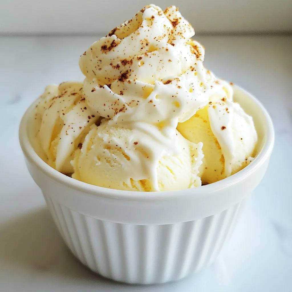 To make eggnog ice cream, you need a few key ingredients. Here is what you will use: - 2 cups heavy cream - 1 cup whole milk - 3/4 cup granulated sugar - 1 teaspoon vanilla extract - 1 teaspoon ground nutmeg - 1/2 teaspoon ground cinnamon - 4 large egg yolks - Pinch of salt - Whipped cream and extra nutmeg for serving (optional) These ingredients combine to create a rich, creamy treat. The heavy cream and whole milk provide the base. Sugar sweetens the mix, while spices add warmth. The egg yolks give it a custard-like quality. You can swap some ingredients if needed. For a lighter version, use half-and-half instead of heavy cream. Almond milk or coconut milk works for a dairy-free option. If you want to avoid eggs, try a custard powder. Feel free to adjust the spices too. Use allspice or ginger for a twist. Different sweeteners like honey or maple syrup can change the flavor profile. Quality matters when making eggnog ice cream. Choose fresh eggs for a rich taste. Look for heavy cream that is at least 36% fat. This creates a smooth texture. Whole milk should be full-fat, not skim. Select pure vanilla extract over imitation. Freshly grated nutmeg gives a stronger flavor than pre-ground. Always check expiration dates on dairy products to ensure freshness. {{ingredient_image_1}} Start by gathering your ingredients. In a medium saucepan, mix the heavy cream, whole milk, sugar, nutmeg, cinnamon, and salt. Heat this over medium heat until it steams. Stir often to dissolve the sugar. Next, whisk the egg yolks in a bowl until they become light and frothy. Gradually add about 1 cup of the hot cream to the yolks while whisking. This step is key to tempering the eggs. It prevents them from cooking too fast. After that, pour the egg yolk mixture back into the saucepan with the rest of the cream. Cook on low heat and stir constantly. You want it to thicken slightly. This takes about 5 to 7 minutes. Once thickened, remove the saucepan from the heat. Stir in the vanilla extract. Let the mixture cool to room temperature. Then, cover it and chill in the fridge for at least 4 hours. When you're ready, churn the chilled mixture in your ice cream maker. Follow the manufacturer’s instructions. This should take about 20 to 30 minutes. Finally, transfer the ice cream into an airtight container. Freeze for at least 4 hours until it's firm. Tempering is easy once you know the steps. Always add hot liquid slowly to the eggs. Whisk continuously to keep the eggs from cooking. This helps create a smooth texture. If the egg mixture looks lumpy, it's too late. Start over with fresh eggs. Patience is key here. Take your time, and you will get it right. Churning is where the magic happens. Make sure your ice cream maker is cold before use. If the bowl is not cold, your ice cream won't freeze properly. Churn until you reach a soft-serve texture. Don't overdo it; you want it creamy, not hard. If it seems too soft, that's okay. It will firm up in the freezer later. Once churning is done, move quickly to transfer your ice cream. Avoid letting it sit out too long. This keeps it smooth and easy to scoop later on. To get a smooth and creamy eggnog ice cream, start with heavy cream. It has a high fat content. This fat helps create a rich texture. When you heat the cream mixture, do not let it boil. Heating it gently allows the flavors to blend well. After mixing in the egg yolks, stir constantly. This ensures the mixture thickens evenly. Let it cool fully before churning. Cold mixtures churn better, leading to a creamier final product. You can make your eggnog ice cream even more fun! Try adding a splash of rum or bourbon for a festive kick. If you want to keep it alcohol-free, consider adding vanilla bean seeds. They add a nice depth of flavor. You can also mix in crushed gingerbread cookies or chocolate chips. These add texture and surprise to each bite. Don't forget a sprinkle of nutmeg on top for that classic eggnog taste! One mistake is rushing the cooling process. If your mixture isn’t cold enough, it won’t churn well. Another common error is not tempering the eggs properly. This can lead to scrambled bits in your ice cream. Remember to whisk the egg yolks slowly and add hot cream gradually. Finally, don’t skip the chilling time after churning. Letting the ice cream freeze fully enhances its flavor and texture. Pro Tips Chill Your Ingredients: For a creamier texture, make sure all your ingredients, especially the cream and milk, are well chilled before mixing. Use Fresh Nutmeg: Grating fresh nutmeg can significantly enhance the flavor of your eggnog ice cream compared to pre-ground nutmeg. Don’t Skip the Chilling Step: Allowing the mixture to chill overnight enhances the flavors and ensures a smoother ice cream. Serve with Style: For a festive touch, top the ice cream with whipped cream and a sprinkle of cinnamon or nutmeg right before serving. {{image_2}} You can add a fun twist to your eggnog ice cream by mixing in alcohol. Rum or bourbon works best. Start with 1/4 cup of your favorite spirit. Mix it in right after you add the vanilla extract. This small change makes the flavor richer and more festive. Always serve this version to adults only. If you want a dairy-free or vegan treat, use coconut milk instead of cream and milk. Use a full-fat version for the best texture. Substitute the egg yolks with a plant-based thickener, like cornstarch or arrowroot. You can also find egg substitutes made from plants. This way, you still get a smooth, creamy ice cream. Feel free to get creative with your eggnog ice cream. You can mix in chocolate chips, crushed cookies, or even dried fruit. For a spiced twist, try adding a splash of orange zest or vanilla bean seeds. You can also play with spices, like adding more cinnamon or ginger. Each mix-in adds a unique touch to your ice cream. To get the best out of your eggnog ice cream, follow these tips: - Use an airtight container. This keeps ice crystals from forming. - Fill the container to the top. This limits air space and keeps it fresh. - Freeze quickly. The faster it freezes, the creamier it stays. If you have leftovers, here’s how to store them: - Keep it in the freezer. Make sure it stays at 0°F (-18°C) or lower. - Scoop out portions. Use a warm scoop for easy serving. - Let it soften slightly. Leave it out for 5-10 minutes before serving. Eggnog ice cream can last up to two weeks in the freezer. Look for these signs of spoilage: - Ice crystals on the surface. This means it’s losing its texture. - Off smell or taste. If it smells funny, do not eat it. - Change in color. If it looks different, it’s best to toss it out. Storing your eggnog ice cream properly ensures it stays tasty and creamy. Enjoy every scoop while it lasts! Making eggnog ice cream takes about 8 hours. This includes time for cooking, chilling, and freezing. You need 30 minutes for prep. Then, chill the mix for at least 4 hours or overnight. Afterward, churn it for about 20 minutes in the ice cream maker. Finally, freeze it for at least 4 more hours. Plan ahead to enjoy this creamy treat! Yes, you can make eggnog ice cream without an ice cream maker. Just follow the same recipe steps. Once the mix cools, pour it into a shallow dish. Freeze it for about 1-2 hours. Stir the mixture every 30 minutes to break up ice crystals. This helps keep it creamy. Continue until it’s fully frozen. Serve eggnog ice cream in bowls or cones. Top it with whipped cream and a sprinkle of nutmeg for extra flavor. You can also add a drizzle of warm caramel or chocolate sauce. This makes it a delightful treat for any holiday gathering. Enjoy every creamy, festive scoop! We explored the key ingredients for rich eggnog ice cream and their alternatives. I shared easy steps to prepare it and tips for perfect texture. We talked about fun variations and how to store leftovers well. In making this treat, remember quality ingredients matter. Don't hesitate to customize flavors to suit your taste. Enjoy your homemade eggnog ice cream with friends and family!