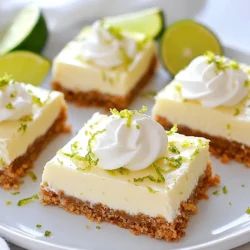 - 1 ½ cups graham cracker crumbs - ⅓ cup melted unsalted butter - ¼ cup granulated sugar - 2 (14 oz) cans sweetened condensed milk - ¾ cup key lime juice (freshly squeezed if possible) - 4 large egg yolks - Zest of 2 limes - Pinch of salt The main ingredients bring a perfect balance of sweet and tangy. The graham cracker crumbs form a crisp crust. The sweetened condensed milk adds richness, while the key lime juice gives that signature zing. Don't forget the egg yolks! They help set the filling. The lime zest adds a burst of fresh flavor. - Whipped cream for topping - Lime slices and zest for garnish Topping your bars with whipped cream adds a nice contrast to the tart filling. Lime slices and zest make the dish look fancy. These little touches make your dessert stand out. - Gluten-free graham cracker alternatives - Vegan options for sweetened condensed milk If you need a gluten-free option, look for gluten-free graham crackers. These work great in the crust. For a vegan twist, use coconut cream or cashew cream instead of sweetened condensed milk. You can still enjoy that creamy texture without dairy! {{ingredient_image_1}} 1. Preheat your oven to 350°F (175°C). This step is key for baking. 2. In a medium bowl, combine these crust ingredients: - 1 ½ cups graham cracker crumbs - ⅓ cup melted unsalted butter - ¼ cup granulated sugar Mix until the crumbs look like wet sand. 3. Press the mixture firmly into the bottom of an 8x8-inch baking dish. Use the back of a measuring cup to make it even. 1. In a mixing bowl, combine these filling ingredients: - 2 (14 oz) cans sweetened condensed milk - ¾ cup key lime juice (freshly squeezed if possible) - 4 large egg yolks - Zest of 2 limes - Pinch of salt Whisk them together until smooth. 2. Pour the key lime mixture over the cooled crust. Spread it evenly. 1. Bake the filling in the oven for 15-20 minutes. It should be set but still slightly jiggly in the center. 2. Let the bars cool at room temperature. After that, refrigerate for at least 3 hours. This step helps them firm up. To get the best texture, use 1 ½ cups of graham cracker crumbs. The crumbs should feel like wet sand after mixing with ⅓ cup of melted butter and ¼ cup of sugar. This mix creates a rich crust. Press it firmly into your baking dish. Use the back of a measuring cup for an even layer. Make sure every part is flat and smooth for the perfect bite. For real key lime taste, use freshly squeezed key lime juice. You need ¾ cup for the filling. Fresh juice gives a bright flavor that bottled juice can’t match. Adding the zest of 2 limes brings an extra zing. The zest adds a wonderful aroma and deeper taste. Together, these tips make your bars sing with flavor. Presentation matters! Arrange your key lime pie bars on a nice platter. Drizzle any leftover key lime filling around the edges. This adds flair and color. You can also top the bars with whipped cream for creaminess. Lime slices and zest make a great garnish too. For drinks, pair these bars with iced tea or a cool lemonade. These choices balance the tartness of the pie and make it a perfect treat. Pro Tips Use Fresh Key Limes: For the best flavor, opt for fresh key limes instead of bottled juice. They provide a vibrant taste that enhances the overall quality of your bars. Chill Thoroughly: Allow the pie bars to chill in the refrigerator for at least 3 hours. This helps them set properly and makes them easier to slice. Enhance with Garnishes: Adding whipped cream and lime zest on top not only looks appealing but also enhances the flavor profile of the key lime bars. Measure Accurately: Ensure to measure your ingredients accurately, especially the lime juice and sweetened condensed milk, for the perfect balance of sweetness and tanginess. {{image_2}} For a gluten-free treat, use gluten-free graham crackers. I recommend brands like Schar or Kinnikinnick. They offer great taste and texture. You may need to adjust the amount of butter slightly. Start with the same amount and add more if needed. This helps bind the crumbs well. To make vegan key lime pie bars, swap sweetened condensed milk with coconut cream. You can blend silken tofu with a bit of maple syrup for creaminess too. Use cornstarch instead of egg yolks to help set the filling. This keeps the bars smooth and creamy without eggs. Want to add a twist? Try mixing in coconut flakes for a tropical touch. You can also add zest from oranges or lemons for more citrus flavor. For the crust, almond flour works well too. It gives a nutty taste that complements the key lime nicely. To keep your key lime pie bars fresh, refrigerate them right away. Place the bars in an airtight container. This helps prevent them from absorbing other smells. If you don’t have a container, wrap the bars tightly in plastic wrap. It’s best to store the bars in a single layer. If you stack them, place parchment paper between the layers. This avoids sticking and keeps them pretty. You can freeze key lime pie bars for later. To freeze them, first, cut them into squares. Wrap each square in plastic wrap. Then, place them in a freezer-safe bag or container. This way, they won’t lose their texture. When you want to enjoy them, take the bars out of the freezer. Let them thaw in the fridge overnight. This keeps them creamy and tasty. Key lime pie bars can stay fresh in the freezer for up to three months. Key lime pie bars stay good in the fridge for about a week. After a week, they may lose their taste and texture. Always check for signs of spoilage. If the bars look dry or smell off, it’s best to toss them. Keeping an eye on your treats ensures every bite is as delicious as the first. Enjoy your key lime pie bars while they’re fresh! Yes, you can use regular limes. However, key limes have a unique flavor. They are smaller and more tart than regular limes. This tartness gives key lime pie bars their signature taste. If you use regular limes, the taste will be different but still good. These bars need to chill for at least 3 hours. This time allows them to set up properly. Chilling helps the filling firm up and makes cutting easier. If you want the best texture, chill them overnight. Yes, you can make these bars ahead of time. They stay fresh in the fridge for up to a week. Just cover them well to keep them from drying out. When you are ready to serve, slice and add toppings. This makes for an easy and tasty treat any time! In this blog post, I outlined how to make key lime pie bars. We covered key ingredients, like graham cracker crumbs and key lime juice, along with unique substitutions. You learned the steps for prepping, baking, and cooling the bars. I also included tips for perfecting flavor and creating variations. Lastly, I explained storage methods to keep your bars fresh. Enjoy these tasty treats any time, or share them with friends. Make key lime pie bars your own with the ideas I shared!
