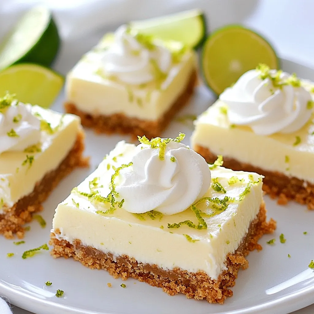 - 1 ½ cups graham cracker crumbs - ⅓ cup melted unsalted butter - ¼ cup granulated sugar - 2 (14 oz) cans sweetened condensed milk - ¾ cup key lime juice (freshly squeezed if possible) - 4 large egg yolks - Zest of 2 limes - Pinch of salt The main ingredients bring a perfect balance of sweet and tangy. The graham cracker crumbs form a crisp crust. The sweetened condensed milk adds richness, while the key lime juice gives that signature zing. Don't forget the egg yolks! They help set the filling. The lime zest adds a burst of fresh flavor. - Whipped cream for topping - Lime slices and zest for garnish Topping your bars with whipped cream adds a nice contrast to the tart filling. Lime slices and zest make the dish look fancy. These little touches make your dessert stand out. - Gluten-free graham cracker alternatives - Vegan options for sweetened condensed milk If you need a gluten-free option, look for gluten-free graham crackers. These work great in the crust. For a vegan twist, use coconut cream or cashew cream instead of sweetened condensed milk. You can still enjoy that creamy texture without dairy! {{ingredient_image_1}} 1. Preheat your oven to 350°F (175°C). This step is key for baking. 2. In a medium bowl, combine these crust ingredients: - 1 ½ cups graham cracker crumbs - ⅓ cup melted unsalted butter - ¼ cup granulated sugar Mix until the crumbs look like wet sand. 3. Press the mixture firmly into the bottom of an 8x8-inch baking dish. Use the back of a measuring cup to make it even. 1. In a mixing bowl, combine these filling ingredients: - 2 (14 oz) cans sweetened condensed milk - ¾ cup key lime juice (freshly squeezed if possible) - 4 large egg yolks - Zest of 2 limes - Pinch of salt Whisk them together until smooth. 2. Pour the key lime mixture over the cooled crust. Spread it evenly. 1. Bake the filling in the oven for 15-20 minutes. It should be set but still slightly jiggly in the center. 2. Let the bars cool at room temperature. After that, refrigerate for at least 3 hours. This step helps them firm up. To get the best texture, use 1 ½ cups of graham cracker crumbs. The crumbs should feel like wet sand after mixing with ⅓ cup of melted butter and ¼ cup of sugar. This mix creates a rich crust. Press it firmly into your baking dish. Use the back of a measuring cup for an even layer. Make sure every part is flat and smooth for the perfect bite. For real key lime taste, use freshly squeezed key lime juice. You need ¾ cup for the filling. Fresh juice gives a bright flavor that bottled juice can’t match. Adding the zest of 2 limes brings an extra zing. The zest adds a wonderful aroma and deeper taste. Together, these tips make your bars sing with flavor. Presentation matters! Arrange your key lime pie bars on a nice platter. Drizzle any leftover key lime filling around the edges. This adds flair and color. You can also top the bars with whipped cream for creaminess. Lime slices and zest make a great garnish too. For drinks, pair these bars with iced tea or a cool lemonade. These choices balance the tartness of the pie and make it a perfect treat. Pro Tips Use Fresh Key Limes: For the best flavor, opt for fresh key limes instead of bottled juice. They provide a vibrant taste that enhances the overall quality of your bars. Chill Thoroughly: Allow the pie bars to chill in the refrigerator for at least 3 hours. This helps them set properly and makes them easier to slice. Enhance with Garnishes: Adding whipped cream and lime zest on top not only looks appealing but also enhances the flavor profile of the key lime bars. Measure Accurately: Ensure to measure your ingredients accurately, especially the lime juice and sweetened condensed milk, for the perfect balance of sweetness and tanginess. {{image_2}} For a gluten-free treat, use gluten-free graham crackers. I recommend brands like Schar or Kinnikinnick. They offer great taste and texture. You may need to adjust the amount of butter slightly. Start with the same amount and add more if needed. This helps bind the crumbs well. To make vegan key lime pie bars, swap sweetened condensed milk with coconut cream. You can blend silken tofu with a bit of maple syrup for creaminess too. Use cornstarch instead of egg yolks to help set the filling. This keeps the bars smooth and creamy without eggs. Want to add a twist? Try mixing in coconut flakes for a tropical touch. You can also add zest from oranges or lemons for more citrus flavor. For the crust, almond flour works well too. It gives a nutty taste that complements the key lime nicely. To keep your key lime pie bars fresh, refrigerate them right away. Place the bars in an airtight container. This helps prevent them from absorbing other smells. If you don’t have a container, wrap the bars tightly in plastic wrap. It’s best to store the bars in a single layer. If you stack them, place parchment paper between the layers. This avoids sticking and keeps them pretty. You can freeze key lime pie bars for later. To freeze them, first, cut them into squares. Wrap each square in plastic wrap. Then, place them in a freezer-safe bag or container. This way, they won’t lose their texture. When you want to enjoy them, take the bars out of the freezer. Let them thaw in the fridge overnight. This keeps them creamy and tasty. Key lime pie bars can stay fresh in the freezer for up to three months. Key lime pie bars stay good in the fridge for about a week. After a week, they may lose their taste and texture. Always check for signs of spoilage. If the bars look dry or smell off, it’s best to toss them. Keeping an eye on your treats ensures every bite is as delicious as the first. Enjoy your key lime pie bars while they’re fresh! Yes, you can use regular limes. However, key limes have a unique flavor. They are smaller and more tart than regular limes. This tartness gives key lime pie bars their signature taste. If you use regular limes, the taste will be different but still good. These bars need to chill for at least 3 hours. This time allows them to set up properly. Chilling helps the filling firm up and makes cutting easier. If you want the best texture, chill them overnight. Yes, you can make these bars ahead of time. They stay fresh in the fridge for up to a week. Just cover them well to keep them from drying out. When you are ready to serve, slice and add toppings. This makes for an easy and tasty treat any time! In this blog post, I outlined how to make key lime pie bars. We covered key ingredients, like graham cracker crumbs and key lime juice, along with unique substitutions. You learned the steps for prepping, baking, and cooling the bars. I also included tips for perfecting flavor and creating variations. Lastly, I explained storage methods to keep your bars fresh. Enjoy these tasty treats any time, or share them with friends. Make key lime pie bars your own with the ideas I shared!