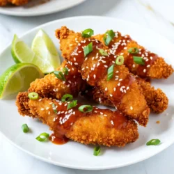 - 1 lb chicken tenders - 1/2 cup all-purpose flour - 2 large eggs - 1 cup panko breadcrumbs - 1/4 cup honey - 2 tablespoons Sriracha sauce - 1 tablespoon soy sauce - 1 teaspoon lime juice - 1 teaspoon sesame oil - 1 teaspoon garlic powder - 1 teaspoon onion powder - 1/2 teaspoon salt - 1/2 teaspoon black pepper The main ingredients for Sriracha honey chicken tenders are simple but key. Chicken tenders are the star. They stay juicy and cook quickly. The flour, eggs, and panko breadcrumbs give them a great crunch. For the Sriracha honey sauce, you need honey and Sriracha. This blend adds sweetness and heat. Soy sauce gives a savory depth. Lime juice and sesame oil brighten the flavor. In the seasoning mix, garlic powder and onion powder add aroma. Salt and black pepper enhance the taste. Each ingredient plays a part in making this dish special. Gather all these items before you start cooking. This makes the process smooth and fun! {{ingredient_image_1}} Pat the chicken tenders dry with paper towels. This step removes excess moisture. Dry chicken helps the coating stick better. Next, set up your breading station. You will need three bowls for this. In the first bowl, mix flour, garlic powder, onion powder, salt, and black pepper. In the second bowl, whisk the eggs until smooth. Keep the third bowl empty for the panko breadcrumbs. Start by dipping each chicken tender into the flour mixture. Make sure to shake off any extra flour. Next, place the tender into the eggs. Coat it well, letting the excess drip off. Finally, roll the tender in the panko breadcrumbs. Press firmly to ensure an even coating. This gives the chicken a nice crunch when cooked. Heat a large skillet over medium heat and add vegetable oil. Wait until the oil is hot. Add the chicken tenders in batches. Don’t overcrowd the pan; this helps them cook evenly. Cook for about 5-7 minutes on each side. Look for a golden brown color. Use a meat thermometer to check the internal temperature. It should reach 165°F (75°C). This means the chicken is safe to eat and perfectly cooked. To get the best texture for your chicken tenders, start by patting the chicken dry. Use paper towels to remove moisture. This step helps the coating stick better. For a crispy panko coating, make sure to coat the chicken evenly. Press the panko into the chicken. This makes it stick well and gives it a nice crunch. You can add extra flavor to your chicken tenders. Try adding spices like smoked paprika or cayenne pepper for a kick. You can also mix in some dried herbs, like oregano or thyme. If you want to switch up the sauce, use a sweet chili sauce or a garlic aioli instead of Sriracha honey. Each option gives a new twist to the dish. When serving the chicken tenders, consider pairing them with sides like coleslaw or rice. These sides balance the dish well. For presentation, arrange the chicken on a platter and sprinkle with sesame seeds and chopped green onions. Add lime wedges on the side for a fresh touch. This makes the dish look inviting and colorful. Pro Tips Use Fresh Ingredients: Fresh chicken tenders will yield the best flavor and texture. Look for tenders that are pink and firm to the touch. Customize the Spice Level: Adjust the amount of Sriracha in the sauce to suit your heat preference. Start with less and add more for extra kick! Double the Sauce: If you love the Sriracha honey sauce, consider making a double batch for dipping. It's great for drizzling or serving on the side! Let the Tenders Rest: After cooking, allow the chicken tenders to rest for a few minutes before serving. This helps keep them juicy and tender. {{image_2}} If you want a gluten-free version, swap the all-purpose flour for almond flour or rice flour. Both work well and keep the chicken tender. For breadcrumbs, use gluten-free panko or crushed cornflakes. They add great crunch without the gluten. To make a milder sauce, use less Sriracha. Start with 1 tablespoon and taste as you go. You can add more honey to balance the heat. If you love spice, add extra Sriracha or even a pinch of cayenne. This will give your tenders a nice kick. You can bake the chicken tenders for a healthier option. Preheat your oven to 400°F (200°C). Place the coated tenders on a baking sheet lined with parchment paper. Spray them lightly with cooking oil. Bake for about 20 minutes, flipping halfway through. For an air fryer, preheat it to 375°F (190°C). Arrange the tenders in a single layer. Cook for 10-12 minutes, flipping them halfway. This will give you crispy tenders with less oil. Store your chicken tenders in an airtight container. This keeps them fresh and safe. They last up to three days in the fridge. If you want to reheat them, use an oven or air fryer. This helps maintain their crispiness. To freeze, place the cooled chicken tenders in a freezer-safe bag. Squeeze out the air before sealing. They stay good for about three months. To reheat, thaw them in the fridge overnight. Then, bake or air fry until hot and crispy. For leftover Sriracha honey sauce, store it in a jar with a tight lid. It can last up to two weeks in the fridge. If you want to keep it longer, you can freeze the sauce too. Just pour it into ice cube trays and freeze. This way, you can use just what you need later. You can use chicken breasts cut into strips. Thighs work well too for juiciness. If you prefer a non-chicken option, try tofu or tempeh. Just slice them to similar sizes for even cooking. Yes, you can prep the chicken tenders and sauce ahead. Just store them separately in the fridge for up to two days. When ready to cook, bread and fry the chicken as usual. To achieve extra crispiness, make sure the chicken is dry before breading. Also, use panko breadcrumbs for better texture. Fry them in hot oil and don’t crowd the pan. This helps them cook evenly. Definitely! These chicken tenders store well. Cook them and let them cool. Then, place them in airtight containers. They last up to four days in the fridge. You can try barbecue sauce for a smoky flavor. Honey mustard adds a tangy twist. For a spicy kick, use buffalo sauce or a sweet chili sauce. Feel free to mix and match! This blog shared a tasty recipe for Sriracha Honey Chicken Tenders. You learned about the main ingredients, including chicken, flour, and panko breadcrumbs. We covered step-by-step cooking instructions and helpful tips for the perfect texture. You also explored variations, such as gluten-free options and different spice levels. Finally, I detailed how to store leftovers and answered common questions. Enjoy making these flavorful tenders and impressing everyone at your next meal!