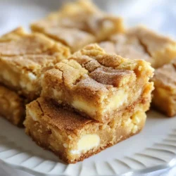 To make tasty Snickerdoodle Blondies, you need the right mix of ingredients. Here is your list: - 1 cup brown sugar - 1/2 cup granulated sugar - 1/2 cup unsalted butter, melted - 2 large eggs - 1 teaspoon vanilla extract - 2 cups all-purpose flour - 1 teaspoon baking powder - 1 teaspoon ground cinnamon - 1/2 teaspoon salt - 1 cup white chocolate chips (optional) - 2 tablespoons granulated sugar (for topping) - 1 teaspoon ground cinnamon (for topping) Each ingredient plays a key role. Brown sugar adds rich flavor. Granulated sugar gives sweetness. Unsalted butter adds moisture and richness. Eggs bind the mix together. Vanilla extract offers a warm aroma. All-purpose flour gives structure. Baking powder helps the blondies rise. Ground cinnamon brings that classic snickerdoodle taste. Salt enhances all the flavors. White chocolate chips add a creamy touch, but you can skip them if you want. Finally, the topping ingredients create a lovely sweet crust. Gather these ingredients, and you’re ready to create a treat that will delight anyone! {{ingredient_image_1}} Start by preheating your oven to 350°F (175°C). Grease a 9x13 inch baking pan. You can also line it with parchment paper. This helps with easy removal later. In a large bowl, whisk together 1 cup of brown sugar and 1/2 cup of granulated sugar. Add in 1/2 cup of melted unsalted butter. Mix until it is smooth. Next, add 2 large eggs one at a time. Mix well after each one. Finally, stir in 1 teaspoon of vanilla extract. In another bowl, combine 2 cups of all-purpose flour, 1 teaspoon of baking powder, 1 teaspoon of ground cinnamon, and 1/2 teaspoon of salt. Gradually add this dry mixture to the wet ingredients. Mix until just combined. If you want, fold in 1 cup of white chocolate chips at this point. Pour the batter into the prepared baking pan. Use a spatula to smooth it out evenly. In a small bowl, mix 2 tablespoons of granulated sugar with 1 teaspoon of ground cinnamon. Sprinkle this mixture evenly over the top of the batter. Bake in the preheated oven for 25 to 30 minutes. The edges should be golden. A toothpick inserted into the center should come out with moist crumbs. Let the blondies cool in the pan for about 10 minutes. Then transfer them to a wire rack to cool completely. Once they are cool, slice into squares. Serve them with a glass of milk for a sweet treat! To get the best texture for your Snickerdoodle blondies, focus on your mixing. Do not overmix the batter once you add the flour. Overmixing can make your blondies tough. Instead, stir gently until you see no dry flour. Also, make sure to bake them just until the edges are lightly golden. This keeps them soft and chewy inside. One common mistake is using cold eggs. Always use room temperature eggs for better mixing. Another mistake is not measuring your flour correctly. Too much flour can dry out your blondies. Make sure to spoon the flour into your measuring cup and level it off. Finally, don’t skip the cinnamon topping! It adds a lovely flavor and texture. For this recipe, use a 9x13 inch baking pan. You can grease it or line it with parchment paper. A whisk is great for mixing the wet ingredients. A spatula helps spread the batter evenly in the pan. Lastly, a toothpick is key for checking doneness. Use it to poke into the center and pull it out. If it comes out with moist crumbs, your blondies are ready! Pro Tips Use Room Temperature Eggs: Allow your eggs to sit at room temperature for about 30 minutes before using them. This helps them incorporate better into the batter, resulting in a smoother texture. Don't Overmix: When combining the wet and dry ingredients, mix until just combined. Overmixing can lead to dense blondies. A few flour streaks are okay! Check for Doneness: Every oven is different, so start checking your blondies a couple of minutes before the suggested baking time. They should be golden around the edges and a toothpick should come out with a few moist crumbs. Let Them Cool: Allow the blondies to cool in the pan for at least 10 minutes before transferring to a wire rack. This helps them set and makes cutting easier. {{image_2}} You can change the vibe of your snickerdoodle blondies with fun mix-ins. Try adding 1 cup of chopped nuts like pecans or walnuts for a crunchy twist. You can also use dried fruit, such as cranberries or cherries, for a sweet and tart kick. If you love chocolate, consider mixing in semi-sweet chocolate chips instead of white chocolate. The key is to keep it balanced so the classic snickerdoodle flavor shines through. To switch up the flavor, consider using different spices. Swap ground cinnamon for pumpkin pie spice for a fall-inspired treat. You can also add a splash of almond extract instead of vanilla for a nutty flavor. Another option is to mix in a little cocoa powder to make chocolate snickerdoodle blondies. Just remember to adjust the flour to keep the right texture. If you need to go gluten-free, there’s a simple fix. Substitute all-purpose flour with a gluten-free flour blend. Make sure it contains xanthan gum for the best texture. You can also use almond flour for a nutty taste. Just keep in mind that the blondies might bake a little differently. Always test with a toothpick to check for doneness. Enjoy your gluten-free snickerdoodle blondies without missing out on flavor! To keep your snickerdoodle blondies fresh, store them in an airtight container. This helps keep them soft and gooey. You can also add a piece of bread in the container. The bread helps retain moisture. Keep them at room temperature for up to five days. If you want them to last longer, consider refrigerating them. Just remember to let them come back to room temp before eating for the best taste. Freezing blondies is easy and great for later enjoyment. First, make sure they are completely cooled. Then, cut them into squares. Wrap each piece in plastic wrap tightly. After that, place the wrapped squares in a freezer bag or container. Label the bag with the date. Your blondies can stay fresh in the freezer for up to three months. When ready to eat, thaw them in the fridge overnight. To enjoy warm blondies, you can reheat them quickly. Place a square in the microwave for about 10-15 seconds. Check if it’s warm enough. If you want them warm and a bit crisp, pop them in the oven. Set your oven to 350°F (175°C) and heat for about 5-7 minutes. Enjoy them with a glass of milk for a special treat! You can use unsweetened applesauce as an egg substitute. Use 1/4 cup for each egg. Another option is mashed banana. It adds moisture and sweetness. Silken tofu works too; blend it until smooth. Each choice gives a slightly different taste, but all keep the blondies moist. Yes, you can use only brown sugar. It will make the blondies softer. They will also be chewier with a richer flavor. If you want them less sweet, mix brown sugar with a bit of granulated sugar. This combination gives balance and depth. Check for a golden edge and a slight puff in the middle. Insert a toothpick in the center. If it comes out with moist crumbs, they are ready. You want a little stickiness but not wet batter. Keep an eye on baking time; it can vary with ovens. Absolutely! Leave out the white chocolate chips if you prefer. The blondies will still taste amazing. You can add nuts or raisins for a different texture. Cinnamon and sugar on top will give that classic snickerdoodle flavor. Enjoy them your way! You learned how to make delicious blondies from scratch. We covered each ingredient, from sugars to optional mix-ins. I shared easy steps to bake them perfectly. You now know tips for the best texture and common mistakes to dodge. Explore fun variations and storage methods to keep these treats fresh. You can confidently make blondies that fit your taste. Whether for a snack or dessert, these blondies will impress everyone. Enjoy baking!