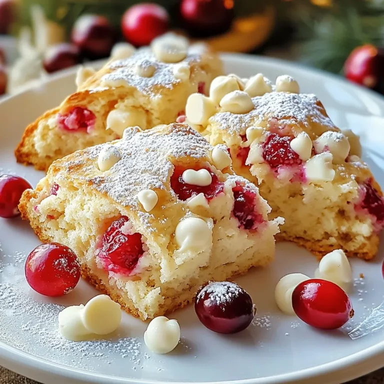 To make delicious cranberry white chocolate scones, you need fresh ingredients. Here’s what you will need: - 2 cups all-purpose flour - 1/4 cup granulated sugar - 1 tablespoon baking powder - 1/2 teaspoon salt - 1/4 cup cold unsalted butter, cubed - 1/2 cup whole milk - 1 large egg - 1 teaspoon vanilla extract - 1 cup fresh or dried cranberries - 1/2 cup white chocolate chips - Extra milk or cream for brushing the top Having these ingredients ready will make the cooking process smooth and fun. Each one plays a key role in creating the perfect scone. The flour gives structure, while butter adds flakiness. The sugar balances the tartness of cranberries. The white chocolate chips bring a sweet touch to each bite. Make sure to use cold butter. This helps create tender scones. Fresh cranberries work best, but dried ones are fine too. The choice is yours! Now, gather these ingredients and get ready to bake. You will enjoy every step of this process. Trust me, the taste is worth it! {{ingredient_image_1}} First, set your oven to 400°F (200°C). This step heats the oven well. Next, take a baking sheet and line it with parchment paper. This helps the scones not stick and makes clean-up easy. In a big bowl, add 2 cups of all-purpose flour, 1/4 cup of granulated sugar, 1 tablespoon of baking powder, and 1/2 teaspoon of salt. Use a whisk to mix these dry ingredients well. This ensures even flavor in each bite of your scones. In another bowl, whisk together 1/2 cup of whole milk, 1 large egg, and 1 teaspoon of vanilla extract. Mix until smooth. This blend adds moisture and flavor to the dough. Pour this wet mix into the dry ingredients. Stir gently with a spatula until just combined. Avoid overmixing to keep the scones light. Turn the dough out onto a lightly floured surface. Knead it gently a few times. Form the dough into a disk that is about 1 inch thick. Now, cut this disk into 8 wedges, like slicing a pizza. Place the wedges on the prepared baking sheet, leaving space between them. Brush the tops of the scones with a little extra milk or cream. This gives them a nice golden finish. Bake the scones in the preheated oven for 15-20 minutes. They should turn lightly golden. A toothpick inserted in the center should come out clean. Once baked, take them out and let them cool slightly on a wire rack before serving. Enjoy your tasty treat! To get the best texture in your scones, start with cold butter. This keeps the scones flaky and light. Cut the butter into small cubes before adding it to the flour mix. Use your fingers or a pastry cutter to blend. Stop mixing when you see small crumbs. Overmixing makes the dough tough. You can customize your scones with fun add-ins. Try nuts like pecans or walnuts for crunch. For extra flavor, add orange zest or cinnamon. If you want to swap the white chocolate, use dark chocolate instead. You can also use dried cranberries if fresh ones aren't available. Just keep the amount the same. Brushing the tops of your scones is key for a nice color. Use milk or cream for this step. It helps create a golden crust. Apply it gently with a pastry brush before baking. This little touch makes your scones look more appealing. Pro Tips Chill the Dough: For a flakier texture, chill the dough for 15-20 minutes before cutting into wedges. This helps the butter firm up, leading to a better rise during baking. Fresh Ingredients: Use fresh cranberries for a burst of tartness and vibrant color. If using dried cranberries, consider soaking them in warm water or juice for 10 minutes to plump them up. Don’t Overmix: Gently mix the wet and dry ingredients until just combined. Overmixing can lead to tough scones, so be careful to keep it light. Perfect Bake: Keep an eye on the scones as they bake. Every oven is different; start checking at the 15-minute mark to avoid overbaking. {{image_2}} You can change the flavor by using different fruits. Try blueberries, raspberries, or cherries. Each fruit brings a unique taste. You can also mix dried and fresh fruits. For example, combine cranberries with chopped figs or apricots. This choice adds sweetness and texture. White chocolate is popular for these scones, but you can switch it up. Dark chocolate or milk chocolate chips work well too. Each chocolate type gives a different flavor. For a fun twist, try adding cocoa powder to the dough. This will make the scones richer and more exciting. For a gluten-free version, use a gluten-free flour blend. Make sure the blend has a good mix of starches and proteins. You may need to add a little xanthan gum for better structure. This helps the scones rise and stay fluffy. Always check the other ingredients to ensure they are gluten-free too. To keep your scones fresh, place them in an airtight container. You can store them at room temperature for up to two days. If you want them to last longer, place them in the fridge. They will stay fresh for about a week this way. You can freeze these scones for later use. First, let them cool completely. Then, wrap each scone in plastic wrap. Place the wrapped scones in a freezer-safe bag. They will stay good for up to three months. When you want to enjoy them, just thaw them in the fridge overnight. To reheat your scones, preheat your oven to 350°F (175°C). Place the scones on a baking sheet. Heat them for about 10 minutes, or until warm. You can also microwave them for about 15-20 seconds. Enjoy your scones warm for the best taste! Cranberry White Chocolate Scones last about 2 to 3 days when stored properly. Keep them in an airtight container at room temperature. If you want to keep them longer, you can freeze them. They stay fresh in the freezer for up to 3 months. Yes, you can use dried cranberries instead of fresh. Dried cranberries add a sweet and chewy texture. Just use the same amount, one cup, as you would with fresh cranberries. If you prefer a more tart flavor, you can soak dried cranberries in warm water for 10 minutes before adding them to the dough. You can serve Cranberry White Chocolate Scones with many tasty options. Pair them with clotted cream or butter for a rich taste. Jam or honey adds a sweet touch too. A cup of tea or coffee complements these scones well, making a perfect snack or breakfast. You will know the scones are done when they turn lightly golden on top. Insert a toothpick in the center; it should come out clean. Baking usually takes 15 to 20 minutes. Keep an eye on them during the last few minutes to avoid over-baking. Cranberry white chocolate scones are simple and fun to make. We covered ingredients, steps, and tips for success. You learned how to store and reheat them too. With variations and FAQs, you now have all you need for perfect scones. Enjoy these delightful treats with family and friends. Baking brings joy and satisfaction, so get started in your kitchen today.