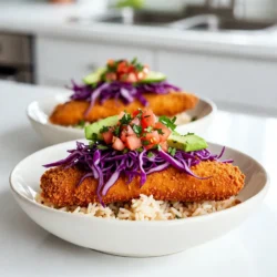 To make the best Baja fish taco bowls, gather these key ingredients: - 1 lb white fish fillets (like cod or tilapia) - 1 cup all-purpose flour - 1 tablespoon chili powder - 1 teaspoon cumin - 1 teaspoon garlic powder - 1 teaspoon salt - 1/2 teaspoon black pepper - 2 large eggs, beaten - 1 cup breadcrumbs (panko for extra crunch) - Vegetable oil, for frying - 2 cups cooked rice (white or brown) - 1 cup shredded red cabbage - 1 cup diced tomatoes - 1/2 cup chopped fresh cilantro - 1 avocado, sliced - 1/4 cup lime juice - Sour cream or a yogurt-based sauce, for drizzling These ingredients give your bowls a tasty and fresh feel. For a great Baja fish taco bowl, I suggest using white fish. Cod and tilapia both work well. They have a mild taste and fry up nicely. You can also use halibut for a rich flavor. If you want to try something different, use mahi-mahi for a tropical twist. Each fish will provide a unique taste while still letting the spices shine. The toppings make your bowl even better! Here are some great options: - Fresh lime wedges for extra zing - Sliced jalapeños for heat - Pico de gallo for more freshness - Corn salsa for sweetness - Pickled red onions for tang Feel free to mix and match toppings to fit your taste. Enjoy making these bowls your own! {{ingredient_image_1}} Start by rinsing the fish fillets under cold water. This helps remove any unwanted bits. Next, pat them dry with paper towels. Dry fish will fry better. Now, cut the fillets into strips, about 1 inch wide. This size works great for tacos. Set up your breading station. Use three bowls for this. In the first bowl, mix the flour with chili powder, cumin, garlic powder, salt, and black pepper. This will give the fish a nice flavor. In the second bowl, beat two eggs until they are mixed well. In the last bowl, place the breadcrumbs. I recommend using panko for a crunchier coating. Heat vegetable oil in a skillet over medium heat. Once the oil is hot, it's time to fry. Take each fish strip and dip it first into the flour mix. Then, coat it in the beaten eggs. Finally, cover it with breadcrumbs. Make sure each piece is well-coated. Fry the fish in batches for about 3-4 minutes on each side. Look for a golden brown color. Once cooked, place the fish on a paper towel-lined plate to drain any excess oil. Now, let's build your taco bowls. Start with a base of cooked rice in each serving bowl. You can use white or brown rice, depending on your taste. Next, add the fried fish strips on top. Then layer on shredded red cabbage, diced tomatoes, chopped cilantro, and avocado slices. These toppings add color and crunch. Finish with a drizzle of fresh lime juice and a dollop of sour cream or yogurt sauce for creaminess. Enjoy your vibrant Baja fish taco bowls right away! To make your fish extra crunchy, use panko breadcrumbs. They are light and crispy. After coating the fish, let it rest for 10 minutes. This helps the breading stick better. Fry the fish in hot oil. The oil should be at least 350°F. Fry in small batches to keep the oil hot. This keeps the fish crispy. Use a 2:1 water-to-rice ratio for perfect rice. Rinse the rice before cooking to remove excess starch. This keeps the rice separate and fluffy. Bring the water to a boil, then lower the heat. Cover the pot with a lid and let it simmer. Do not lift the lid while cooking. Let it rest for 10 minutes after cooking. This allows the rice to steam and absorb moisture. Toppings can really boost the flavor of your bowls. Fresh cilantro adds a bright taste. Diced tomatoes bring juiciness. Shredded cabbage adds crunch and color. Sliced avocado gives creaminess. A squeeze of lime juice brightens everything up. You can also drizzle sour cream or yogurt sauce for richness. Mix and match these toppings for your best bowl! Pro Tips Choose the Right Fish: Opt for firm white fish like cod or tilapia for the best texture and flavor in your taco bowls. Make it Crunchy: Use panko breadcrumbs instead of regular ones to achieve an extra crunchy coating on the fried fish. Fresh Ingredients Matter: Always use fresh cilantro and ripe avocados to elevate the freshness and taste of your bowl. Customize Your Toppings: Feel free to add your favorite toppings like jalapeños or radishes for an extra kick and variety. {{image_2}} You can switch the fish for this bowl. Cod and tilapia work great, but other fish can shine too. Try using salmon for a richer taste or mahi-mahi for a firmer texture. Each fish brings its own flavor. Just make sure to adjust cooking times. Thicker fish may need a bit longer to cook through. If you prefer plants over fish, there are tasty options. You can use crispy tofu or tempeh as a protein base. Simply coat them the same way as fish. For a unique twist, try roasted chickpeas or cauliflower bites. Both add a great crunch. You can even grill portobello mushrooms for a hearty option. Dress them with lime juice and your favorite toppings. Toppings can vary by region. Add fresh mango salsa for a sweet kick. You can also use pickled red onions for a tangy crunch. Try adding jalapeños for heat. If you like it creamy, drizzle some avocado crema or cilantro sauce on top. Each topping can change the flavor and make your bowl extra special. Explore different tastes to find your favorite combination! To keep your Baja fish taco bowls fresh, store leftovers in airtight containers. Place the fried fish in one container and the rice and toppings in others. This prevents sogginess. The fish stays crispy longer this way. Use the leftover cabbage, tomatoes, and avocado within two days for the best taste. For reheating, use an oven for the fish. Preheat it to 350°F (175°C). Place the fish on a baking sheet and heat for about 10 minutes. This keeps the fish crispy. For the rice and toppings, microwave them in a bowl. Heat in short intervals, stirring often. Add a squeeze of lime juice after reheating for a fresh kick. You can freeze the fish, but not the toppings. Place cooked fish in a freezer-safe bag. Squeeze out air to avoid freezer burn. Use within three months for best quality. To eat, thaw overnight in the fridge and reheat in the oven. This makes meal prep easy and quick for busy days. To make these bowls gluten-free, skip the all-purpose flour and breadcrumbs. Use a gluten-free flour blend. You can also swap panko for gluten-free breadcrumbs. This change keeps the flavors while making it safe for those with gluten issues. I like to season the fish with chili powder, cumin, garlic powder, salt, and black pepper. This blend brings out the fish's natural taste. For a twist, add lime zest for extra brightness. You can also marinate the fish in lime juice for 15-30 minutes for more flavor. Yes, you can prep parts in advance! Cook the rice and chop the veggies a day before. Store them in the fridge. Fry the fish just before serving for the best taste. Assemble the bowls right before you eat to keep everything fresh. Great sides include black beans, corn salsa, or a fresh green salad. You could also serve tortilla chips with guacamole. These sides add color and flavor, making your meal even better. Enjoy experimenting and find your favorite pairings! Baja fish taco bowls are packed with flavor and fun. We covered the best ingredients, fish types, and tasty toppings. I showed you how to prepare the fish and fry it just right. We also explored tips for extra crunch and ideal toppings. You can even make variations with different fish or vegetarian options. Storing and reheating your bowls ensures they stay delicious. Use the tips I shared to enjoy these bowls any time. Dive into making your own Baja fish taco bowls, and enjoy every bite!
