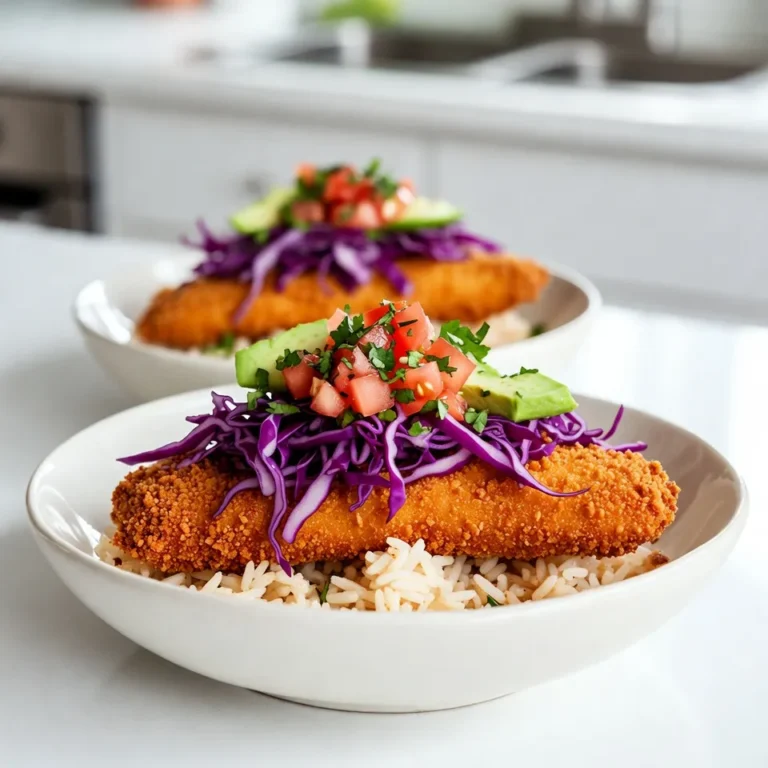 To make the best Baja fish taco bowls, gather these key ingredients: - 1 lb white fish fillets (like cod or tilapia) - 1 cup all-purpose flour - 1 tablespoon chili powder - 1 teaspoon cumin - 1 teaspoon garlic powder - 1 teaspoon salt - 1/2 teaspoon black pepper - 2 large eggs, beaten - 1 cup breadcrumbs (panko for extra crunch) - Vegetable oil, for frying - 2 cups cooked rice (white or brown) - 1 cup shredded red cabbage - 1 cup diced tomatoes - 1/2 cup chopped fresh cilantro - 1 avocado, sliced - 1/4 cup lime juice - Sour cream or a yogurt-based sauce, for drizzling These ingredients give your bowls a tasty and fresh feel. For a great Baja fish taco bowl, I suggest using white fish. Cod and tilapia both work well. They have a mild taste and fry up nicely. You can also use halibut for a rich flavor. If you want to try something different, use mahi-mahi for a tropical twist. Each fish will provide a unique taste while still letting the spices shine. The toppings make your bowl even better! Here are some great options: - Fresh lime wedges for extra zing - Sliced jalapeños for heat - Pico de gallo for more freshness - Corn salsa for sweetness - Pickled red onions for tang Feel free to mix and match toppings to fit your taste. Enjoy making these bowls your own! {{ingredient_image_1}} Start by rinsing the fish fillets under cold water. This helps remove any unwanted bits. Next, pat them dry with paper towels. Dry fish will fry better. Now, cut the fillets into strips, about 1 inch wide. This size works great for tacos. Set up your breading station. Use three bowls for this. In the first bowl, mix the flour with chili powder, cumin, garlic powder, salt, and black pepper. This will give the fish a nice flavor. In the second bowl, beat two eggs until they are mixed well. In the last bowl, place the breadcrumbs. I recommend using panko for a crunchier coating. Heat vegetable oil in a skillet over medium heat. Once the oil is hot, it's time to fry. Take each fish strip and dip it first into the flour mix. Then, coat it in the beaten eggs. Finally, cover it with breadcrumbs. Make sure each piece is well-coated. Fry the fish in batches for about 3-4 minutes on each side. Look for a golden brown color. Once cooked, place the fish on a paper towel-lined plate to drain any excess oil. Now, let's build your taco bowls. Start with a base of cooked rice in each serving bowl. You can use white or brown rice, depending on your taste. Next, add the fried fish strips on top. Then layer on shredded red cabbage, diced tomatoes, chopped cilantro, and avocado slices. These toppings add color and crunch. Finish with a drizzle of fresh lime juice and a dollop of sour cream or yogurt sauce for creaminess. Enjoy your vibrant Baja fish taco bowls right away! To make your fish extra crunchy, use panko breadcrumbs. They are light and crispy. After coating the fish, let it rest for 10 minutes. This helps the breading stick better. Fry the fish in hot oil. The oil should be at least 350°F. Fry in small batches to keep the oil hot. This keeps the fish crispy. Use a 2:1 water-to-rice ratio for perfect rice. Rinse the rice before cooking to remove excess starch. This keeps the rice separate and fluffy. Bring the water to a boil, then lower the heat. Cover the pot with a lid and let it simmer. Do not lift the lid while cooking. Let it rest for 10 minutes after cooking. This allows the rice to steam and absorb moisture. Toppings can really boost the flavor of your bowls. Fresh cilantro adds a bright taste. Diced tomatoes bring juiciness. Shredded cabbage adds crunch and color. Sliced avocado gives creaminess. A squeeze of lime juice brightens everything up. You can also drizzle sour cream or yogurt sauce for richness. Mix and match these toppings for your best bowl! Pro Tips Choose the Right Fish: Opt for firm white fish like cod or tilapia for the best texture and flavor in your taco bowls. Make it Crunchy: Use panko breadcrumbs instead of regular ones to achieve an extra crunchy coating on the fried fish. Fresh Ingredients Matter: Always use fresh cilantro and ripe avocados to elevate the freshness and taste of your bowl. Customize Your Toppings: Feel free to add your favorite toppings like jalapeños or radishes for an extra kick and variety. {{image_2}} You can switch the fish for this bowl. Cod and tilapia work great, but other fish can shine too. Try using salmon for a richer taste or mahi-mahi for a firmer texture. Each fish brings its own flavor. Just make sure to adjust cooking times. Thicker fish may need a bit longer to cook through. If you prefer plants over fish, there are tasty options. You can use crispy tofu or tempeh as a protein base. Simply coat them the same way as fish. For a unique twist, try roasted chickpeas or cauliflower bites. Both add a great crunch. You can even grill portobello mushrooms for a hearty option. Dress them with lime juice and your favorite toppings. Toppings can vary by region. Add fresh mango salsa for a sweet kick. You can also use pickled red onions for a tangy crunch. Try adding jalapeños for heat. If you like it creamy, drizzle some avocado crema or cilantro sauce on top. Each topping can change the flavor and make your bowl extra special. Explore different tastes to find your favorite combination! To keep your Baja fish taco bowls fresh, store leftovers in airtight containers. Place the fried fish in one container and the rice and toppings in others. This prevents sogginess. The fish stays crispy longer this way. Use the leftover cabbage, tomatoes, and avocado within two days for the best taste. For reheating, use an oven for the fish. Preheat it to 350°F (175°C). Place the fish on a baking sheet and heat for about 10 minutes. This keeps the fish crispy. For the rice and toppings, microwave them in a bowl. Heat in short intervals, stirring often. Add a squeeze of lime juice after reheating for a fresh kick. You can freeze the fish, but not the toppings. Place cooked fish in a freezer-safe bag. Squeeze out air to avoid freezer burn. Use within three months for best quality. To eat, thaw overnight in the fridge and reheat in the oven. This makes meal prep easy and quick for busy days. To make these bowls gluten-free, skip the all-purpose flour and breadcrumbs. Use a gluten-free flour blend. You can also swap panko for gluten-free breadcrumbs. This change keeps the flavors while making it safe for those with gluten issues. I like to season the fish with chili powder, cumin, garlic powder, salt, and black pepper. This blend brings out the fish's natural taste. For a twist, add lime zest for extra brightness. You can also marinate the fish in lime juice for 15-30 minutes for more flavor. Yes, you can prep parts in advance! Cook the rice and chop the veggies a day before. Store them in the fridge. Fry the fish just before serving for the best taste. Assemble the bowls right before you eat to keep everything fresh. Great sides include black beans, corn salsa, or a fresh green salad. You could also serve tortilla chips with guacamole. These sides add color and flavor, making your meal even better. Enjoy experimenting and find your favorite pairings! Baja fish taco bowls are packed with flavor and fun. We covered the best ingredients, fish types, and tasty toppings. I showed you how to prepare the fish and fry it just right. We also explored tips for extra crunch and ideal toppings. You can even make variations with different fish or vegetarian options. Storing and reheating your bowls ensures they stay delicious. Use the tips I shared to enjoy these bowls any time. Dive into making your own Baja fish taco bowls, and enjoy every bite!