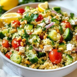 To make a zesty Lemon Herb Couscous Salad, you need these main ingredients: - 1 cup couscous - 1 1/4 cups vegetable broth - 1 medium cucumber, diced - 1 cup cherry tomatoes, halved - 1/2 red onion, finely chopped - 1/4 cup fresh parsley, chopped - 1/4 cup fresh mint, chopped - Zest and juice of 1 lemon - 3 tablespoons olive oil - Salt and pepper to taste You can enhance your salad with these tasty options: - 1/4 cup feta cheese, crumbled - 1/4 cup toasted pine nuts Here are some quick conversions if you need them: - 1 cup = 8 fluid ounces - 1 tablespoon = 3 teaspoons - 1/4 cup = 4 tablespoons This list makes it easy to gather what you need. The salad is fresh, tasty, and perfect for any meal. Enjoy the bright flavors and colorful ingredients! {{ingredient_image_1}} To start, boil 1 1/4 cups of vegetable broth in a saucepan. When it boils, take it off the heat. Stir in 1 cup of couscous and cover the pan. Let it sit for about 5 minutes. The couscous will soak up the broth. Once done, fluff it with a fork. This makes it light and airy. Next, grab a large mixing bowl. Dice 1 medium cucumber and halve 1 cup of cherry tomatoes. Finely chop 1/2 red onion. Then, chop 1/4 cup of fresh parsley and 1/4 cup of fresh mint. Add all these fresh veggies to the bowl. They will add great flavor and crunch to your salad. In a small bowl, combine the zest and juice of 1 lemon. Add 3 tablespoons of olive oil. Then, sprinkle in salt and pepper to taste. Whisk the mixture until it blends well. This dressing brings brightness to the dish. Now, pour the dressing over the bowl of vegetables. Add the fluffed couscous to the mix. Toss everything together gently until well combined. If you want, fold in 1/4 cup of crumbled feta cheese and 1/4 cup of toasted pine nuts. These add a nice texture and taste. Finally, cover the salad and place it in the fridge. Let it chill for at least 30 minutes. This helps the flavors blend and taste even better. Serve it cold for a refreshing treat. To fluff couscous perfectly, let it sit for five minutes after cooking. Use a fork to gently separate the grains. This helps keep the couscous light and fluffy. Avoid using a spoon, as it can crush the grains. Fluffing gives it a nice texture that pairs well with veggies. Fresh herbs make a big difference in flavor. I recommend using parsley and mint for this salad. They add a bright taste that works well with lemon. You can also try dill or basil for a twist. Always use fresh herbs rather than dried for the best results. Taste your salad after mixing all the ingredients. You may want more lemon juice for brightness. A pinch of salt can enhance flavors too. If you like it spicy, add a dash of red pepper flakes. Don't be afraid to experiment and make it your own! Pro Tips Fresh Herbs Matter: Always use fresh herbs for the best flavor. Dried herbs can work in a pinch, but they lack the vibrant taste and aroma of fresh ones. Let it Chill: Refrigerating the salad for at least 30 minutes allows the flavors to meld beautifully, enhancing the overall taste. Customize Your Veggies: Feel free to add other vegetables like bell peppers or radishes to the salad for extra crunch and color. Perfecting the Dressing: Adjust the lemon juice and olive oil to suit your taste. A bit more acidity can brighten the dish, while more oil can enhance the richness. {{image_2}} You can give this salad a Mediterranean twist by adding olives and artichokes. Just chop some kalamata olives and toss them in. For artichokes, use marinated ones for extra flavor. This adds a briny taste that pairs well with the lemon. You can also sprinkle some oregano and basil for a fresh herb boost. If you want to make this salad more filling, add protein. Chickpeas work well. Just rinse and drain a can and mix them in. You can also use grilled chicken or shrimp. Cube the chicken and add it after cooking. If you prefer seafood, toss in shrimp that you have grilled or sautéed. In summer, fresh veggies shine. Swap in or add seasonal favorites like bell peppers, zucchini, or corn. Dice bell peppers for color and crunch. Grate zucchini for a fresh twist. For corn, use fresh or frozen. These veggies add vibrant colors and new flavors that keep the salad exciting. To keep your Lemon Herb Couscous Salad fresh, store it in an airtight container. This helps avoid moisture loss and keeps the flavors intact. Place it in the fridge right after it cools. The salad tastes better when chilled for at least 30 minutes before serving. Freezing couscous salad is not the best option. The texture can change when thawed. However, if you want to freeze it, leave out the fresh herbs, feta, and pine nuts. These ingredients do not freeze well. Store the salad in a freezer-safe container and consume it within one month for the best taste. In the fridge, your couscous salad lasts about three to five days. Check for any signs of spoilage before eating, like off smells or discoloration. If you stored it correctly, you can enjoy it for several days. Always remember to stir it before serving to refresh the flavors! Yes, you can make couscous salad ahead of time. Prepare the salad and chill it for at least 30 minutes. This helps the flavors blend well. You can store it in the fridge for up to three days. Just keep in mind that the veggies may lose some crunch. Couscous is not gluten-free. It is made from wheat. If you need a gluten-free option, try quinoa or rice instead. Both work well in this salad and are tasty. You can use several options instead of feta cheese. Try crumbled goat cheese, or a dairy-free cheese for a vegan choice. You can also skip cheese altogether. The salad will still taste fresh and bright. To make this salad vegan, simply omit the feta cheese. You can add extra vegetables or nuts for flavor and texture. Use a vegan cheese or skip it for a light option. The lemon and herbs keep the salad delicious without dairy. This blog post covers how to make a tasty couscous salad. You learned about the key ingredients and optional add-ins that boost flavor. I shared detailed steps for cooking couscous and preparing crunchy veggies. You have tips for perfect fluff and flavor tweaks. We explored fun variations and helpful storage tips. Enjoy making your couscous salad in a way that fits your taste and needs!