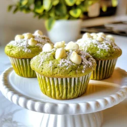 To make Matcha White Chocolate Muffins, gather these items: - 1 ½ cups all-purpose flour - 1 tablespoon matcha green tea powder - 1 teaspoon baking powder - ½ teaspoon baking soda - ¼ teaspoon salt - ½ cup unsalted butter, melted - ½ cup granulated sugar - ¼ cup brown sugar, packed - 2 large eggs - 1 teaspoon vanilla extract - 1 cup plain Greek yogurt (or nonfat yogurt) - 1 cup white chocolate chips - 2 tablespoons powdered sugar (for dusting, optional) You can swap some ingredients for others. Use whole wheat flour for a healthier option. If you don’t have matcha powder, try green tea powder. For a dairy-free choice, use coconut yogurt instead of Greek yogurt. You can also replace white chocolate chips with dark chocolate chips if you prefer. Choosing good ingredients makes a big difference. Buy fresh matcha powder for the best flavor. Look for unsalted butter that is creamy and smooth. For the yogurt, check that it’s thick and not watery. When picking your chocolate chips, ensure they are high quality. This helps your muffins taste great! {{ingredient_image_1}} Start by gathering your tools. You need a muffin tin, mixing bowls, and a whisk. Preheat your oven to 350°F (175°C). Line the muffin tin with paper liners or grease it with butter. This makes it easy to remove the muffins later. In a medium bowl, combine the dry ingredients. Whisk together 1 ½ cups of all-purpose flour, 1 tablespoon of matcha powder, 1 teaspoon of baking powder, ½ teaspoon of baking soda, and ¼ teaspoon of salt. Mix until it’s even. In another bowl, add ½ cup of melted butter, ½ cup of granulated sugar, and ¼ cup of brown sugar. Whisk this until it’s creamy. Beat in 2 eggs, one at a time. Stir in 1 teaspoon of vanilla extract next. Then, mix in 1 cup of Greek yogurt until combined. Gradually add the dry mix to the wet mix. Fold gently with a spatula. Be careful not to overmix! Finally, fold in 1 cup of white chocolate chips. Fill each muffin cup about 2/3 full with batter. Bake in your preheated oven for 18-20 minutes. To check if they are done, insert a toothpick in the center. If it comes out clean, they are ready! Let the muffins cool in the tin for about 5 minutes. After that, transfer them to a wire rack to cool completely. For a nice touch, dust with powdered sugar before serving. Enjoy your Matcha White Chocolate Muffins! To get the best flavor in your Matcha White Chocolate Muffins, use fresh matcha powder. Fresh matcha gives a brighter taste and vibrant color. Make sure to whisk the dry ingredients well. This helps blend the matcha evenly with the flour. When combining wet and dry ingredients, mix gently. Overmixing can make your muffins dense. One common mistake is skipping the cooling time. Letting muffins cool helps improve their texture. Another mistake is using too much matcha. Stick to one tablespoon for the right balance. Also, make sure your butter is not too hot when mixing. Hot butter can cook the eggs and change the texture. To enhance texture, use Greek yogurt. It keeps the muffins moist and adds a nice tang. You can also add a sprinkle of white chocolate chips on top before baking. This gives a nice crust and extra flavor. Lastly, be careful with baking time. Check them a minute early to avoid overbaking. Pro Tips Use High-Quality Matcha: The flavor and color of your muffins will greatly depend on the quality of the matcha powder you use. Opt for culinary grade matcha for the best results. Don’t Overmix the Batter: Overmixing can lead to dense muffins. Mix until just combined for a light and fluffy texture. Check for Doneness: Ovens can vary, so start checking your muffins a couple of minutes before the suggested baking time. They should spring back when lightly touched. Storage Tips: Store any leftover muffins in an airtight container at room temperature for up to 3 days, or freeze for longer storage. {{image_2}} You can switch things up with these muffins. Try adding nuts or dried fruit. Walnuts add a nice crunch. Dried cranberries bring sweetness and color. You could also mix in some coconut flakes. The flavors blend well with matcha and chocolate. For a twist, add a bit of orange zest. It gives a nice citrus touch. If you need gluten-free muffins, use a gluten-free flour blend. Look for blends with xanthan gum. This helps with texture and rise. You can also use almond flour for a nutty flavor. Just remember, almond flour needs more moisture. Add a little extra yogurt to keep it moist. To make these muffins dairy-free, swap the butter for coconut oil. Use a dairy-free yogurt for a creamy texture. Non-dairy milk, like almond or oat milk, works well too. These swaps keep the muffins soft and tasty. You won't miss the dairy at all! To keep your matcha white chocolate muffins fresh, store them in an airtight container. This helps keep moisture in and prevents them from drying out. Place parchment paper between layers if you stack them. Always let the muffins cool completely before sealing them. This avoids condensation, which can make them soggy. If you want to save some muffins for later, freezing works great. Wrap each muffin tightly in plastic wrap or foil, then place them in a freezer bag. They can last up to three months in the freezer. When you're ready to enjoy them, take a muffin out and let it thaw at room temperature. For a warm treat, microwave it for 15 to 20 seconds. These muffins stay fresh for about three to four days at room temperature. If you store them in the fridge, they can last a week. However, the texture may change. For the best taste and texture, enjoy them within a few days. You can use plain nonfat yogurt, sour cream, or buttermilk. Each of these options adds moisture. If you want a dairy-free choice, try coconut yogurt. It offers creaminess and a hint of flavor. Adjust the sweetness if needed, as some yogurts can be tangy or sweet. Yes, you can make these muffins vegan. Replace eggs with flax eggs or applesauce. Use a plant-based butter or oil in place of the unsalted butter. Swap Greek yogurt for plant-based yogurt. To sweeten, stick with granulated sugar, as it is usually vegan. Muffins are done when they are golden brown and spring back when touched. Insert a toothpick into the center; it should come out clean or with a few crumbs. If you see wet batter, bake for a couple more minutes. Always check for doneness before removing them from the oven. We've explored ingredients, instructions, and tips for baking muffins. You learned about substitutions and how to pick the best ingredients. Preparing your kitchen helps ensure smooth mixing and baking. We discussed how to enhance flavor and texture while avoiding common mistakes. We also looked at variations and smart storage methods. Now you can bake delicious muffins your way. Enjoy the process and share your creations!