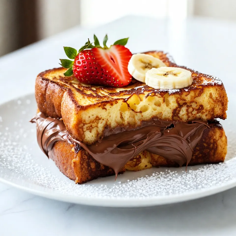 To make Nutella stuffed French toast, you need the following ingredients: - 4 slices of thick bread (like brioche or challah) - 1/2 cup Nutella - 2 large eggs - 1/2 cup milk - 1 teaspoon vanilla extract - 1/2 teaspoon ground cinnamon - 2 tablespoons butter - Powdered sugar for dusting - Fresh strawberries or bananas for topping (optional) This recipe serves two. Each person gets a tasty sandwich. Use thick bread for the best texture. Brioche or challah works well. They soak up the egg mixture nicely. Fresh eggs make the dish richer. Whole milk gives a creamy taste. If you can, pick high-quality Nutella. The flavor will shine through. You can swap the bread for gluten-free options if needed. Try almond milk instead of regular milk for a dairy-free choice. You can use maple syrup in place of Nutella for a different flavor. If you want a fruity twist, add cream cheese with the Nutella. This adds a nice tang to your toast. {{ingredient_image_1}} First, grab your thick bread. I like using brioche or challah for a rich taste. Spread a generous layer of Nutella on two slices. Use a knife to cover every edge. Place another slice of bread on top to make a sandwich. You should end up with two tasty Nutella sandwiches. Next, take a bowl and crack in two large eggs. Add in half a cup of milk for creaminess. Then, pour in one teaspoon of vanilla extract for flavor. Finally, sprinkle in half a teaspoon of ground cinnamon. Whisk it all together until smooth and mixed well. This mixture will soak into the bread. Now, heat a non-stick skillet over medium heat. Add one tablespoon of butter and let it melt. While the butter melts, dip each Nutella sandwich into the egg mixture. Make sure both sides are well coated. Let any extra drip off. Place the sandwich in the hot skillet. Cook for about three to four minutes on each side. You want them golden brown and crispy. If needed, add more butter for the second sandwich. When they are done, take them out and place them on a plate. Dust with powdered sugar for a sweet touch. Enjoy warm, and feel free to add fresh strawberries or bananas on top! When making Nutella stuffed French toast, avoid over-soaking the bread. If you soak it too long, it may fall apart. Make sure to coat each side quickly. Another mistake is not using enough heat. If the skillet is too cool, the toast won’t get crispy. Lastly, don't skip the powdered sugar. It adds a nice touch to the dish. To get that perfect golden brown color, use medium heat. If it’s too high, the outside burns before the inside cooks. Use enough butter in the pan. Butter helps give a nice color and flavor. Flip the toast gently. If you press down too hard, it may squish out the Nutella. Cook for about 3-4 minutes on each side. Watch for that golden color before you flip! Serve your Nutella stuffed French toast with fresh fruit. Strawberries and bananas work great. They add a fresh taste that balances the sweetness. You can also drizzle maple syrup on top for extra flavor. For a twist, try adding a sprinkle of sea salt. The salt brings out the chocolate flavor in Nutella. Enjoy it warm for the best experience! Pro Tips Use Stale Bread: Day-old bread works best for French toast as it absorbs the egg mixture without becoming too soggy. Customize Fillings: Feel free to mix in other spreads like peanut butter or add sliced fruits between the bread for extra flavor. Control Heat: Cooking on medium-low heat ensures the inside cooks through without burning the outside. Perfect Dusting: For an elegant finish, use a fine sieve to dust the powdered sugar evenly over the French toast. {{image_2}} You can enhance Nutella stuffed French toast by adding fruits. Fresh strawberries or bananas work well. Slice the fruit and place it on top after cooking. The sweetness of the fruit pairs perfectly with the rich Nutella. You could also mix berries into the filling. They add a burst of flavor with every bite. If you want to mix things up, try different spreads. Peanut butter or almond butter can replace Nutella. You can also use chocolate hazelnut spreads from other brands. For a fun twist, add slices of apple or pear inside the sandwich. These ingredients offer a new taste while keeping the dish enjoyable. Want to try something different? You can make a savory version. Use cream cheese and add herbs. Spread the cream cheese on the bread instead of Nutella. Top with sliced tomatoes or cooked bacon. This twist gives you a unique flavor that is both rich and savory. Enjoy it with a side salad for a complete meal. To keep your Nutella stuffed French toast fresh, place any leftovers in an airtight container. Make sure you let them cool down first. You can store them in the fridge for up to three days. If they start to get soggy, just reheat them before serving. When you're ready to enjoy your leftovers, use a skillet to reheat. Heat the skillet over medium heat. Add a little butter to the pan for extra flavor. Cook each slice for about 2-3 minutes on each side until warm and crispy again. You can also use a toaster oven for a quick reheat. If you want to save some for later, freezing is a great option. Wrap each slice tightly in plastic wrap. Then, place them in a freezer bag. Make sure to label the bag with the date. You can freeze them for up to one month. To enjoy, simply thaw in the fridge overnight and reheat as mentioned above. Yes, you can use many types of bread. Thick bread works best. If you want, try sourdough or whole wheat. Just make sure the bread is sturdy. This helps hold the Nutella and egg mixture. Absolutely! You can use dairy-free milk instead of regular milk. Almond milk or oat milk are great choices. Just make sure the Nutella you use is dairy-free. This way, you can enjoy the dish without dairy. You can prepare the sandwiches ahead of time. Spread Nutella on the bread and stack them. Wrap them in plastic and store in the fridge. For best taste, cook them fresh the next day. You can also make the egg mixture ahead. Just whisk and store in the fridge. This blog covered how to make Nutella stuffed French toast, starting with essential ingredients and tips for success. I shared step-by-step instructions for preparation and cooking, along with common mistakes to avoid. We explored fun variations and how to store leftovers properly. With these simple steps, you can make a delicious treat any time. Enjoy creating, sharing, and savoring this delightful dish!