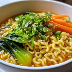 To make Spicy Garlic Ramen Noodles, you need these key ingredients: - 2 packs of instant ramen noodles (discard seasoning packets) - 4 cups vegetable broth - 3 tablespoons soy sauce - 2 tablespoons sesame oil - 6 garlic cloves, minced - 1 tablespoon fresh ginger, minced - 1 tablespoon chili paste (adjust for spice preference) - 1 cup bok choy, chopped - 1 carrot, julienned - 4 green onions, sliced - 1 tablespoon sesame seeds (for garnish) - Fresh cilantro leaves (for garnish) You can boost the flavor with these optional items: - Sriracha for extra heat - Soft-boiled eggs for richness - Mushrooms for an earthy taste - Spinach for added nutrition - Nori sheets for a sea flavor - Peanuts for crunch If you need to swap ingredients, here are some easy choices: - Use chicken or beef broth instead of vegetable broth. - Tamari works as a gluten-free option for soy sauce. - Olive oil can replace sesame oil if needed. - Any leafy green can stand in for bok choy, like spinach or kale. - Carrots can be replaced with bell peppers for a sweeter crunch. These choices keep the dish tasty and fun! Feel free to mix and match based on what you have at home. {{ingredient_image_1}} 1. Heat the Oil: Start by heating 2 tablespoons of sesame oil in a large pot over medium heat. This will add a nutty flavor to your ramen. 2. Sauté Garlic and Ginger: Add 6 minced garlic cloves and 1 tablespoon of minced ginger to the pot. Cook them for about 1-2 minutes until they smell amazing. 3. Add Vegetable Broth: Pour in 4 cups of vegetable broth. Bring this mixture to a simmer. 4. Stir in Soy Sauce and Chili Paste: After the broth simmers, mix in 3 tablespoons of soy sauce and 1 tablespoon of chili paste. Let these flavors blend for about 5 minutes. 5. Add Veggies: Toss in 1 cup of chopped bok choy and 1 julienned carrot. Cook for another 3-4 minutes. You want the veggies to be tender but still crisp. 6. Prepare Ramen Noodles: While your broth and veggies cook, boil 2 packs of instant ramen noodles in a separate pot. Cook them according to the package instructions and then drain. 7. Combine Noodles and Broth: Add the cooked ramen noodles to the pot with the broth and veggies. Gently toss everything together so the noodles soak up the spicy flavors. 8. Serve and Garnish: Remove the pot from heat. Serve the ramen hot, and then top each bowl with sliced green onions, sesame seeds, and fresh cilantro leaves. - Heating oil: 1 minute - Sautéing garlic and ginger: 1-2 minutes - Simmering broth: 5 minutes - Cooking veggies: 3-4 minutes - Preparing noodles: 3-4 minutes (may overlap with veggie cooking) - Combining and serving: 2 minutes Consider capturing photos or videos at each step. This will help guide you through the process and make it fun. Share your journey on social media or with friends. Visuals can inspire others to try making this spicy garlic ramen too! To make your ramen truly shine, pay attention to the broth. Use fresh garlic and ginger for the best flavor. Sauté them well; this brings out their aromas. Keep the heat moderate to avoid burning. When adding the bok choy and carrot, don't overcook them. You want them tender but still crisp. This keeps the dish vibrant and fresh. One common mistake is using the seasoning packets from the ramen. These can make the dish too salty and less flavorful. Always discard them. Another mistake is cooking the noodles too long. Follow the package instructions closely. Overcooked noodles lose their texture and become mushy. Finally, don't skip the garnishes. They add color and fresh flavor to your ramen. If you want more flavor, try adding a splash of rice vinegar. It brings a nice tang that balances the heat. You can also sprinkle in some chili flakes for extra spice. For a savory depth, consider adding a dash of fish sauce or miso paste. These ingredients can elevate your ramen to a whole new level. Don't be afraid to experiment and find what you love! Pro Tips Adjust the Spice Level: If you prefer a milder dish, start with less chili paste and add more to taste as you cook. Fresh Ingredients: Using fresh garlic and ginger enhances the flavor significantly. Avoid pre-minced versions for the best results. Vegetable Variations: Feel free to swap in your favorite vegetables like bell peppers or snap peas for added color and nutrition. Make it a Meal: Add protein such as tofu, chicken, or shrimp for a heartier version of this ramen dish. {{image_2}} You can add many proteins to your Spicy Garlic Ramen Noodles. Chicken is a top choice. Simply cook it in the pot with garlic and ginger. Shrimp is another great option. It cooks fast and adds a nice flavor. Tofu works well for a plant-based choice. Just cube it and toss it in the broth. Each protein adds a unique taste and texture. For a vegetarian or vegan version, skip the broth made from meat. Use vegetable broth instead, as the recipe suggests. You can also add extra veggies like mushrooms or bell peppers. These options keep the dish hearty while staying plant-based. If you want a protein boost, add chickpeas or edamame. You control the spice level in your ramen. If you love heat, add more chili paste. For a milder dish, use less or skip it. You can also balance the spice with a splash of coconut milk or a dollop of sour cream. This way, you can customize each bowl to fit your taste. To store leftover ramen, let it cool to room temperature. Place it in an airtight container. Make sure to separate the noodles from the broth if you can. This helps keep the noodles from getting soggy. Store the container in the fridge. Leftovers will stay fresh for up to three days. To reheat, take the ramen out of the fridge. If you stored the noodles and broth separately, heat the broth first. Pour it into a pot and warm it over medium heat. Once hot, add the noodles. Stir and heat for about 1-2 minutes until warm. If you stored them together, reheat in a pot over medium heat. Stir often to avoid sticking. You can also use the microwave. Heat it in a bowl for 1-2 minutes, stirring halfway through. You can freeze ramen for later meals, but it's best to freeze the broth and noodles separately. For the broth, cool it, then pour it into freezer-safe bags. Remove as much air as possible before sealing. For the noodles, cook them slightly less than usual. This helps them hold up better when reheating. Place them in a separate bag. Ramen can last in the freezer for up to three months. When ready to eat, thaw the broth and noodles in the fridge overnight. Reheat both as mentioned above. Spicy garlic ramen noodles come from Japan. Ramen itself has a rich history. Noodles date back to China but evolved in Japan. Each region has its own twist. Spicy garlic ramen blends traditional flavors with modern tastes. This dish adds garlic and chili for heat. It's popular in many Asian cuisines. Yes, you can make this recipe gluten-free. Use gluten-free ramen noodles instead of regular ones. Check that the soy sauce is gluten-free as well. Many brands offer gluten-free options today. You can also use tamari sauce. This keeps the flavor while staying gluten-free. Adjusting spice in your ramen is easy! Start with less chili paste if you want mild. You can always add more later. Taste as you go. For a spicier dish, add more chili paste. You can also use fresh chili peppers or chili flakes. Remember, balance is key for a great flavor! In this post, we covered the key ingredients and steps for making Spicy Garlic Ramen. I shared tips to avoid common mistakes and enhance flavors. You learned about different variations, protein options, and storage methods to keep your ramen fresh. Ramen is flexible and fun to make. Experiment with flavors and ingredients for your perfect bowl. Enjoy your cooking journey and share your tasty results!