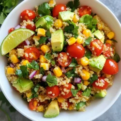 For this vibrant salad, you need some fresh and simple ingredients. Here’s what you will use: - 1 cup quinoa, rinsed - 2 cups vegetable broth or water - 1 cup cherry tomatoes, halved - 1 bell pepper, diced (any color) - 1 cup corn (fresh, canned, or frozen) - 1 avocado, diced - ½ cup red onion, finely chopped - ½ cup fresh cilantro, chopped - Juice of 2 limes - 3 tablespoons olive oil - 1 teaspoon ground cumin - Salt and pepper to taste Each ingredient adds a nice touch to the salad. Quinoa serves as a base, while the veggies provide crunch and color. The lime juice and cilantro bring a fresh taste. To make this salad even better, you can add some optional ingredients. Here are a few ideas: - Black beans for protein - Feta cheese for creaminess - Jalapeños for heat - Chopped nuts for crunch These add-ins can change the flavor and texture of your salad. Feel free to mix and match to suit your taste. If you have dietary needs, don’t worry! You can easily substitute some ingredients: - Use quinoa or brown rice for a gluten-free option. - Swap out the avocado for diced cucumber if you want a lighter option. - Replace the olive oil with avocado oil for a different taste. These substitutions keep the salad delicious while fitting your needs. Just remember to keep the lime juice and cilantro for that signature flavor! {{ingredient_image_1}} To start, rinse 1 cup of quinoa under cold water. This helps remove bitterness. In a medium saucepan, mix the quinoa with 2 cups of vegetable broth or water. Bring this to a boil over high heat. Once boiling, reduce the heat to a simmer. Cover the pan and cook for about 15 minutes. The quinoa will become fluffy, and all the liquid should absorb. After cooking, remove the pan from the heat and let it cool. While the quinoa cools, grab a large mixing bowl. Add 1 cup of halved cherry tomatoes, 1 diced bell pepper, and 1 cup of corn. You can use fresh, canned, or frozen corn. Next, dice 1 avocado and add it to the bowl. Chop ½ cup of red onion finely and add it too. Finally, toss in ½ cup of chopped fresh cilantro. This mix of veggies brings color and crunch to your salad. In a small bowl, combine the juice of 2 limes, 3 tablespoons of olive oil, and 1 teaspoon of ground cumin. Add salt and pepper to taste. Whisk these ingredients together until they form a smooth dressing. This zesty dressing will bring all the flavors together in the salad. Once the quinoa is cool, add it to the bowl with the veggies. Pour the lime dressing over the salad and toss gently. Make sure everything is well combined. You can adjust the seasoning by adding more salt, lime juice, or olive oil, based on your taste. Let the salad sit for 15 minutes at room temperature. This resting time allows the flavors to meld beautifully. To fluff quinoa, start with rinsing it. This removes bitter coating. Use a fine-mesh strainer for best results. Next, cook quinoa in broth or water. Bring it to a boil, then reduce heat. Cover and let it simmer for about 15 minutes. Once it absorbs the liquid, take it off the heat. Let it cool for a few minutes. Now, use a fork to fluff it gently. This makes the grains light and airy. To boost flavor, add fresh herbs like cilantro. It adds bright flavor. Lime juice also brings a zesty kick. Don't forget to season well with salt and pepper. Ground cumin adds warmth and depth. Use ripe avocados for creamy texture. They also add healthy fats. If you want a crunch, toss in some nuts or seeds. They add great texture and flavor contrast. Serve your salad in a large bowl or on individual plates. For a pop of color, garnish with more cilantro and lime wedges. This makes the dish look vibrant. You can also pair it with grilled chicken or fish for a complete meal. Enjoy it as a light lunch or a side dish at dinner. Let the salad sit for 15 minutes before serving. This allows the flavors to mix well. Pro Tips Use Fresh Ingredients: For the best flavor, use fresh vegetables and herbs. They enhance the overall taste and give the salad a vibrant look. Chill the Salad: Refrigerate the salad for 30 minutes before serving. This allows the flavors to meld and taste even better. Customize Your Veggies: Feel free to add other vegetables like cucumber or zucchini for added crunch and nutrition. Tailor the salad to your preferences! Meal Prep Friendly: This salad holds up well for a few days in the fridge, making it a great option for meal prep. Just keep the dressing separate until serving. {{image_2}} You can make your salad filling by adding protein. Here are a few ideas: - Grilled chicken: Dice or slice it and mix it in. - Black beans: Rinse and add a cup for a plant-based boost. - Shrimp: Cook and toss in for a seafood flair. - Tofu: Marinate and grill or sauté it before adding. These options add taste and make the salad more satisfying. Using seasonal ingredients can brighten your salad. Here are some swaps: - Summer: Add diced cucumbers or zucchini for a crisp touch. - Fall: Toss in roasted sweet potatoes for warmth and sweetness. - Winter: Use pomegranate seeds for a burst of color and flavor. - Spring: Try fresh peas or radishes for a pop of freshness. These changes keep the salad exciting all year long. This salad is already vegan and gluten-free, but you can make it better. Here’s how: - Dress it up: Use tahini or avocado instead of olive oil for creaminess. - Nutty crunch: Add pumpkin seeds or sunflower seeds for extra texture. - Herb swaps: Replace cilantro with parsley or mint for a new taste. These adaptations let everyone enjoy this salad without worry. To keep your Cilantro Lime Quinoa Salad fresh, store it in an airtight container. This helps keep the flavors intact and prevents spoilage. I recommend putting the salad in the fridge within two hours after serving. You can enjoy it cold or at room temperature later. The salad lasts about 3 to 5 days in the fridge. If you want to keep it longer, consider freezing it. However, I advise against freezing the avocado, as it may change texture. For best results, freeze only the quinoa and veggies, without the dressing. This way, you can add fresh avocado and dressing later. If you want to enjoy the salad warm, simply reheat the quinoa in the microwave. Add a bit of water to keep it moist. For the veggies, I suggest letting them sit at room temperature for a few minutes. If the salad seems dry, drizzle a bit of olive oil or lime juice to refresh it. Adjust the seasoning as needed to bring back the bright flavors. Yes, you can make this salad ahead of time. It actually tastes better after some time. The flavors blend well when the salad sits for a bit. Just store it in the fridge in an airtight container. You can make it a day before your meal. Just remember to add the avocado right before serving to keep it fresh. To adjust the recipe for more servings, simply double or triple the ingredients. For example, use 2 cups of quinoa and 4 cups of broth for eight servings. You can also use more vegetables. Just keep the same ratios. This way, everyone can enjoy the bright, zesty flavors of the salad. Cilantro lime quinoa salad pairs well with many dishes. You can serve it with grilled chicken or fish for a tasty meal. It also goes great with tacos or burrito bowls. For a vegetarian option, try it with black bean burgers. This salad adds a fresh touch to any meal. Cilantro Lime Quinoa Salad is a fresh and tasty dish. You learned about key ingredients, steps for cooking, and tips to enhance flavor. I shared ways to adjust the recipe for dietary needs and preferences, too. With simple swaps and add-ins, you can make this salad your own. Remember to store leftovers properly for maximum freshness. Enjoy this delightful salad as a main or side dish. You can tailor it to fit any meal and taste. Keep experimenting and have fun!