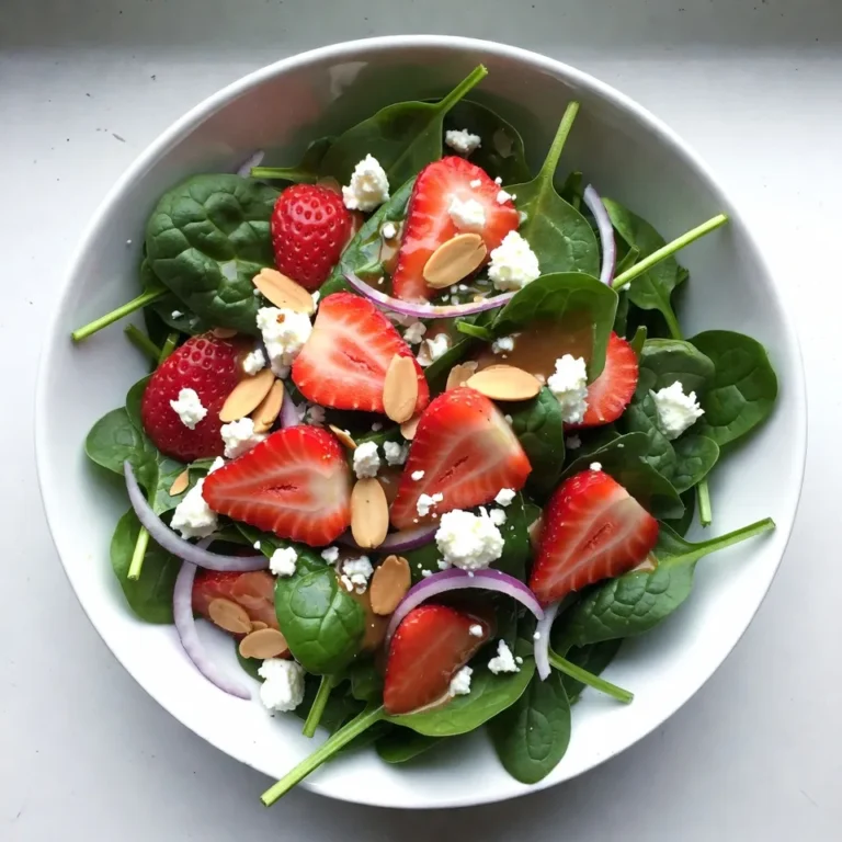 - 4 cups fresh spinach leaves - 2 cups strawberries - 1/2 cup crumbled feta cheese - 1/4 cup sliced almonds - 1/4 cup balsamic vinegar - 2 tablespoons honey - 2 tablespoons olive oil - Salt and pepper to taste When you make this salad, fresh produce is key. The spinach gives a nice crunch. Strawberries add a sweet and juicy burst. For cheese, crumbled feta works wonders. It gives a salty flavor that pairs well with the sweet strawberries. Sliced almonds add a nice crunch and healthy fat. The dressing is simple yet flavorful. Balsamic vinegar brings tanginess. Honey adds sweetness. Olive oil gives richness. Salt and pepper help balance the taste. Each ingredient plays a role. Together, they create a fresh and savory dish. You will love how easy it is to mix and enjoy! {{ingredient_image_1}} First, grab a small bowl. In it, whisk together the balsamic vinegar, honey, olive oil, salt, and pepper. This mix will create a tangy dressing that brings the salad to life. Make sure to taste it and adjust the seasoning if needed. A good dressing should balance the sweet and tangy flavors perfectly. Next, take a large bowl and add the fresh spinach leaves. On top of the spinach, add the sliced strawberries, crumbled feta cheese, sliced almonds, and red onion. Each ingredient adds its own unique taste and texture. For example, the strawberries bring sweetness, while the feta adds creaminess. Toss these ingredients together gently to mix them well. Now, it’s time to drizzle the dressing over the salad. Pour it evenly to ensure each bite is flavorful. Toss the salad gently to coat everything in the dressing. Let the salad sit for about five minutes. This allows the flavors to meld together, making each bite even tastier. Serve it in individual bowls or on a large platter. You can add extra almonds or feta on top for a nice finishing touch. To boost the flavor of your salad, try adding fresh herbs. Basil or mint gives a nice twist. You can also add a sprinkle of red pepper flakes for a bit of heat. If you want a sweet touch, try adding sliced peaches or mandarin oranges. They pair well with strawberries and spinach. A bit of lemon zest can also brighten the dish. For a stunning look, serve the salad in a large, clear bowl. This lets the colors shine. You can sprinkle extra feta and almonds on top for a nice finish. A few whole strawberries on the side add charm, too. For a festive touch, add edible flowers like nasturtiums or pansies. They make the dish pop! After mixing the salad, let it sit for about 5 minutes. This time allows the flavors to blend well. The dressing soaks into the spinach and strawberries, making each bite tastier. If you let it sit too long, the spinach may wilt, so keep an eye on it. Serve the salad fresh for the best taste. Pro Tips Use Fresh Ingredients: For the best flavor and texture, always use fresh spinach and ripe strawberries. Toast the Almonds: Toasting the almonds enhances their flavor and adds a delightful crunch to the salad. Let it Marinate: Allow the salad to sit for a few minutes after dressing to let the flavors meld beautifully. Customize Your Cheese: Feel free to substitute feta with goat cheese or blue cheese if you prefer a stronger flavor. {{image_2}} You can boost the nutrition of your salad by adding protein. Grilled chicken works great here. Slice it thin and mix it in. This adds a nice savory touch. If you prefer a plant-based option, use chickpeas. Drain and rinse a can of chickpeas, then toss them in. They add texture and protein. If you need a vegan version, skip the feta cheese. Try using avocado for creaminess instead. For a gluten-free salad, ensure your dressing has no gluten. Most balsamic vinegars are safe, but check labels. If you have nut allergies, omit the sliced almonds. Sunflower seeds can give a similar crunch. Fruits can change with the seasons. In summer, try adding fresh peaches or blueberries. They taste amazing with spinach. In fall, consider using apples or pears. You can also switch the greens! Kale or arugula can replace spinach for different flavors. These small changes keep the salad fresh and exciting year-round. To keep your salad fresh, store leftovers in an airtight container. This keeps air out and moisture in. If you have dressing left, store it separately. The dressing can make the greens soggy. This salad stays fresh in the fridge for about 2 to 3 days. You might notice the spinach wilting after that. Enjoy it while it’s crisp for the best flavor and texture. If you like to prep, wash and slice the strawberries ahead of time. You can also chop the red onion and toast the almonds. Keep these in separate containers. This way, you can mix everything quickly when you're ready to eat. You can prepare the salad in advance by following these tips: - Make the dressing first. Whisk balsamic vinegar, honey, and olive oil in a bowl. Store it in the fridge. - Wash and dry spinach ahead. Keep the leaves dry to avoid sogginess. - Cut strawberries shortly before serving. This keeps them fresh and bright. - Combine ingredients just before serving. Toss everything together with the dressing for the best taste. Yes! There are many tasty options if you want to swap feta cheese: - Goat cheese offers a creamy texture and tangy flavor. - Blue cheese gives a bold and sharp taste. - Cotija cheese is a crumbly option with a mild flavor. - Vegan cheese is great for a dairy-free choice. Pair this salad with these delicious dishes: - Grilled chicken adds protein and depth. - Quinoa provides a hearty, nutritious side. - Crusty bread or garlic bread makes for a filling meal. - Soup offers a warm, comforting option alongside the salad. This blog post guides you through creating a delicious Strawberry Spinach Salad. You learned about fresh ingredients like spinach and strawberries, plus feta and almonds for crunch. We discussed how to prepare the dressing and assemble the salad for the best flavor. With tips for enhancing taste and presentation, you can impress at your next meal. Variations let you customize for any diet. Store leftovers properly to keep them fresh. Enjoy making this salad again and again. It’s simple, fresh, and full of flavor!