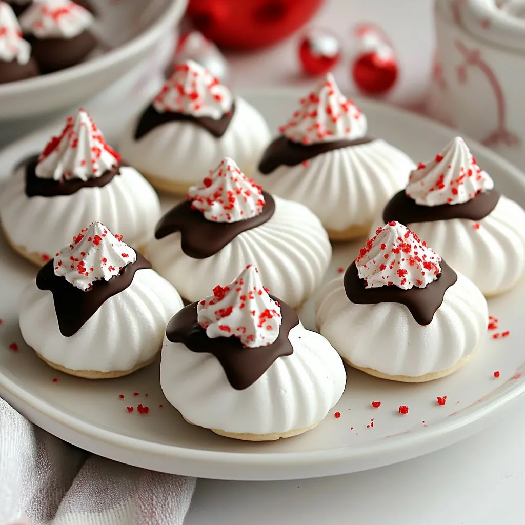 To make Chocolate Dipped Peppermint Meringues, gather these items: - 4 large egg whites - 1 cup granulated sugar - 1/2 teaspoon cream of tartar - 1/2 teaspoon pure peppermint extract - 1/4 teaspoon salt - 4 ounces dark chocolate, chopped - 1/4 cup crushed peppermint candies These simple ingredients create a delightful treat. The egg whites give meringues their light texture. Sugar adds sweetness and structure. Cream of tartar helps stabilize the egg whites. Peppermint extract brings a fresh flavor. Dark chocolate and crushed candies add a festive touch. You can make some easy swaps. If you don’t have cream of tartar, use lemon juice or vinegar. It helps stabilize the egg whites too. For peppermint extract, try almond extract for a different taste. If you prefer milk chocolate, that works well too! Most of these ingredients are common. You can find egg whites and sugar at any grocery store. Look for cream of tartar in the baking aisle. Peppermint extract is often near vanilla extract. For dark chocolate, choose a good brand for the best taste. Crushed peppermint candies can be found during the holiday season. You can also crush regular candies if needed. {{ingredient_image_1}} First, preheat your oven to 200°F (90°C). Line a baking sheet with parchment paper. This keeps the meringues from sticking. In a clean bowl, whisk the egg whites at medium speed. Watch them become frothy. After that, add the cream of tartar and salt. Keep whisking until you see soft peaks form. This means the egg whites are ready for sugar. Gradually add the sugar, one tablespoon at a time. Whisk on high until the meringue is glossy and has stiff peaks. It should look shiny and hold its shape. Next, gently fold in the peppermint extract. This adds a nice minty flavor. Make sure your mixing bowl is clean and dry. Any grease can stop the egg whites from whipping well. Use fresh eggs for the best results. Older eggs may not whip as nicely. If you want to check for peaks, turn the bowl upside down. If the meringue stays in place, you're good to go. Remember to whisk gently when folding in the peppermint extract. You want to keep the air you just whipped in the egg whites. Now, transfer the meringue to a piping bag with a star tip. Pipe small mounds, about 2 inches wide, onto the baking sheet. Space them out so they have room to expand. Bake the meringues for about 1.5 hours. They should feel dry and lift off the parchment easily. Once they’re done, turn off the oven but leave the meringues inside for 30 minutes. This helps them cool slowly. While cooling, melt your chopped dark chocolate in a microwave-safe bowl. Use 30-second bursts, stirring in between. Once melted, dip the bottoms of the meringues into the chocolate. Sprinkle them with crushed peppermint candies. Let them sit on a wire rack until the chocolate sets. Enjoy your festive treats! When making meringues, avoid a few key mistakes. First, make sure your mixing bowl is clean and dry. Any grease can stop the egg whites from whipping up properly. Second, do not rush adding the sugar; do it slowly. This helps form strong peaks. Lastly, do not open the oven while baking. This can cause your meringues to collapse. To get perfect meringues, start with room temperature egg whites. They whip up better than cold ones. Use a whisk or mixer on medium speed until frothy, then add cream of tartar and salt. Whisk until soft peaks form. Gradually add sugar, whisking on high speed until glossy and stiff peaks form. Fold in peppermint extract gently to keep the mix airy. For beautiful meringues, consider a few fun decorating ideas. After dipping in chocolate, sprinkle crushed peppermint candies on top. This adds color and flavor. For a festive touch, arrange them on a bright platter. You can also place them in decorative cupcake liners. Add whole peppermint candies around them for extra flair. Pro Tips Use Room Temperature Egg Whites: For the best volume and stability in your meringue, ensure the egg whites are at room temperature before whisking. Don’t Rush the Sugar Addition: Adding sugar gradually helps create a smoother meringue and prevents it from becoming grainy. Test Your Meringue: To check if your meringue is ready, turn the bowl upside down. If it stays put, you're good to go! Store Properly: Keep your meringues in an airtight container at room temperature to maintain their crispness for up to a week. {{image_2}} You can change the peppermint flavor if you want. Try using vanilla extract for a sweet twist. Almond extract adds a nice nutty taste. For a fruity touch, use orange or lemon zest. Each flavor will give the meringues a new life. While dark chocolate is rich and delicious, you have options. Milk chocolate makes it sweeter and creamier. White chocolate offers a smooth, buttery flavor. You can even mix chocolates for a layered taste. Each choice will change the look and flavor of your meringues. These meringues fit many holidays. For Christmas, add red and green sprinkles. For Easter, use pastel colors and bunny shapes. In summer, try citrus flavors with a light dip in chocolate. Each season brings a chance to make these treats special and fun. To keep your chocolate dipped peppermint meringues fresh, store them in an airtight container. This will help prevent them from getting soft. Place parchment paper between layers if you stack them. Keep the container in a cool, dry place, away from heat and moisture. When stored properly, these meringues can last up to two weeks. However, they taste best within the first week. After that, they may lose some of their crispness. If you notice any changes in texture, it’s best to eat them quickly. You can freeze meringues for up to three months. To freeze, place them in a single layer on a baking sheet. Once frozen, transfer them to an airtight container or freezer bag. Thaw them in the fridge before serving for the best texture. Just remember, avoid dipping them in chocolate before freezing, as the chocolate can become chalky. Store your meringues in an airtight container. This keeps them dry and crisp. Place layers of parchment paper between them to avoid sticking. Keep them in a cool, dry place away from moisture. If stored properly, they can last up to two weeks. Yes, you can use egg substitutes, but the texture may change. Aquafaba, the liquid from canned chickpeas, works well. It can replace egg whites in a 3:1 ratio. Whip it until stiff peaks form, just like egg whites. The taste and look may differ slightly, but they can still be delicious. Meringues are done when they feel dry to the touch. You should be able to lift them off the parchment easily. If they stick, they need more time. They should also have a light, crisp texture. A slight golden color is fine, but avoid browning. If they look glossy, they may need a bit longer. We covered key ingredients, step-by-step instructions, tips, and variations for making meringues. You can use the right ingredients, avoid common mistakes, and store them well. Remember, the perfect meringue starts with good technique and fresh ingredients. Feel free to explore different flavors and decoration ideas based on seasons or events. With practice, you'll master this sweet treat. Now, it’s time to create your own meringues and impress your friends and family!