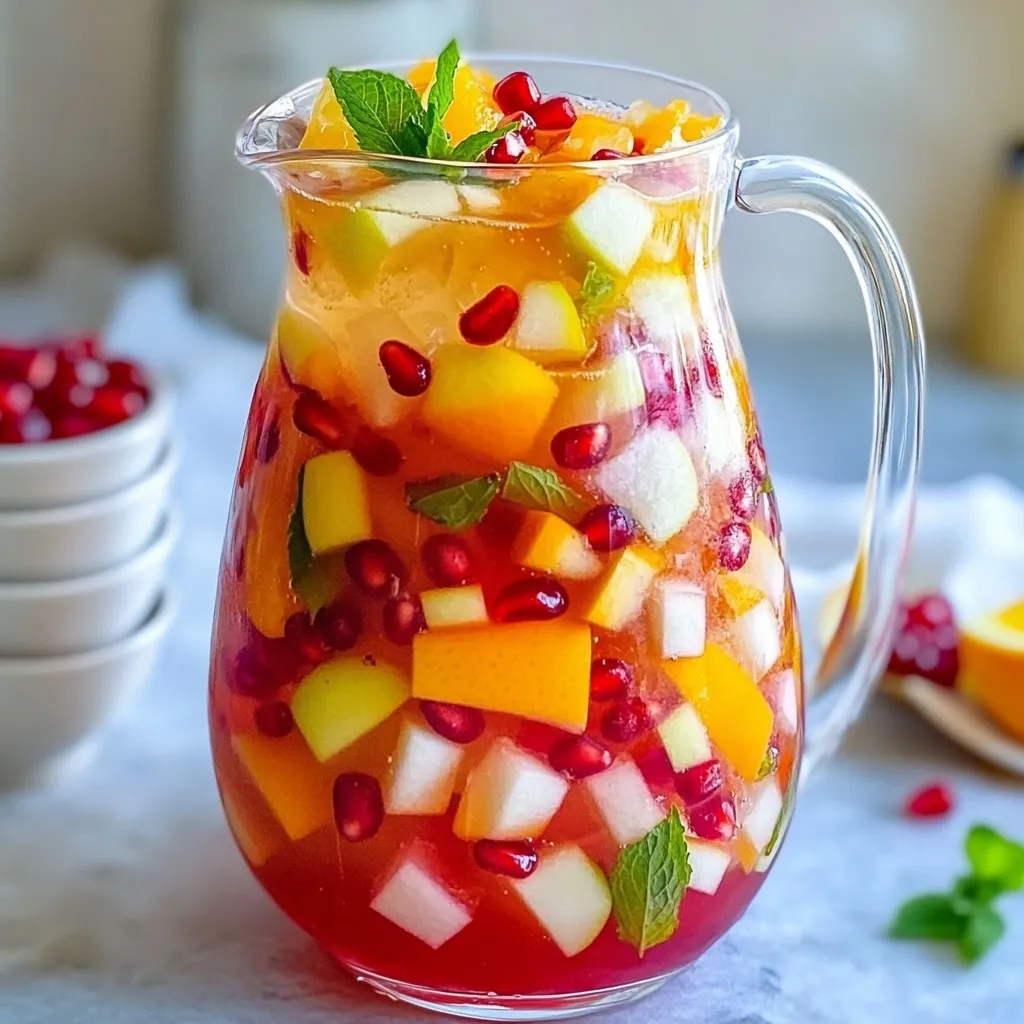 To create the Sparkling Pomegranate Punch, gather these simple ingredients: - 4 cups pomegranate juice - 2 cups sparkling water - 1 cup orange juice - ½ cup fresh lemon juice - 1 cup diced fresh fruits (like oranges, apples, and pomegranate seeds) - 3 tablespoons honey or agave syrup (optional, for sweetness) - Fresh mint leaves for garnish - Ice cubes You can easily swap some ingredients for different flavors: - Use cranberry juice instead of pomegranate juice for a tart twist. - Try club soda instead of sparkling water if you want less sweetness. - Use lime juice instead of lemon juice for a zesty kick. - Replace fresh fruits with whatever is in season or your personal favorites. - Agave syrup can be replaced with sugar or maple syrup for sweetness. If you need help with measurements, here are some common conversions: - 1 cup = 8 ounces - ½ cup = 4 ounces - 3 tablespoons = 1.5 ounces - 4 cups = 32 ounces - 2 cups = 16 ounces - 1 cup = 240 milliliters - 1 tablespoon = 15 milliliters These conversions make it easy to adjust your recipe based on what you have at home. {{ingredient_image_1}} Start by getting a large pitcher. Pour in 4 cups of pomegranate juice. Then, add 1 cup of orange juice and ½ cup of fresh lemon juice. Stir the juices well. This mix gives your punch a bright, tangy flavor. If you like your punch sweeter, add 3 tablespoons of honey or agave syrup. Stir until it fully dissolves. Taste the mixture. Adjust the sweetness to your liking. This step is key for a balanced drink. Just before serving, fold in 1 cup of diced fresh fruits. Use fruits like oranges, apples, and pomegranate seeds. They add color and texture. Fill each glass halfway with ice cubes. Pour the juice mixture over the ice, filling each glass two-thirds full. Top off each glass with 2 cups of sparkling water. Gently stir to mix, but be careful not to lose the bubbles. Finally, garnish with fresh mint leaves. This adds a lovely aroma and makes it look festive. Enjoy your refreshing Sparkling Pomegranate Punch! To boost the flavor of your Sparkling Pomegranate Punch, think about using fresh juices. Freshly squeezed juice tastes better than store-bought. You can also mix in other fruits. Try berries or pineapple for a new twist. Adding spices like ginger can give it a warm kick. A splash of vanilla extract adds a nice touch too. Experiment with these ideas to find what you love most. Presentation matters! Use a clear pitcher to show off the colorful mix. Add sliced fruits to the pitcher for a vibrant look. When serving, use clear glasses. This way, everyone sees the punch and garnishes. A sprig of mint on top makes each glass pop. You can even add a slice of orange on the rim for style. These small touches make your drink more inviting. Serve your punch cold for the best taste. Chill all your juices before mixing. Add ice cubes just before serving. This keeps the drink crisp and refreshing. If you want to serve it at a party, keep it in an ice bucket. This way, it stays cold as guests enjoy it. Remember, the fizz from the sparkling water is best when it’s chilled. Pro Tips Chill Your Ingredients: For an extra refreshing punch, chill all your juices and sparkling water prior to mixing. This ensures your drink stays cool longer when served. Fruit Variations: Feel free to experiment with different fresh fruits like berries, kiwi, or even tropical fruits such as mango and pineapple for a unique twist. Make It Ahead: You can prepare the juice mixture a few hours in advance and refrigerate it. Just add the sparkling water and fresh fruits right before serving to keep the fizz. Garnish with Style: Use colorful mint leaves and edible flowers as garnishes to make your punch visually appealing and inviting for your guests. {{image_2}} You can make your Sparkling Pomegranate Punch even better by adding seasonal fruits. Fresh fruits not only add flavor but also color. In winter, try adding cranberries, pears, or even blood oranges. In summer, think about watermelon, strawberries, or peaches. These fruits mix well with the pomegranate juice and give a lovely touch. Simply chop the fruits and fold them into the mixture. For an adult twist, you can create an alcoholic version of this punch. Add a splash of vodka or champagne for a fun kick. You can also try rum or gin, depending on your taste. Mix in the alcohol just before serving. This keeps the punch bubbly and refreshing. Remember to adjust the fruit and juice balance to suit your taste better. If you want to change the sweetness, several options exist. You can use agave syrup or maple syrup instead of honey. Stevia is a great low-calorie choice too. If you prefer a fruity note, use fruit juice concentrates. Just remember to taste as you go. This way, you can find the perfect balance for your Sparkling Pomegranate Punch. To keep your sparkling pomegranate punch fresh, store the leftovers in the fridge. Pour the punch into a container with a tight lid. This helps keep the flavors bold and the fizz alive. If you add fruit, eat it within a day. Use glass or plastic pitchers for storage. A glass pitcher looks nice and keeps the punch fresh. If you need to save space, plastic containers work well too. Just make sure they seal tightly to avoid spills. You can store the punch in the fridge for up to three days. After that, it may lose its sparkle and taste. If you notice any changes in flavor or smell, it's best to toss it out. Always trust your senses! Yes, you can make Sparkling Pomegranate Punch ahead of time. Mix the juices and fruits, then store it in the fridge. Keep the sparkling water separate until serving. This way, the fizz stays fresh. You can prepare it up to a day in advance for a stress-free gathering. Serve the punch in clear glasses to show off the beautiful colors. Fill each glass halfway with ice cubes. Pour the juice mixture over the ice until it’s about two-thirds full. Top with sparkling water for that bubbly finish. Add fresh mint leaves on top for a lovely touch. Absolutely! If you want a sweeter punch, add honey or agave syrup. Start with a small amount and taste as you go. You can also skip the sweeteners if you prefer a more tart flavor. Adjusting the sweetness makes it easy to fit your taste. We explored how to create a delicious Sparkling Pomegranate Punch. I shared ingredient lists, substitution ideas, and conversion tips. You learned step-by-step instructions for preparing and serving the punch. Plus, you gained tips for enhancing flavor and stunning presentation. Don't forget about fun variations and smart storage tips. Now, you can make this drink your own. Enjoy making and sharing this festive punch with friends and family!