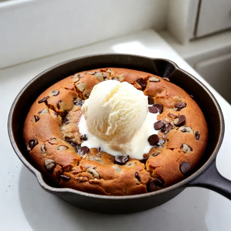 - 2 ½ cups all-purpose flour - 1 teaspoon baking soda - ½ teaspoon salt - 1 cup unsalted butter, softened - ¾ cup granulated sugar - ¾ cup brown sugar, packed - 2 large eggs - 2 teaspoons vanilla extract - 2 cups semi-sweet chocolate chips - ½ cup chopped nuts (optional) When making a Chocolate Chip Cookie Skillet, gather your ingredients. Start with all-purpose flour, which gives the cookie its structure. Baking soda and salt help it rise and balance the flavor. Unsalted butter is key for a rich taste. You need both granulated and brown sugar. Granulated sugar adds sweetness, while brown sugar gives a nice chew. Next, grab two large eggs to bind everything together. Don’t forget the vanilla extract; it enhances the cookie's flavor. Semi-sweet chocolate chips are a must for that classic cookie taste. If you want a crunch, add optional chopped nuts. Remember, each ingredient plays a role in making this treat delicious! {{ingredient_image_1}} 1. Preheat oven: Start by preheating your oven to 350°F (175°C). This step is key to baking the cookie evenly. 2. Whisk dry ingredients: In a medium bowl, whisk together 2 ½ cups of all-purpose flour, 1 teaspoon of baking soda, and ½ teaspoon of salt. Set this aside for now. 3. Cream butter and sugars: In a large bowl, cream together 1 cup of softened unsalted butter, ¾ cup of granulated sugar, and ¾ cup of packed brown sugar. Mix until it becomes light and fluffy. This takes about 2-3 minutes. 4. Add eggs and vanilla: Now, add 2 large eggs one at a time. Mix well after each addition. Next, stir in 2 teaspoons of vanilla extract for flavor. 5. Combine wet and dry ingredients: Gradually add your dry mixture to the wet mixture. Mix until just combined. You don’t want to overmix it. 6. Bake the cookie dough: Fold in 2 cups of semi-sweet chocolate chips and ½ cup of chopped nuts if you like. Pour the cookie dough into a greased 10-inch cast-iron skillet. Spread it out evenly. Bake it for 25-30 minutes. Look for golden brown edges and a soft center. 7. Cool before serving: Once baked, remove the skillet from the oven. Let it cool for about 10 minutes. This lets the center firm up a bit. 8. Serving suggestions: Serve it warm, and for a tasty twist, add a scoop of vanilla ice cream on top. The ice cream will melt into the warm cookie, making it even better. Enjoy! To get the best cookie, start with room temperature ingredients. This helps the butter mix well with the sugars. Use softened butter, not melted. It makes a big difference. Next, don't overmix the dough. Mix until just combined. Overmixing makes the cookie tough. The type of chocolate chips you choose matters. Semi-sweet chips are classic, but dark or milk chocolate can add fun. You can also mix in spices or extracts. Try adding a pinch of cinnamon or a splash of almond extract. These small changes can create a new flavor. Grease your skillet well. Use butter or non-stick spray to prevent sticking. This makes serving easier. Keep an eye on the baking time. For a gooey center, pull it out when the edges are golden and the middle is soft. Let it cool for about ten minutes before serving. This helps it set up just right. Pro Tips Use Room Temperature Butter: Ensure your butter is at room temperature for easier creaming, which helps achieve a light and fluffy cookie dough. Don’t Overmix the Dough: Mix until just combined to avoid tough cookies. The dough should be slightly sticky but manageable. Check for Doneness: The cookie skillet is done when the edges are golden brown and the center is soft. It will continue to set as it cools. Experiment with Mix-Ins: Feel free to customize your skillet cookie by adding different types of chocolate, dried fruits, or even spices like cinnamon for extra flavor. {{image_2}} You can change the flavor of your cookie skillet easily. Try using dark or white chocolate instead of semi-sweet. Dark chocolate gives a rich taste, while white chocolate adds a sweet touch. If you want to add more texture, swap nuts for dried fruits like cranberries or apricots. This twist gives a fun fruity flavor, and it brightens the cookie. Want a gluten-free version? Use gluten-free flour instead of all-purpose flour. This simple swap keeps the cookie tasty while being safe for those with gluten sensitivity. To make it vegan, use plant-based butter and replace eggs with flax eggs or applesauce. Both options help you keep the great flavor while meeting dietary needs. Toppings can take your cookie skillet to the next level. Serve it warm with a scoop of vanilla ice cream that melts into the cookie. The mix of hot and cold is pure bliss. You can also drizzle chocolate sauce over the top for extra sweetness. For a fun surprise, add extra chocolate swirls into the dough before baking. It’s a chocolate lover’s dream! To keep your cookie skillet fresh, store it in the fridge. Place the skillet in an airtight container or cover it with plastic wrap. This prevents drying out. You can also slice the cookie into squares for easy storage. For freezing, cut the cookie into pieces. Wrap each piece tightly in plastic wrap, then place them in a freezer-safe bag. This way, you can enjoy a slice anytime. To reheat your cookie, the oven works best. Preheat it to 350°F (175°C). Place the cookie in the oven for about 10 minutes. This warms it up and keeps the texture nice. You can use the microwave too, but it may make the cookie softer. Heat it for about 15-20 seconds. If you want gooeyness, the microwave is a quick choice. In the fridge, your cookie can last about 4-5 days. Look for signs of spoilage. If it smells off or has mold, toss it out. A dry texture means it's past its prime. If stored in the freezer, it can last for up to 3 months. Just remember to check for freezer burn before eating. How do I make the cookie skillet less gooey? To make your cookie skillet less gooey, bake it a bit longer. Check it at 25 minutes. If the edges are golden brown and the center is still soft, that’s okay. It will firm up as it cools. Can I use a different type of skillet? Yes, you can use any oven-safe skillet. Just make sure it's the right size. A 10-inch skillet works best for even baking. What can I add to make this more decadent? You can add a scoop of ice cream on top. Drizzling hot fudge or caramel sauce also adds a nice touch. Can I make the dough ahead of time? Absolutely! You can make the dough and chill it. Just cover it and store it in the fridge for up to a day. What's the best way to store leftover cookie? Store leftovers in an airtight container. It lasts for 2-3 days at room temperature. How can I tell when it's done baking? Look for golden edges and a slightly soft center. A toothpick inserted should come out with a few crumbs, not wet dough. What should I do if the cookie skillet is too dry? If your cookie skillet is dry, it may have baked too long. Next time, check it a few minutes earlier. You can also serve it warm with ice cream to add moisture. In this blog post, we explored all the ingredients needed to make a perfect cookie skillet. You learned step-by-step how to mix and bake your dough and tips for great texture and flavor. We also discussed variations, storage methods, and answered common questions. Baking is fun, and with these tips, you will enjoy delicious cookies. Try these ideas and share your cookie skillet success! Each bite will be worth it.