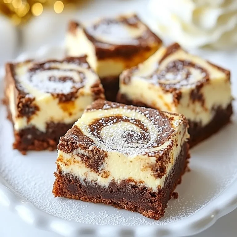 To make Gingerbread Cheesecake Brownies, you need some simple yet tasty ingredients. Here’s the list: - 1 cup unsalted butter, melted - 1 cup brown sugar, packed - 1/2 cup granulated sugar - 4 large eggs - 1 teaspoon vanilla extract - 1 1/2 cups all-purpose flour - 1/2 cup unsweetened cocoa powder - 1 tablespoon ground ginger - 1 tablespoon ground cinnamon - 1/2 teaspoon ground nutmeg - 1/2 teaspoon baking powder - 1/2 teaspoon salt For the cheesecake layer, gather these: - 16 oz cream cheese, softened - 1/2 cup granulated sugar - 1 large egg - 1 teaspoon vanilla extract These ingredients blend well to create a rich brownie with a smooth cheesecake twist. Each one adds flavor and texture. The spices bring warmth and cheer, making these brownies a perfect holiday treat! {{ingredient_image_1}} - Preheat the oven to 350°F (175°C). - Grease and line a 9x13 inch baking dish with parchment paper. - In a large bowl, whisk melted butter with both sugars until smooth. - Mix in eggs one at a time, then add vanilla. - In another bowl, combine flour, cocoa powder, ground ginger, ground cinnamon, ground nutmeg, baking powder, and salt. - Gradually mix dry ingredients into the wet ingredients. Stir until just combined. - In a medium bowl, beat softened cream cheese with sugar until creamy. - Add in one egg and vanilla extract, mixing until well blended. - Pour half of the brownie batter into the baking dish, spreading it evenly. - Carefully dollop cheesecake mixture over the brownie base and spread gently. - Pour the remaining brownie batter on top. Use a knife or skewer to swirl the layers together for a marbled effect. - Bake the brownies for 30-35 minutes. A toothpick should come out mostly clean. - Allow the brownies to cool completely in the pan on a wire rack. - Once cooled, lift the brownies out using the parchment paper edges and slice into squares. To get the best texture for your brownies, avoid overmixing the batter. Mix until just combined to keep them fudgy. Also, ensure your cream cheese is softened. This helps create a smooth cheesecake layer without lumps. For a richer taste, consider adding chocolate chips to the brownie layer. This adds a nice surprise with each bite. You can also experiment with additional spices. Try a pinch of allspice or cloves to boost that warm holiday flavor. Make your brownies look extra special by dusting them with powdered sugar. This adds a festive touch. Serve them with a dollop of whipped cream or a scoop of ice cream on the side. This makes for a delightful treat that everyone will love. Pro Tips Use Room Temperature Ingredients: Ensure your cream cheese and eggs are at room temperature for a smoother cheesecake layer, which will help create a creamier texture. Don’t Overmix the Batter: When combining the dry and wet ingredients, mix just until combined to avoid tough brownies. Swirling Technique: For a beautiful marbled effect, use a knife to gently swirl the cheesecake layer into the brownie batter without completely mixing them together. Cooling Time: Allow the brownies to cool completely in the pan for easier cutting and to maintain their shape when sliced. {{image_2}} You can easily make these brownies gluten-free. Just swap all-purpose flour with gluten-free flour. This simple change makes a big difference. Your brownies will still taste rich and delicious. Want to spice things up? You can add a hint of peppermint extract. This gives your brownies a fun holiday twist. You can also mix in chopped nuts or dried fruit. These add texture and flavor. Try walnuts, pecans, or even cranberries for a festive touch. These brownies pair well with hot cocoa or spiced tea. The warm drinks balance the sweet flavors. They are perfect for holiday gatherings or potlucks. Slice them into small squares for easy serving. Guests will love this tasty treat! You can keep your gingerbread cheesecake brownies fresh by storing them in an airtight container at room temperature. This method helps maintain their moist texture and flavor. If you want them to last longer, simply place the container in the fridge. This will extend their shelf life for several days. To freeze brownies, first let them cool completely. Cut them into squares, then wrap each piece tightly in plastic wrap. Place the wrapped brownies in a freezer-safe bag or container. This will prevent freezer burn and keep them fresh. When you’re ready to enjoy, pull a brownie from the freezer. Let it thaw in the fridge overnight or at room temperature for a few hours. For a warm treat, you can also reheat them in the microwave for 10-15 seconds. Gingerbread cheesecake brownies can last for up to five days at room temperature. Store them in an airtight container to keep them fresh. If you want them to last longer, refrigerate them. They will stay good for about a week in the fridge. Just remember to let them sit at room temperature for a few minutes before serving for the best taste. Yes, you can make these brownies ahead of time. You can bake them a day or two before you need them. Just let them cool completely and store them in an airtight container. If you want to make them even earlier, you can freeze them. Wrap them tightly in plastic wrap and then place them in a freezer bag. They can last up to three months in the freezer. When you’re ready to eat them, just thaw them in the fridge overnight. These brownies taste great on their own, but you can make them even better with a few extras. Serve them with a dollop of whipped cream on top for a light touch. A scoop of vanilla ice cream goes well too, adding creaminess to each bite. You might also enjoy pairing them with a cup of spiced tea or hot cocoa. These drinks will enhance the cozy flavors of the brownies. You now have all the steps to make delicious gingerbread cheesecake brownies. We covered the ingredients, baking tips, and even how to store leftovers. Remember, mixing the layers well creates a beautiful marbled look. You can also get creative with flavors and spices. Whether for a holiday treat or a cozy night in, these brownies are sure to impress. Try making them this week! Enjoy every bite of your tasty creation.