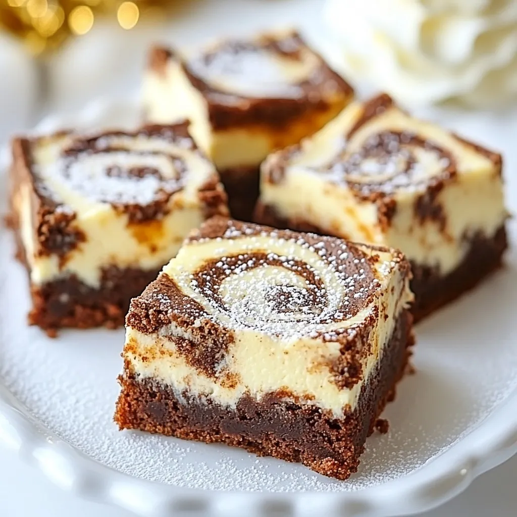 To make Gingerbread Cheesecake Brownies, you need some simple yet tasty ingredients. Here’s the list: - 1 cup unsalted butter, melted - 1 cup brown sugar, packed - 1/2 cup granulated sugar - 4 large eggs - 1 teaspoon vanilla extract - 1 1/2 cups all-purpose flour - 1/2 cup unsweetened cocoa powder - 1 tablespoon ground ginger - 1 tablespoon ground cinnamon - 1/2 teaspoon ground nutmeg - 1/2 teaspoon baking powder - 1/2 teaspoon salt For the cheesecake layer, gather these: - 16 oz cream cheese, softened - 1/2 cup granulated sugar - 1 large egg - 1 teaspoon vanilla extract These ingredients blend well to create a rich brownie with a smooth cheesecake twist. Each one adds flavor and texture. The spices bring warmth and cheer, making these brownies a perfect holiday treat! {{ingredient_image_1}} - Preheat the oven to 350°F (175°C). - Grease and line a 9x13 inch baking dish with parchment paper. - In a large bowl, whisk melted butter with both sugars until smooth. - Mix in eggs one at a time, then add vanilla. - In another bowl, combine flour, cocoa powder, ground ginger, ground cinnamon, ground nutmeg, baking powder, and salt. - Gradually mix dry ingredients into the wet ingredients. Stir until just combined. - In a medium bowl, beat softened cream cheese with sugar until creamy. - Add in one egg and vanilla extract, mixing until well blended. - Pour half of the brownie batter into the baking dish, spreading it evenly. - Carefully dollop cheesecake mixture over the brownie base and spread gently. - Pour the remaining brownie batter on top. Use a knife or skewer to swirl the layers together for a marbled effect. - Bake the brownies for 30-35 minutes. A toothpick should come out mostly clean. - Allow the brownies to cool completely in the pan on a wire rack. - Once cooled, lift the brownies out using the parchment paper edges and slice into squares. To get the best texture for your brownies, avoid overmixing the batter. Mix until just combined to keep them fudgy. Also, ensure your cream cheese is softened. This helps create a smooth cheesecake layer without lumps. For a richer taste, consider adding chocolate chips to the brownie layer. This adds a nice surprise with each bite. You can also experiment with additional spices. Try a pinch of allspice or cloves to boost that warm holiday flavor. Make your brownies look extra special by dusting them with powdered sugar. This adds a festive touch. Serve them with a dollop of whipped cream or a scoop of ice cream on the side. This makes for a delightful treat that everyone will love. Pro Tips Use Room Temperature Ingredients: Ensure your cream cheese and eggs are at room temperature for a smoother cheesecake layer, which will help create a creamier texture. Don’t Overmix the Batter: When combining the dry and wet ingredients, mix just until combined to avoid tough brownies. Swirling Technique: For a beautiful marbled effect, use a knife to gently swirl the cheesecake layer into the brownie batter without completely mixing them together. Cooling Time: Allow the brownies to cool completely in the pan for easier cutting and to maintain their shape when sliced. {{image_2}} You can easily make these brownies gluten-free. Just swap all-purpose flour with gluten-free flour. This simple change makes a big difference. Your brownies will still taste rich and delicious. Want to spice things up? You can add a hint of peppermint extract. This gives your brownies a fun holiday twist. You can also mix in chopped nuts or dried fruit. These add texture and flavor. Try walnuts, pecans, or even cranberries for a festive touch. These brownies pair well with hot cocoa or spiced tea. The warm drinks balance the sweet flavors. They are perfect for holiday gatherings or potlucks. Slice them into small squares for easy serving. Guests will love this tasty treat! You can keep your gingerbread cheesecake brownies fresh by storing them in an airtight container at room temperature. This method helps maintain their moist texture and flavor. If you want them to last longer, simply place the container in the fridge. This will extend their shelf life for several days. To freeze brownies, first let them cool completely. Cut them into squares, then wrap each piece tightly in plastic wrap. Place the wrapped brownies in a freezer-safe bag or container. This will prevent freezer burn and keep them fresh. When you’re ready to enjoy, pull a brownie from the freezer. Let it thaw in the fridge overnight or at room temperature for a few hours. For a warm treat, you can also reheat them in the microwave for 10-15 seconds. Gingerbread cheesecake brownies can last for up to five days at room temperature. Store them in an airtight container to keep them fresh. If you want them to last longer, refrigerate them. They will stay good for about a week in the fridge. Just remember to let them sit at room temperature for a few minutes before serving for the best taste. Yes, you can make these brownies ahead of time. You can bake them a day or two before you need them. Just let them cool completely and store them in an airtight container. If you want to make them even earlier, you can freeze them. Wrap them tightly in plastic wrap and then place them in a freezer bag. They can last up to three months in the freezer. When you’re ready to eat them, just thaw them in the fridge overnight. These brownies taste great on their own, but you can make them even better with a few extras. Serve them with a dollop of whipped cream on top for a light touch. A scoop of vanilla ice cream goes well too, adding creaminess to each bite. You might also enjoy pairing them with a cup of spiced tea or hot cocoa. These drinks will enhance the cozy flavors of the brownies. You now have all the steps to make delicious gingerbread cheesecake brownies. We covered the ingredients, baking tips, and even how to store leftovers. Remember, mixing the layers well creates a beautiful marbled look. You can also get creative with flavors and spices. Whether for a holiday treat or a cozy night in, these brownies are sure to impress. Try making them this week! Enjoy every bite of your tasty creation.