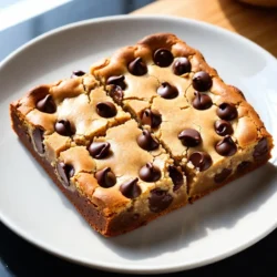 To make these peanut butter chocolate chip blondies, you will need the following: - 1 cup creamy peanut butter - 1/2 cup unsalted butter, softened - 1 cup brown sugar, packed - 1/2 cup granulated sugar - 2 large eggs - 2 teaspoons vanilla extract - 1 1/2 cups all-purpose flour - 1 teaspoon baking powder - 1/4 teaspoon salt - 1 cup chocolate chips (semi-sweet or dark) You can swap some ingredients if needed. Here are a few ideas: - Instead of creamy peanut butter, use crunchy peanut butter for extra texture. - You can replace unsalted butter with coconut oil for a dairy-free option. - Use coconut sugar in place of brown sugar for a lower glycemic index. - For a vegan option, replace eggs with flaxseed meal mixed with water. - Almond flour works well if you need a gluten-free version. Using good ingredients makes a big difference in flavor. Here are some tips: - Choose natural peanut butter with no added sugar or oils for a pure taste. - Use fresh eggs to get the best rise and texture. - For chocolate chips, opt for high-quality brands for richer flavor. - Always check the expiration dates on your baking powder and flour to ensure freshness. When you gather quality ingredients, your blondies will taste amazing! {{ingredient_image_1}} First, gather all your ingredients. You need: - 1 cup creamy peanut butter - 1/2 cup unsalted butter, softened - 1 cup brown sugar, packed - 1/2 cup granulated sugar - 2 large eggs - 2 teaspoons vanilla extract - 1 1/2 cups all-purpose flour - 1 teaspoon baking powder - 1/4 teaspoon salt - 1 cup chocolate chips Next, preheat your oven to 350°F (175°C). Grease a 9x13 inch baking pan. You can also line it with parchment paper for easier removal later. In a large mixing bowl, combine the creamy peanut butter and softened butter. Use an electric mixer to beat them until creamy. This step is key for a smooth blend. Then, add the brown and granulated sugars. Mix until the sugars are fully combined. Now, it's time for the eggs. Add them one at a time. Make sure each egg mixes in well before adding the next. Then, pour in the vanilla extract and mix until smooth. In a separate bowl, whisk the flour, baking powder, and salt together. Gradually mix the dry ingredients into the wet mix. Be careful not to overmix; this keeps your blondies soft. Finally, gently fold in the chocolate chips. Save a few for the top. Pour the batter into your prepared baking pan. Spread it out evenly. Sprinkle the reserved chocolate chips on top for extra goodness. Bake in the preheated oven for 25-30 minutes. You want the edges to be lightly golden. To check if they are done, insert a toothpick in the center. It should come out with a few moist crumbs. Once baked, let them cool in the pan for about 10 minutes. Then, move them to a wire rack to cool completely. After cooling, cut them into squares and enjoy! To get that perfect, chewy texture, mix the dough just right. Overmixing makes the blondies tough. When you add the flour, mix until you see no dry spots. This keeps them soft and moist. Let them cool before cutting. This helps them hold their shape well. One big mistake is not measuring the ingredients correctly. Use measuring cups for accuracy. Another mistake is skipping the cooling time. Cutting them too soon can lead to a gooey mess. Make sure your oven is at 350°F (175°C) before baking. An oven thermometer can help you check this. Serve these blondies warm for a tasty treat. A scoop of vanilla ice cream on top makes it special. Drizzle some chocolate sauce over them for extra flavor. You can also sprinkle some sea salt on top. This adds a nice contrast to the sweetness. For a fun twist, try serving with fresh berries. Pro Tips Use Room Temperature Ingredients: Ensuring your butter and eggs are at room temperature helps them blend more easily, resulting in a smoother batter. Don't Overmix: Mix the dry ingredients into the wet just until combined to keep the blondies soft and chewy. Check for Doneness: Since oven temperatures may vary, start checking your blondies a few minutes before the recommended baking time to avoid overbaking. Add Extra Toppings: For an extra touch, sprinkle some sea salt or chopped nuts on top before baking for added flavor and texture. {{image_2}} If you want to make these blondies nut-free, you can swap the peanut butter. Use sun butter or soy nut butter instead. Both options give a similar taste and texture. They are safe for those with nut allergies. Just check the labels to ensure they are nut-free. You can change up the flavor by adding extras. Try mixing in chopped nuts like walnuts or pecans for a crunch. You can also add spices like cinnamon or nutmeg for warmth. If you love coconut, toss in some shredded coconut. Each add-in brings a new twist to the blondies. Want a healthier version? You can use low-sugar alternatives. Replace brown sugar with coconut sugar or a sugar substitute. For a gluten-free option, use almond flour or a gluten-free mix. These swaps keep the taste while making the blondies lighter. Enjoy the treat without the guilt! To keep your peanut butter chocolate chip blondies fresh, store them in an airtight container. This helps keep them moist. Place a piece of parchment paper between layers to prevent sticking. You can store them at room temperature for up to four days. If you want them to last longer, refrigerate them. They will stay fresh for up to a week in the fridge. Freezing blondies is simple and effective. First, let them cool completely. Then, cut them into squares. Wrap each square in plastic wrap. Place the wrapped squares in a freezer-safe bag or container. Label the bag with the date. These blondies will stay good in the freezer for up to three months. When you're ready to enjoy them, just take out a square and let it thaw at room temperature. Reheating blondies is quick and easy. You can use the microwave for this. Place a square on a microwave-safe plate. Heat it for about 10-15 seconds. This warms the blondie without making it dry. You can also reheat them in the oven. Preheat your oven to 350°F (175°C), and warm the blondies for about 5-10 minutes. Enjoy them warm with a scoop of ice cream! You can check if the blondies are done by looking at the edges. They should be lightly golden. Insert a toothpick in the center. If it comes out with a few moist crumbs, they are ready. This usually takes about 25 to 30 minutes in the oven. Yes, you can use different chocolate chips. Semi-sweet or dark chocolate chips work best. You might also try milk chocolate for a sweeter taste. White chocolate chips can add a nice twist too. Just keep the amount the same for a balanced flavor. These blondies are great on their own. But you can make them even better! Serve them warm with a scoop of vanilla ice cream. Drizzle some chocolate sauce on top for extra yum. Fresh berries or whipped cream also make a nice touch. Enjoy experimenting with different pairings! This post covered all you need for making delicious Peanut Butter Chocolate Chip Blondies. We explored key ingredients, preparation steps, and helpful tips for the best texture. We also discussed tasty variations and storage methods. Always remember to avoid common mistakes and keep these blondies fresh. Try using different chocolate or nuts for fun twists. Enjoy making and sharing this treat with friends and family!