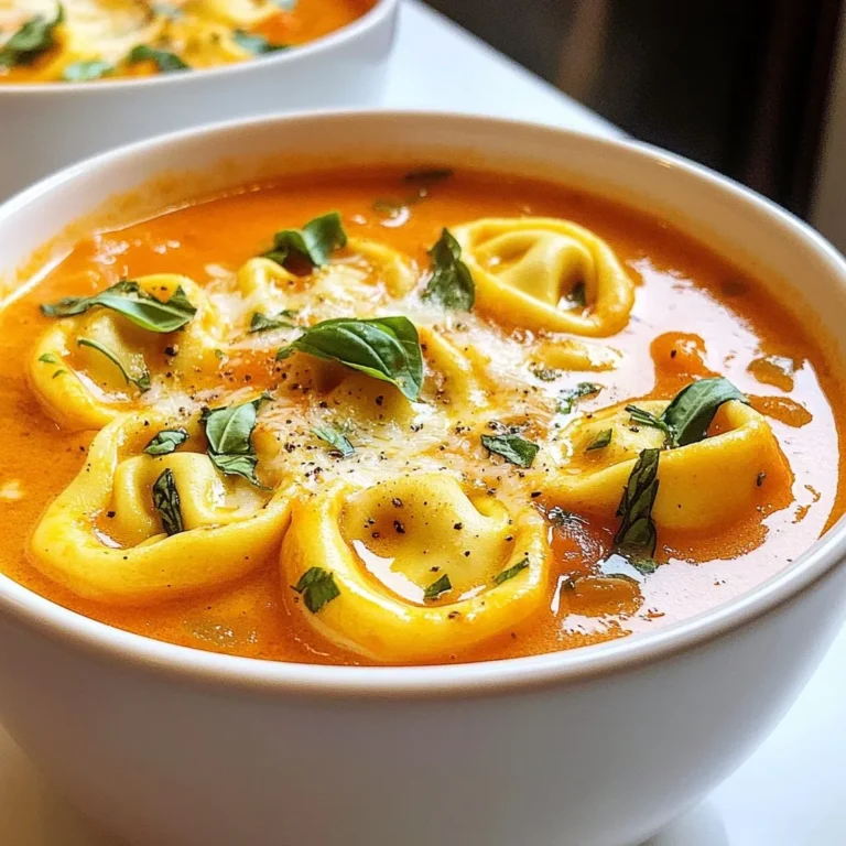- 2 tablespoons olive oil - 1 medium onion, diced - 3 garlic cloves, minced - 1 can (28 oz) crushed tomatoes - 4 cups vegetable broth - 1 teaspoon dried oregano - 1/2 teaspoon red pepper flakes - 2 cups fresh basil leaves, roughly chopped - 1 cup heavy cream - 1 package (9 oz) cheese tortellini - Salt and pepper to taste In this creamy tomato basil tortellini soup, each ingredient plays a key role. The olive oil starts the flavor base. Diced onion adds sweetness, while minced garlic brings a rich aroma. Crushed tomatoes create the soup’s body, giving it a bright, tangy taste. Vegetable broth rounds out the flavors and adds depth. Dried oregano infuses a warm, herbal note. If you like heat, red pepper flakes give a nice kick. Fresh basil adds a pop of color and freshness. Heavy cream makes the soup rich and smooth. Cheese tortellini adds a delightful bite, making this soup hearty. Finally, salt and pepper balance all the tastes. - Fresh basil - Parmesan cheese Garnishes elevate your dish. Fresh basil adds a burst of flavor. Sprinkling Parmesan cheese on top adds a nutty taste and creamy texture. These simple touches can make your soup even more special. {{ingredient_image_1}} To start, heat 2 tablespoons of olive oil in a large pot over medium heat. Once hot, add 1 medium diced onion. Sauté the onion for about 5 minutes until it turns translucent. This step brings out the onion's natural sweetness. Next, stir in 3 minced garlic cloves. Cook them for another minute until the garlic smells amazing. This step adds depth to our soup. Now, pour in 1 can of crushed tomatoes and 4 cups of vegetable broth. Stir well to mix everything together. Bring this mixture to a gentle boil. After the mixture boils, add 1 teaspoon of dried oregano, and if you like heat, toss in 1/2 teaspoon of red pepper flakes. Season with salt and pepper to taste. Lower the heat and let the soup simmer for 15 minutes. This allows all the flavors to blend nicely. Next, it’s time to make it creamy. Stir in 2 cups of fresh basil leaves and 1 cup of heavy cream. Mix well to combine everything. The cream makes the soup rich and smooth. Now, add 1 package (9 oz) of cheese tortellini. Cook according to the package instructions, usually about 5 to 7 minutes. The tortellini should be tender and cooked through. After cooking, taste the soup. Adjust the seasoning if needed. You might want more salt, pepper, or basil. This step ensures your soup has the perfect flavor. Enjoy the fruits of your labor! To make the best soup, start with the right sautéing techniques. Heat the olive oil over medium heat. Add the diced onion and sauté until it turns soft, about five minutes. This step builds flavor. Next, add the minced garlic. Cook it for just one minute. You want it fragrant but not burnt. Cooking tortellini can be tricky. Follow the package instructions for the best results. Usually, it takes about five to seven minutes. Make sure the tortellini is tender but not mushy. You want each bite to be perfect. If you need a dairy-free option, try using coconut cream instead of heavy cream. It adds a rich flavor without dairy. For a lighter taste, you can use almond milk. For pasta choices, you can swap cheese tortellini for gluten-free or whole wheat options. This makes the soup fit your diet better while keeping it delicious. Serve your soup with a sprinkle of fresh basil on top. This adds color and flavor. You can also add grated Parmesan cheese for a savory touch. For a fun twist, use a bread bowl. It makes for a great serving idea and adds more flavor. Pro Tips Use Fresh Ingredients: Fresh basil and high-quality tomatoes enhance the flavor of the soup significantly. Opt for in-season tomatoes for the best taste. Adjust Creaminess: For a lighter version, substitute heavy cream with half-and-half or coconut milk, maintaining the same creamy texture without the extra calories. Customize Your Tortellini: Feel free to experiment with different fillings in your tortellini, such as spinach and ricotta or mushroom, to add a unique flavor twist to the soup. Make Ahead: This soup can be made ahead of time and stored in the refrigerator for up to 3 days. Just add the tortellini when reheating to keep it fresh. {{image_2}} You can make this soup heartier by adding protein. Chicken or sausage works well. If you use chicken, cook it before adding it to the soup. Dice it into small pieces. If you choose sausage, slice it and brown it in the pot first. This adds a nice flavor to the soup. Adding more veggies can boost nutrition and flavor. Spinach and zucchini are great options. Spinach wilts quickly and adds a lovely green color. Just stir it in before adding the tortellini. For zucchini, slice it thin and cook it with the onions. This gives a nice texture and taste. You can change the heat level with spices. If you want some kick, add more red pepper flakes. Just be careful; a little goes a long way. For a milder flavor, skip the flakes or use less. You can also try adding a pinch of smoked paprika for a different twist. This can really enhance the depth of flavor in the soup. To store leftovers, let the soup cool first. Then, place it in an airtight container. This will keep the soup fresh. You can store it in the fridge for up to four days. The flavors will meld and get even better! To freeze the soup, first, let it cool completely. Pour the soup into freezer-safe bags or containers. Leave some space at the top for expansion. It can stay frozen for up to three months. When you want to eat it, thaw the soup in the fridge overnight. To reheat, pour it into a pot. Heat it on low until warm. Stir it often to keep it smooth. If it seems too thick, add a little broth or water. Enjoy the deliciousness! Yes, you can make this soup ahead of time. It tastes even better the next day. I recommend storing it in the fridge for up to three days. If you want to keep it longer, freeze it. The soup will last up to three months in the freezer. Just make sure to store it in an airtight container. If you need a gluten-free option, look for gluten-free tortellini. Many brands offer a variety made with rice or corn flour. Always check the label to be sure. You can also use gluten-free pasta instead. Just adjust the cooking time according to the package instructions. There are a few simple ways to thicken your soup. You can: - Add more heavy cream for a richer texture. - Use a cornstarch slurry (mix cornstarch with cold water). - Blend a portion of the soup and return it to the pot for a creamier feel. Each method gives a different texture, so try what you like best! This blog post shared essential ingredients and easy steps for a delicious soup. We covered favorite tips for perfecting your dish and offered fun variations. Remember, you can customize your soup with proteins and veggies for added flavor. Storing leftovers is simple, too! You can freeze your soup for later enjoyment. Enjoy experimenting in the kitchen and delighting in your tasty creations. Making soup can be fun and rewarding. Keep these tips close as you cook!
