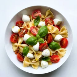 For a fresh and tasty Caprese Pasta Salad, gather these ingredients: - 8 oz. farfalle (bowtie) pasta - 1 cup cherry tomatoes, halved - 1 cup mini mozzarella balls (bocconcini) - 1 cup fresh basil leaves, torn - 1/4 cup extra virgin olive oil - 2 tablespoons balsamic glaze - Salt and pepper to taste - 1 teaspoon garlic powder - 1 tablespoon pine nuts, toasted (optional) Each ingredient adds flavor and texture. Farfalle pasta gives a fun shape. Cherry tomatoes add sweetness. Mini mozzarella balls bring creaminess. Fresh basil adds a bright note. Olive oil and balsamic glaze provide a rich dressing. Garlic powder boosts flavor. Pine nuts, if you choose, add a nice crunch. Using fresh and high-quality ingredients makes the salad even better. Always taste as you go. Adjust salt and pepper to fit your taste. Enjoy the vibrant colors as you prepare this dish. {{ingredient_image_1}} Bring a large pot of salted water to a boil. Add the farfalle pasta. Cook it until it is al dente, following the package instructions. This usually takes about 8 to 10 minutes. Drain the pasta and rinse it with cold water. This cools the pasta down quickly and stops the cooking process. Grab a small bowl and whisk together the olive oil, balsamic glaze, garlic powder, salt, and pepper. Make sure the mixture is well combined. Taste it and adjust the seasoning if needed. This dressing adds great flavor to the salad. In a large mixing bowl, combine the cooled pasta, halved cherry tomatoes, mini mozzarella balls, and torn basil leaves. If you want some crunch, add the toasted pine nuts. This adds a nice texture to your salad. Pour the prepared dressing over the pasta mixture. Gently toss everything together. Aim to coat all ingredients evenly with the dressing. This helps each bite taste amazing. Let the salad sit for about 10 minutes at room temperature. This allows the flavors to meld together. Serve it in a large bowl or individual plates. For a beautiful touch, garnish with extra basil leaves and a drizzle of balsamic glaze. Enjoy the fresh and vibrant flavors! To make great Caprese Pasta Salad, you need perfectly cooked pasta. Use a large pot with salty water. Bring the water to a rolling boil before adding the farfalle pasta. Cook it according to the package instructions. I usually aim for al dente, which means the pasta should be firm to the bite. This keeps it from getting mushy when mixed with the other ingredients. Once cooked, drain the pasta quickly. Rinse it with cold water to stop the cooking process. This helps keep the pasta fresh and cool. The dressing can make or break your salad. I start with extra virgin olive oil and balsamic glaze. They bring a rich flavor to the dish. Whisk these together in a bowl. Add garlic powder, salt, and pepper to taste. You can adjust the flavors based on your preference. Want more tang? Add a bit more balsamic glaze. For a creamier texture, try mixing in some plain yogurt or sour cream. Feel free to experiment with herbs like oregano or thyme for a twist. If you have leftovers, store them in an airtight container. Keep it in the fridge for up to three days. The pasta may soak up some of the dressing, but that’s okay! Just add a splash of olive oil or balsamic glaze when you serve it again. It’s always best to enjoy it fresh. So, try to make just enough for your meal. If you do have extras, they still taste great the next day! Pro Tips Fresh Ingredients: Use the freshest cherry tomatoes and basil for the best flavor in your salad. Chill the Salad: For an even more refreshing dish, chill the salad in the refrigerator for about 30 minutes before serving. Customize Your Cheese: Feel free to mix in other types of cheese like feta or goat cheese for a different flavor profile. Perfect Pasta: Be careful not to overcook the pasta; it should be al dente to hold up well in the salad. {{image_2}} You can easily add proteins to your Caprese pasta salad. Grilled chicken or shrimp work well. Cook the chicken until golden and tender. For shrimp, sauté them until they turn pink. Chop these proteins into bite-sized pieces. Mix them into the salad for extra flavor and nutrients. While farfalle pasta is great, you can try other shapes too. Penne, fusilli, or rotini can add fun textures. Each type holds the dressing differently. Choose a pasta that you enjoy the most. Cook it as directed, then let it cool before mixing. If you want a vegan option, swap mozzarella for vegan cheese. Look for plant-based mozzarella that melts well. You can also use avocado for creaminess. This keeps the salad rich and satisfying. Don't forget to check the balsamic glaze for added sugars. Each serving of Caprese Pasta Salad has about 350 calories. This number can change based on the amount of dressing you use. The pasta and cheese add most of the calories. - Carbohydrates: 40 grams - Protein: 12 grams - Fat: 18 grams This salad has a good mix of carbs, protein, and healthy fat. The farfalle pasta gives you energy, while the mozzarella and olive oil add protein and fat. - Cherry Tomatoes: High in vitamins A and C. They also contain antioxidants that help fight free radicals. - Basil: Great for digestion and full of anti-inflammatory properties. It adds fresh flavor too. - Olive Oil: Packed with heart-healthy fats. It can help lower bad cholesterol levels. - Mozzarella: A good source of calcium, which is good for your bones. Using these fresh ingredients makes this salad not just tasty but also healthy. Enjoy the flavors and benefits! If you can't find mozzarella, use burrata or feta cheese. Both have a creamy texture. You can also try vegan cheese if you want a dairy-free option. These cheeses give a nice taste to the salad. You can store Caprese Pasta Salad in the fridge for up to three days. Keep it in an airtight container. If you notice the pasta soaking up the dressing, add more right before serving. Yes, you can make this salad a few hours before serving. Just follow the recipe and chill it in the fridge. To keep it fresh, add the dressing right before eating. This helps keep the pasta and veggies crisp. No, Caprese Pasta Salad is not gluten-free due to the pasta. However, you can use gluten-free pasta as a substitute. This way, you can enjoy the same great taste without the gluten. This blog post covered a tasty Caprese pasta salad. We explored the ingredients, like farfalle pasta and fresh basil. I shared simple steps to prepare and dress your salad. You learned tips for perfect pasta and storage. We also discussed various ways to customize the dish. In closing, this salad is easy to make and packed with flavor. It’s perfect for any meal or occasion. Enjoy creating your version and sharing it with friends!