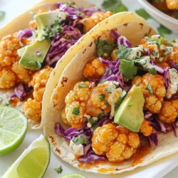 - 1 medium head of cauliflower - 8 small corn tortillas - 1 cup buffalo sauce - 1 cup all-purpose flour - 1 cup water - 1 cup breadcrumbs (preferably panko) - Spices: garlic powder, paprika, onion powder, salt, black pepper - 1 avocado, sliced - 1 cup shredded red cabbage - 1/4 cup fresh cilantro, chopped - Lime wedges When I make Buffalo cauliflower tacos, I love to focus on fresh, simple ingredients. The cauliflower acts as the star of the dish. I choose a medium head of cauliflower and cut it into bite-sized florets. This size helps the cauliflower cook evenly and become crispy. Corn tortillas are my go-to for these tacos. They add a nice, soft base that holds all the flavors. I warm them up in a skillet right before I serve the tacos. The buffalo sauce is rich and spicy, adding a bold kick that makes each bite exciting. For the coating, I mix flour, water, and spices. This batter helps the breadcrumbs stick. I use panko breadcrumbs for extra crunch. It’s all about that crispy texture! Toppings make these tacos even better. Slices of creamy avocado balance the heat. Shredded red cabbage adds a nice crunch and freshness. Fresh cilantro brightens the dish, and lime wedges give a zesty finish. These ingredients come together to create a dish that is not only tasty but also vibrant. Each bite is a delightful mix of flavors and textures. {{ingredient_image_1}} First, I preheat the oven to 425°F (220°C). I line a baking sheet with parchment paper. This helps the cauliflower not stick. In a bowl, I mix together 1 cup of flour and 1 cup of water. I add garlic powder, paprika, onion powder, salt, and black pepper. I whisk it until smooth. This batter will coat the cauliflower nicely. Next, I dip each cauliflower floret into the batter. I make sure it is fully coated. Then, I roll it in breadcrumbs for that crunchy texture. I place the coated florets on the prepared baking sheet. I bake them for 25-30 minutes. Halfway through, I flip them to ensure they bake evenly. They should be golden brown and crispy when done. Once the cauliflower is baked, I toss it in buffalo sauce. I want every piece to be coated well. In a small bowl, I mix shredded red cabbage with a pinch of salt and lime juice. This adds a nice crunch. I warm the corn tortillas in a skillet for about 20-30 seconds on each side. To assemble the tacos, I place a few florets on each tortilla. I top them with the cabbage slaw, avocado slices, and chopped cilantro. I serve them with lime wedges for extra flavor. - Use panko breadcrumbs for extra crunch. - Coat the cauliflower well in the batter. - Bake at 425°F (220°C) for a perfect crisp. - Flip the florets halfway to cook evenly. When you dip the cauliflower, make sure it’s fully covered with the batter. This helps the breadcrumbs stick better. A hot oven gives the cauliflower a great crunch. - Mix lime juice and salt into the cabbage slaw. - Add sliced jalapeños for a spicy kick. - Top with your favorite hot sauce for more heat. A splash of lime juice brightens the slaw. It adds a fresh taste that pairs well with the buffalo sauce. If you like heat, don’t hesitate to add extra toppings. - Serve with sides like corn chips or guacamole. - Pair with a light beer or a soda. - Use ranch or blue cheese dressing as dips. Corn chips add a nice crunch next to the tacos. A cold drink will balance the spicy flavors. Dipping sauces can soften the heat and add more flavor. Pro Tips Use Fresh Cauliflower: Opt for a firm, fresh head of cauliflower for the best texture and flavor. Avoid any with dark spots or soft spots. Experiment with Spices: Feel free to adjust the spices in the batter to match your taste preferences, such as adding cayenne for extra heat. Choose Quality Buffalo Sauce: The flavor of your tacos will greatly depend on the buffalo sauce. Select a high-quality sauce that you enjoy. Keep Tortillas Warm: To prevent tortillas from cracking, keep them warm in a clean kitchen towel while you assemble the tacos. {{image_2}} You can easily adapt this recipe for vegan and gluten-free diets. To make it vegan, swap all-purpose flour with almond flour or chickpea flour. Both options provide great texture. For gluten-free breadcrumbs, look for brands made from rice or corn. These substitutions keep the dish flavorful and satisfying. If you want a quicker option, try using an air fryer. Preheat the air fryer to 400°F (200°C). Place the coated cauliflower in a single layer. Cook for about 15-20 minutes, shaking the basket halfway through. You can also grill cauliflower for a smoky taste. Brush the florets with oil and grill over medium heat until tender and charred. Feel free to get creative with your fillings! Add bell peppers, onions, or even black beans for extra flavor. For protein, shredded chicken or tofu works well too. You can also switch up the sauces. Try ranch, chipotle mayo, or even a tangy yogurt sauce for a different twist. To keep your Buffalo Cauliflower Tacos fresh, store them in an airtight container. This helps keep the tacos safe from air and moisture. Place a piece of parchment paper between layers if you stack them. This prevents them from sticking together. Keep the tacos in the fridge for up to three days. To stop sogginess, store the cauliflower and tortillas separately. This keeps the tortillas from getting wet. You can wrap the tortillas in foil or plastic wrap. Place the cauliflower in a container with a lid. For crispy leftovers, the oven works best. Preheat your oven to 375°F (190°C). Spread the cauliflower on a baking sheet. Heat for about 10-15 minutes, or until crispy again. This reheating method keeps the crunch intact. If you want to reheat the tortillas, warm them in a dry skillet for about 30 seconds on each side. This makes them soft and warm, just like fresh. Store the leftovers in the fridge for up to three days for the best taste. Yes, you can prep some parts ahead. Cut the cauliflower and store it in the fridge. You can also mix the batter and slaw a day before. Just keep them covered. Bake the cauliflower just before serving for the best crunch. This way, you save time and still enjoy fresh tacos. You have many tasty options! Here are some great ideas: - Black beans for protein - Mexican rice for a hearty side - Corn salad for a fresh crunch - Guacamole for creamy goodness - Fresh fruit salsa for a sweet touch These sides balance the spicy flavors of the tacos and make your meal more filling. To tone down the heat, try these tips: - Use less buffalo sauce when coating the cauliflower. - Mix some ranch or yogurt into the buffalo sauce. - Add more toppings like avocado or slaw to cool it down. - Choose a mild buffalo sauce if you want less heat. These changes help you enjoy the tacos without too much spice while keeping the flavor. Buffalo Cauliflower Tacos are simple and delicious. We started with fresh cauliflower and made a tasty batter. We added spices, coated the florets, and baked them for crunch. Topped with avocado and slaw, these tacos shine. You can customize them with different flavors and cooking methods. Store leftovers wisely to keep them fresh. Enjoy these tasty tacos any night of the week! Make them for friends or family, and they'll love them just as much.