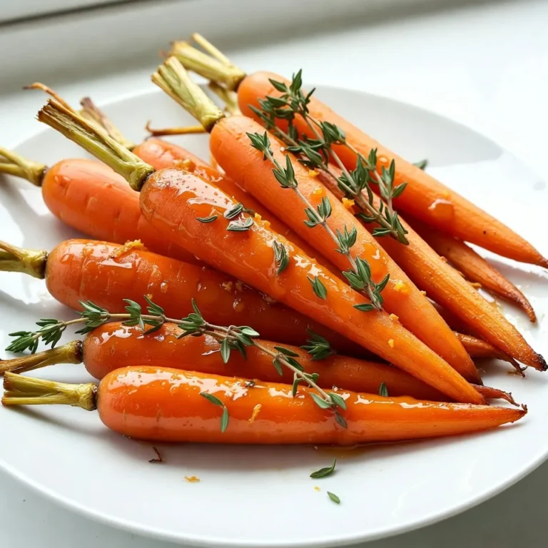 To make maple glazed carrots, gather these ingredients: - 1 lb baby carrots, peeled - 3 tablespoons maple syrup - 2 tablespoons unsalted butter - 1 teaspoon fresh thyme leaves - Salt and pepper to taste - Zest of 1 orange (optional) These ingredients are simple but full of flavor. Fresh baby carrots give a sweet crunch. Maple syrup adds rich sweetness. Butter makes everything smooth. Thyme brings an earthy note. Orange zest can brighten the dish. This dish serves four people. Each serving provides: - Calories: 120 - Fat: 6g - Carbohydrates: 18g - Fiber: 3g - Protein: 1g Maple glazed carrots are a healthy side. They are low in calories and high in flavor. You get vitamins and minerals from the carrots too. You can swap ingredients based on your taste. Here are some ideas: - Use honey instead of maple syrup for a different sweetness. - Olive oil can replace butter for a dairy-free option. - Dried thyme works if you have no fresh thyme. - For a zesty kick, add lemon zest instead of orange zest. These swaps help you customize the dish while keeping it tasty. Enjoy experimenting with the flavors! {{ingredient_image_1}} Start by gathering your ingredients. You will need: - 1 lb baby carrots, peeled - 3 tablespoons maple syrup - 2 tablespoons unsalted butter - 1 teaspoon fresh thyme leaves - Salt and pepper to taste - Zest of 1 orange (optional) Once you have everything, peel the baby carrots. This step helps the glaze stick better. If you want, you can use whole carrots, but baby carrots are sweeter and cook faster. In a large skillet, melt the butter over medium heat. Watch it carefully so it doesn’t burn. Once melted, add the peeled baby carrots. Sauté them for about 5 minutes. Stir occasionally until they start to soften. Next, pour the maple syrup over the carrots. Sprinkle in salt, pepper, and thyme. These add flavor and depth. Now, turn the heat up to medium-high. Cook for an additional 5 to 7 minutes. Stir often until the carrots are tender and have a nice caramelized look. If you’re using orange zest, add it in the last minute. This adds a bright flavor that pairs well with the maple syrup. For perfect caramelization, keep the heat at medium-high. This helps to create a nice glaze on the carrots. Stir the carrots often to ensure they cook evenly. If they start to stick, add a little water or more butter. Using fresh thyme is key. It adds a great earthy taste. If you want more flavor, try adding a pinch of cinnamon or nutmeg. These spices can give your dish an extra kick. Remember, the goal is to have tender carrots with a sweet, sticky glaze. Enjoy your maple glazed carrots as a side dish for any meal! For the best maple glazed carrots, look for fresh, firm baby carrots. They should have a bright orange color. Avoid carrots that feel soft or have dark spots. I love using baby carrots because they cook evenly and look cute on the plate. If you can, buy organic carrots for better flavor and safety. Fresh herbs can take these carrots to the next level. I always add thyme for its earthy taste. You can also try rosemary or parsley if you like. Adding herbs at the right time is key. Mix them in when you add the maple syrup. This way, their flavors blend well with the sweetness. One common mistake is cooking the carrots too long. Keep an eye on them while they sauté. You want them tender but not mushy. Another mistake is not seasoning enough. Salt and pepper bring out the carrot's natural sweetness, so don’t skip them. Lastly, if you use orange zest, add it near the end for a bright kick. Pro Tips Use Fresh Thyme: Fresh thyme adds a vibrant flavor to the dish. If you can, use fresh instead of dried for the best results. Adjust Sweetness: Depending on your taste preferences, feel free to adjust the amount of maple syrup to make the dish sweeter or less sweet. Carrot Size Matters: For even cooking, try to use carrots that are similar in size. If using larger carrots, cut them into uniform pieces. Garnish with Nuts: For added texture and flavor, consider garnishing your glazed carrots with toasted walnuts or pecans before serving. {{image_2}} You can switch up the sweetener for maple glazed carrots. Honey works great if you want a floral taste. Agave syrup is another good choice. It adds a mild sweetness and is vegan. Brown sugar will also give a nice caramel flavor. If you prefer a sugar-free option, try a sugar substitute like stevia. Each sweetener changes the flavor a bit, so feel free to experiment. Adding spices can give your carrots a fun twist. Cinnamon pairs well with the sweetness of maple. Just a pinch will do. You can also try nutmeg or ginger for warmth. For a savory note, add garlic powder or onion powder. Fresh herbs like parsley or dill can brighten the dish. Just sprinkle them in near the end of cooking. You can cook maple glazed carrots in different ways. Roasting them in the oven gives a nice caramelization. Simply toss the carrots with the glaze and spread them on a baking sheet. Bake at 400°F for about 20-25 minutes. Steaming is another quick method. It keeps the carrots tender and bright. Steam for about 5-7 minutes, then toss with the glaze. Each method brings out different flavors and textures, so choose what you like best! After enjoying your maple glazed carrots, let them cool down. Place them in an airtight container. This keeps them fresh and tasty. Store the container in the fridge. They will stay good for up to three days. If you want to enjoy them later, it's best to avoid adding orange zest until you reheat. To reheat, you can use a skillet. Heat a little butter over medium heat. Add the leftover carrots and cook until warm. Stir them gently to avoid burning. You can also use a microwave. Place the carrots in a microwave-safe dish. Cover it loosely with a lid or paper towel. Heat in short bursts, stirring in between, until they are hot. You can freeze maple glazed carrots for later. First, let them cool completely. Then, place them in a freezer-safe bag. Squeeze out as much air as you can. Label the bag with the date. They can last for up to three months in the freezer. When you're ready to enjoy them, thaw in the fridge overnight. Then, reheat using the skillet method for the best flavor. Yes, you can use frozen carrots. Just remember to thaw them first. Frozen carrots may take a bit longer to cook. They can also be softer than fresh ones. For best results, sauté them until heated through and lightly caramelized. This gives them a nice flavor and texture. To make maple glazed carrots vegan, swap the butter for a plant-based option. Use coconut oil or vegan butter for the same rich flavor. The rest of the recipe stays the same. You’ll still get that sweet, sticky glaze from the maple syrup. This way, everyone can enjoy this tasty side dish! Maple glazed carrots go well with many dishes. They pair nicely with roasted chicken or pork. The sweetness balances the savory flavors. You can also serve them with quinoa or rice for a healthy meal. Try them alongside a fresh salad for a colorful plate. They add a vibrant touch to any meal! In this blog post, we covered key points about maple glazed carrots. We explored ingredients, cooking steps, tips for best results, and ways to store leftovers. I also shared how to make tasty variations and answered common questions. Remember, fresh ingredients make a big difference. Experiment with sweeteners and spices for new flavors. With these tips, you can create a dish that impresses. Enjoy your cooking and savor each bite of your maple glazed carrots!