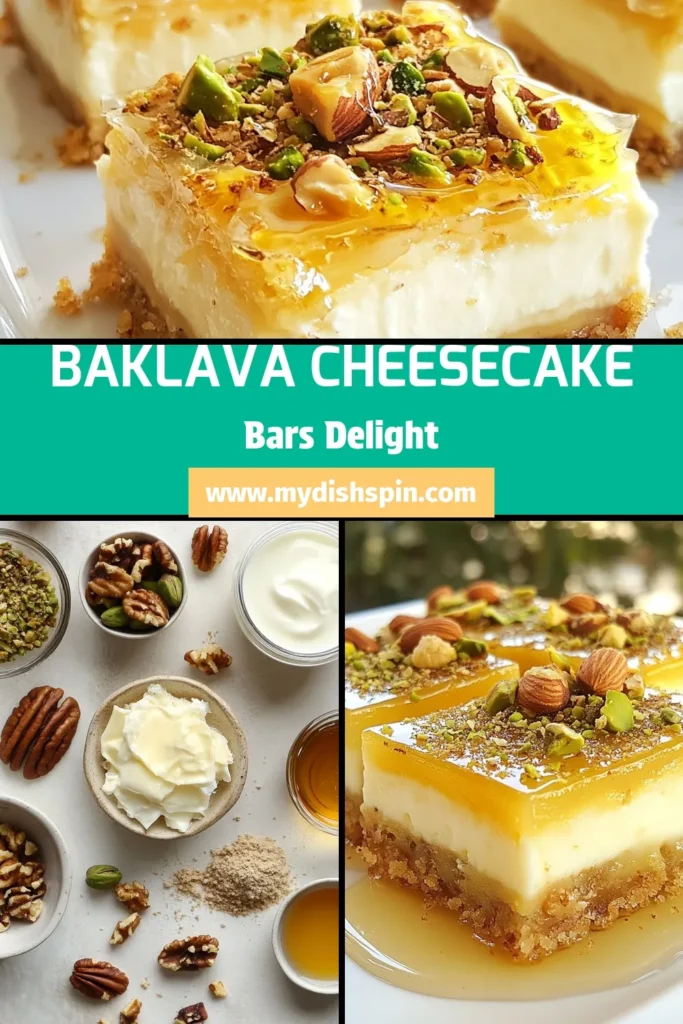 Indulge in these delightful Baklava Cheesecake Bars, combining classic flavors in a creamy phyllo dough dessert. This cream cheese dessert recipe is inspired by traditional Turkish baklava, featuring rich textures and a nutty crunch. Perfect for any gathering, these nutty cheesecake bars are a showstopper. Don't miss out on this delicious treat! Save the recipe now and impress your guests. #BaklavaCheesecakeBars #CreamCheeseDessertRecipe #PhylloDoughDessert #TurkishBaklavaInspiredRecipe