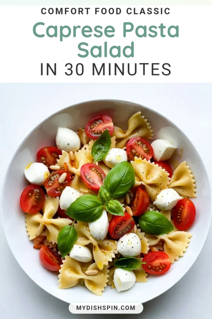 Try this delicious Caprese pasta salad recipe featuring farfalle pasta, cherry tomatoes, and mini mozzarella balls. Perfect for summer gatherings, this fresh basil salad combines vibrant flavors and is easy to make. Toss your ingredients together, drizzle with balsamic glaze, and serve! Enjoy a delightful side dish or main course. Save this simple mozzarella pasta recipe for your next picnic. #CapresePastaSalad #FarfallePastaSalad #CherryTomatoSalad #FreshBasilSalad