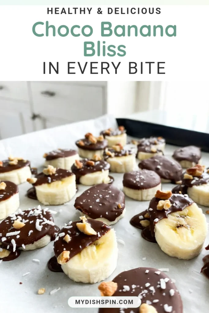 Indulge in these delicious choco-banana bites, the perfect healthy chocolate snacks for a guilt-free treat! This easy no-bake chocolate-covered bananas recipe features ripe bananas dipped in melted dark chocolate and topped with nuts and coconut. These frozen banana desserts are not only tasty but also quick to make. Perfect for a summer snack or a sweet bite anytime! Save this recipe for your dessert cravings! #ChocoBananaBites #HealthySnacks #FrozenDesserts #NoBakeTreats