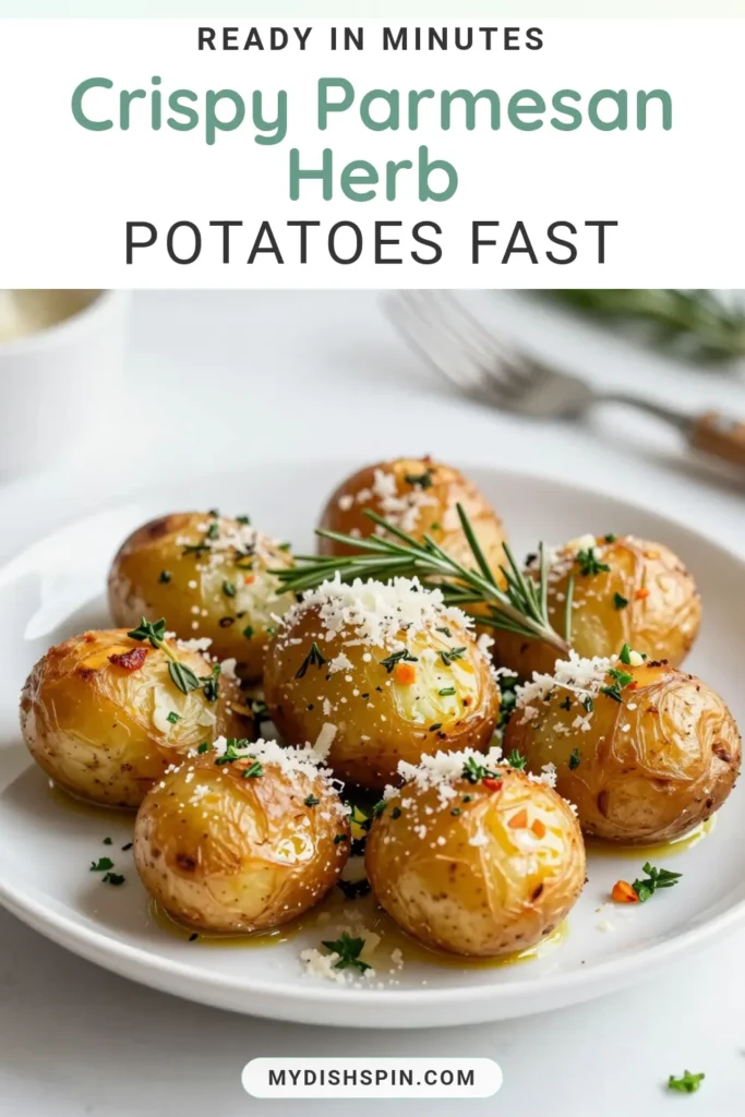 Discover the perfect easy potato side dish with these delicious Parmesan Herb Roasted Potatoes. This crispy roasted potatoes recipe features herb roasted baby potatoes, coated in olive oil, garlic, and fresh herbs, topped with savory Parmesan cheese. Ideal for any meal, these garlic Parmesan potatoes will impress your guests! Try making this simple and flavorful dish today! Save for later! #ParmesanRoastedPotatoes #EasyPotatoSideDish #RoastedPotatoes #GarlicParmesanPotatoes