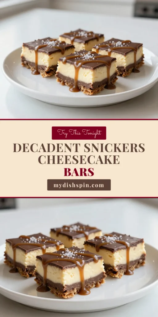 Indulge in these Snickers cheesecake bars, the perfect no-bake cheesecake recipe for chocolate lovers! These easy dessert bars combine a creamy cheesecake layer with rich chocolate and caramel flavors, topped with Snickers chunks for a delightful finish. Ideal for parties or a sweet treat, this chocolate caramel cheesecake will impress everyone! Save this recipe for your next dessert craving! #SnickersCheesecakeBars #EasyDessertBars #NoBakeCheesecake #ChocolateCaramelCheesecake