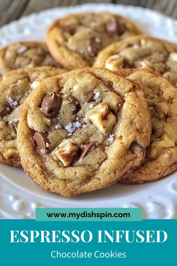Indulge in these mouthwatering Espresso Chocolate Chip Cookies that blend rich coffee flavor with delicious chocolate chips. This homemade espresso cookie recipe is perfect for coffee lovers craving a sweet treat. Topped with flaky sea salt, these coffee-infused cookies will be a hit at any gathering. Try this easy chocolate chip cookie recipe today and elevate your cookie game! Save for later! #EspressoChocolateChipCookies #CoffeeInfusedCookies #HomemadeEspressoCookies #FlakySeaSaltCookies