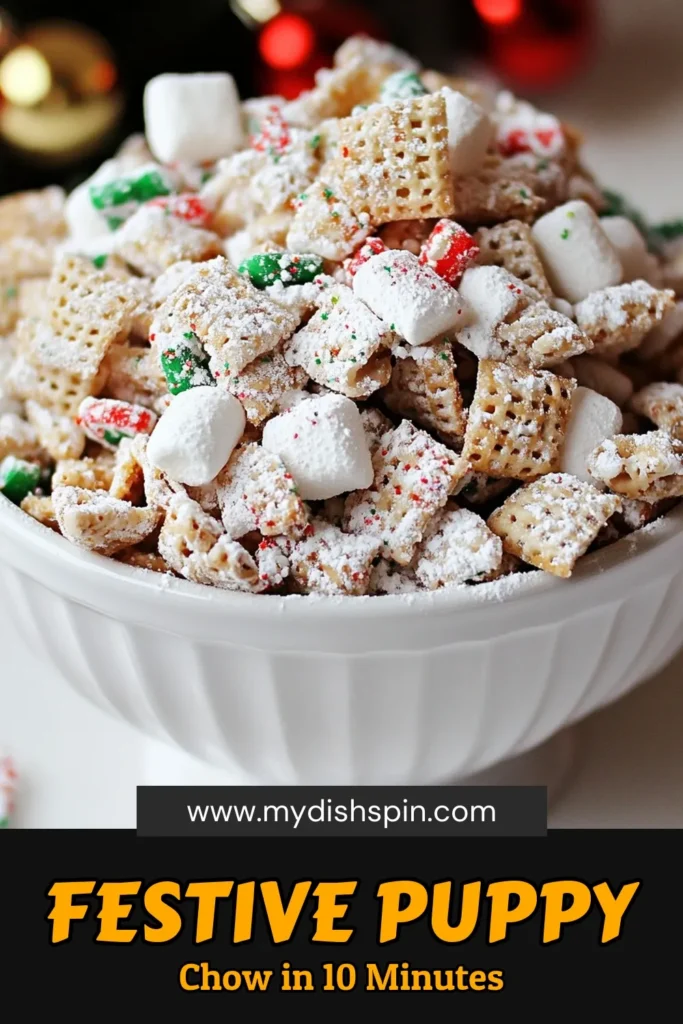 Looking for an easy holiday treat? Try this festive holiday puppy chow recipe! This no-bake puppy chow combines crunchy rice Chex cereal with creamy peanut butter and gooey chocolate, topped with fun holiday sprinkles and mini marshmallows. Perfect for Christmas gatherings or as a tasty gift. Get the full festive puppy chow experience and delight your family and friends. Save this Christmas puppy chow for your next celebration! #PuppyChow #HolidayTreats #NoBakeRecipes #FestiveSnacks